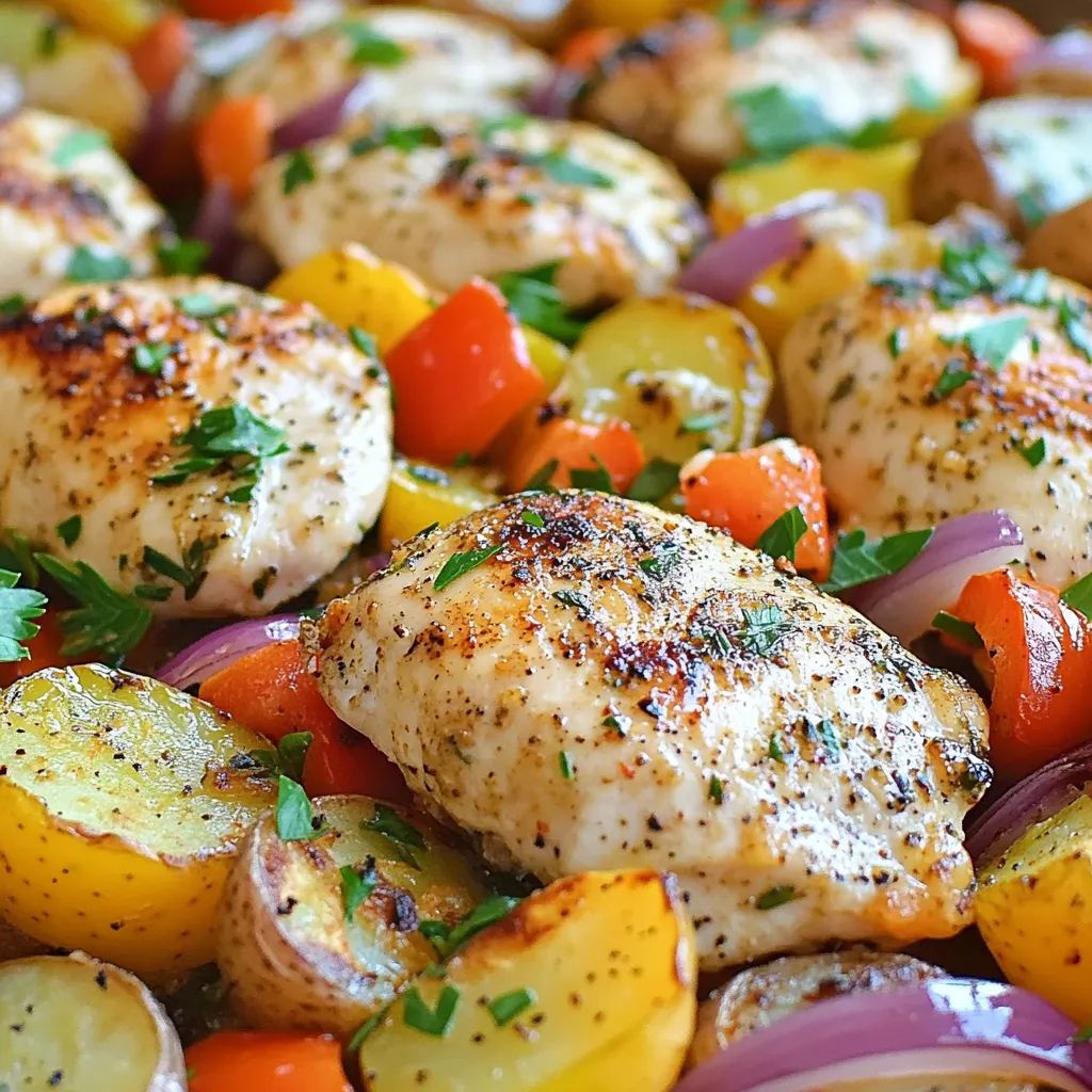 - 4 boneless, skinless chicken breasts - 1 packet of ranch seasoning mix (or homemade) To make your own ranch seasoning, mix: - 1 tablespoon dried dill - 1 tablespoon garlic powder - 1 tablespoon onion powder - 1 tablespoon dried parsley - 1 teaspoon salt - 1 teaspoon black pepper - 2 cups baby potatoes, halved - 1 red bell pepper, julienned - 1 yellow bell pepper, julienned - 1 medium zucchini, sliced into half-moons - 1 medium red onion, cut into wedges - 2 tablespoons extra virgin olive oil - Salt and black pepper, to taste - Fresh parsley, finely chopped (for garnish) These ingredients come together to create a hearty dish. The chicken absorbs all those tasty ranch flavors. The veggies add vibrant colors and textures. Each bite is a mix of juicy chicken and tender veggies. Using fresh ingredients makes a big difference in flavor. Plus, it’s a one-pan meal, making cleanup a breeze. You’ll love how easy and delicious this dish is! {{ingredient_image_2}} First, preheat your oven to 400°F (200°C). This step warms the oven, making it perfect for roasting. Next, grab a large mixing bowl. Pour in 2 tablespoons of extra virgin olive oil. Add the ranch seasoning mix to the bowl. Whisk them together until you have a smooth marinade. Now, it's time to marinate the chicken. Take 4 boneless, skinless chicken breasts and coat them well in the ranch marinade. Make sure every piece is covered. Let the chicken sit for 10-15 minutes at room temperature. This time helps the flavors soak into the meat. While the chicken marinates, prepare your veggies. Cut the baby potatoes in half. Slice the bell peppers into strips. Cut the zucchini into half-moons and the red onion into wedges. Spread the veggies out on a large baking sheet. Arrange them in a single layer to ensure even cooking. Drizzle a bit more olive oil over the vegetables. Sprinkle salt and black pepper on top. Toss everything together until all vegetables are lightly coated. With the veggies ready, nestle the marinated chicken breasts among them on the baking sheet. Make sure not to overcrowd the pan, so everything cooks evenly. Place the baking sheet in the preheated oven. Bake for 25-30 minutes. Check that the chicken is no longer pink and has reached an internal temperature of 165°F (75°C). The vegetables should be tender and slightly caramelized. After baking, carefully take the baking sheet out of the oven. Let the dish rest for 5 minutes. This resting time locks in the juices and enhances flavor. Before serving, sprinkle freshly chopped parsley over the top. This adds a pop of color and freshness to your meal. To make sure your chicken and veggies cook evenly, spread them out well on the sheet pan. Avoid crowding the pan, as this can cause steaming instead of roasting. For the chicken, you want to check the internal temperature. It should reach 165°F (75°C) to be safe to eat. Use a meat thermometer for accuracy. If you want to mix things up, try making your own ranch seasoning. Combine 1 tablespoon of dried dill, garlic powder, onion powder, dried parsley, 1 teaspoon of salt, and 1 teaspoon of black pepper. Let the chicken marinate for 10 to 15 minutes. This helps the flavor sink in really well. Serving directly from the sheet pan gives a fun, rustic touch to your meal. If you prefer a fancier look, plate the chicken and veggies separately. Drizzle any tasty juices from the pan over the food for extra flavor. A sprinkle of fresh parsley on top adds a nice pop of color! Pro Tips Marinate for Flavor: Allow the chicken to marinate for at least 30 minutes in the refrigerator for deeper flavor absorption and juiciness. Customize Your Veggies: Feel free to swap in your favorite vegetables, such as carrots or broccoli, to suit your taste or what you have on hand. Check for Doneness: Use a meat thermometer to ensure the chicken reaches an internal temperature of 165°F (75°C) for safe consumption. Garnish for Freshness: Always finish with fresh herbs or a squeeze of lemon to brighten the dish and add a burst of freshness. {{image_4}} You can swap chicken breasts for thighs or drumsticks. Thighs offer rich flavor and stay moist. Drumsticks add fun and are easy to serve. For a vegetarian option, try chickpeas or tofu. They soak up the ranch flavor well and add protein. Use seasonal veggies to keep things fresh. In spring, add asparagus or snap peas. Summer is great for cherry tomatoes and corn. In fall, consider butternut squash or Brussels sprouts. Winter brings hearty options like carrots or parsnips. Add herbs like thyme or rosemary for extra flavor. For a creamy touch, sprinkle cheese on top before baking. Mozzarella or cheddar melts beautifully. If you like heat, add jalapeños or red pepper flakes. This zesty kick brightens the dish. Experiment with different flavors to find your favorite combination! To keep your Ranch Chicken and Veggie Sheet Pan fresh, let it cool first. This step is key. Once cool, place the food in airtight containers. Glass containers work best, but plastic ones are fine too. Make sure to store it in the fridge. It will stay good for about three to four days. When reheating, I recommend using the oven for the best texture. Preheat your oven to 350°F (175°C). Place the chicken and veggies on a baking sheet. Heat for about 15-20 minutes. This will keep everything juicy and crisp. If you use a microwave, cover the food with a damp paper towel. This helps prevent it from drying out. Heat in short intervals, checking often. If you want to save some for later, freezing is a great option. Let the dish cool completely, then portion it out. Use freezer-safe containers or bags, removing as much air as possible. Label the bags with the date. You can freeze it for up to three months. When ready to eat, thaw it in the fridge overnight. Reheat it in the oven for the best taste. Yes, you can use frozen chicken. However, it will change the cooking time. If you use frozen chicken, add about 10-15 minutes to the cooking time. Make sure the chicken cooks all the way through. It should reach 165°F (75°C) before you take it out. Frozen chicken may not be as juicy as fresh chicken, but it still works well in this recipe. Many sides go great with this dish. Here are a few ideas: - Rice: Simple white or brown rice adds a nice touch. - Salad: A fresh green salad balances the meal. - Bread: Soft bread or rolls can soak up any juices. - Grains: Quinoa or couscous are healthy options. - Steamed Veggies: Extra veggies can add color and nutrition. To make it dairy-free, just swap out some ingredients. Here are some ideas: - Ranch Seasoning: Check for dairy-free ranch mixes. Or make your own without buttermilk. - Olive Oil: Use the same amount of olive oil; it’s naturally dairy-free. - Garnish: Skip the cheese if you want to avoid dairy. Fresh herbs like parsley add flavor without dairy. This way, you can still enjoy the tasty flavors without any dairy! This article covered how to make a tasty Ranch Chicken and Veggie Sheet Pan meal. You learned about the key ingredients, cooking steps, and helpful tips. Remember, using quality ingredients makes a big difference. Feel free to experiment with different proteins and seasonal veggies. This dish is easy to store and reheat, so enjoy it later. With these tips, you'll create a flavorful meal that your family will love. Try it out, and make it your own. Happy cooking!