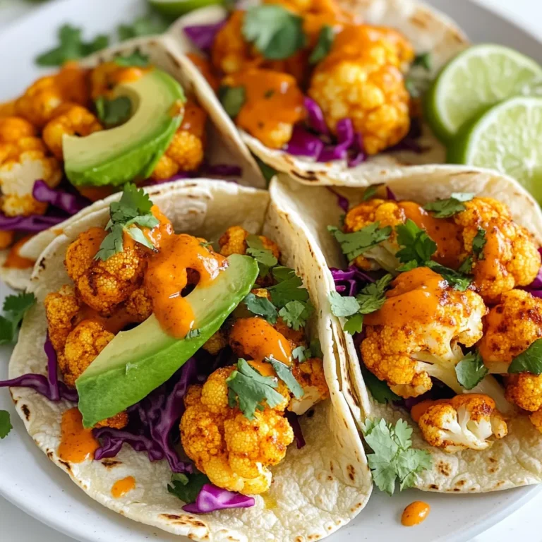 - 1 medium head of cauliflower, chopped into bite-sized florets - 1 cup all-purpose flour (or gluten-free alternative) - 1 cup buffalo sauce - 1 teaspoon garlic powder - 1 teaspoon onion powder - 1 teaspoon smoked paprika - ½ teaspoon cayenne pepper (adjust based on your desired spice level) - Salt and pepper, to taste - 1 ripe avocado, sliced - ½ cup red cabbage, finely shredded - Fresh cilantro, for garnish - 8 small corn tortillas - Lime wedges for serving When I make these buffalo cauliflower tacos, I focus on the right mix of ingredients. The medium head of cauliflower forms the base. I chop it into small florets to ensure even cooking and crunch. Then, I prepare the batter using all-purpose flour or a gluten-free option. This batter gives the cauliflower a crispy texture. I mix it with water, garlic powder, onion powder, smoked paprika, and cayenne pepper to add flavor. For the toppings, I love to slice ripe avocado. Its creaminess balances out the heat from the buffalo sauce. I also shred red cabbage for a nice crunch and fresh cilantro to brighten the dish. I choose small corn tortillas for the tacos. They are perfect for holding all the tasty fillings. I serve lime wedges on the side for a zesty touch. The blend of ingredients makes each bite delicious. {{ingredient_image_2}} 1. Preheat the oven to 450°F (232°C) This step is key for making the cauliflower crispy. Set your oven now. 2. Prepare the batter for coating In a bowl, mix 1 cup of flour with 1 cup of water. Add 1 teaspoon each of garlic powder, onion powder, and smoked paprika. Toss in ½ teaspoon of cayenne pepper for heat, plus a pinch of salt and pepper. Blend until smooth. 1. Coat and arrange cauliflower florets Take your chopped cauliflower florets and dip each piece into the batter. Make sure they are fully covered. Spread them out on a baking sheet lined with parchment paper. 2. First bake until golden brown Place the baking sheet in the oven. Bake for about 20 minutes. Keep an eye on them until they turn golden brown and crispy. 1. Toss cauliflower in buffalo sauce When the cauliflower is done, take it out of the oven. In a bowl, toss the hot florets with 1 cup of buffalo sauce. Make sure every piece is coated well. 2. Second bake and warm tortillas Spread the sauced cauliflower back onto the baking sheet. Bake for another 10 minutes. While that bakes, heat a skillet over medium heat. Warm 8 corn tortillas for 30 seconds on each side, making them soft. 3. Assemble the tacos Place a good amount of buffalo cauliflower on each warm tortilla. Add slices of avocado and a handful of shredded red cabbage on top. Finish with fresh cilantro for extra flavor. 4. Serve and enjoy! Serve your tacos with lime wedges. Squeeze fresh lime juice over them for a zesty kick. Enjoy your tasty buffalo cauliflower tacos! To get the best buffalo cauliflower, focus on even coating and baking. First, make the batter smooth. Dip each floret fully. This way, every bite is packed with flavor. Space them out on the baking sheet. This helps them bake evenly without sticking. Bake until they are golden and crispy. If you like spice, adjust the cayenne pepper. Start with a little and add more if desired. This lets you control the heat. Taste as you go. It’s all about your preference. These tacos pair well with sides like coleslaw or rice. Coleslaw adds crunch, while rice brings a soft texture. Consider a cold drink too. A light beer or sparkling water complements the spice. You can also serve with a side of lime wedges. A squeeze of lime brightens the flavors. It balances the heat perfectly. Assembling your tacos is key for a nice look. Start with a warm tortilla. Place a generous scoop of buffalo cauliflower in the center. Add creamy avocado slices on top. Sprinkle shredded red cabbage for color and crunch. For garnishing, fresh cilantro adds a pop of green. It also gives a fresh taste. Arrange everything neatly. A well-presented taco is always more inviting! Pro Tips Use Fresh Cauliflower: For the best flavor and texture, choose a fresh head of cauliflower. Look for firm florets without any brown spots. Adjust the Spice Level: The cayenne pepper can be adjusted based on your heat preference. Start with less if you're unsure, and add more if you like it spicier! Make it Vegan: Ensure your buffalo sauce is vegan-friendly if you're catering to a plant-based diet. Many brands offer delicious vegan options! Serve Immediately: These tacos are best enjoyed right after assembling to keep the tortillas warm and the cauliflower crispy. Add lime juice just before eating for a fresh kick! {{image_4}} You can switch up the vegetables in your tacos. Try using broccoli or zucchini instead of cauliflower. Both add a nice twist and taste great with the buffalo sauce. If you want more protein, add black beans or grilled chicken. These options give your tacos more texture and stay filling. To change the flavor, try adding a drizzle of ranch or blue cheese dressing. These sauces add a creamy touch that pairs well with spicy buffalo sauce. You can also top your tacos with diced tomatoes or pickled jalapeños. These toppings add color and a fresh crunch. If you want a vegan option, use a gluten-free flour blend. This way, you can still enjoy the dish without any animal products. For a keto-friendly version, swap the corn tortillas with lettuce wraps. They are low in carbs and still delicious. If you need gluten-free options, choose corn tortillas or a gluten-free flour for the batter. This keeps everyone happy at the table. To keep your buffalo cauliflower tacos fresh, store the components separately. Place the leftover cauliflower in an airtight container. Use parchment paper between layers to avoid sogginess. The tacos last for about 3-4 days in the fridge. Keep the tortillas and toppings in their own containers. This way, everything stays crisp and tasty! When it's time to eat, reheat the cauliflower in the oven. Set it to 350°F (175°C) and bake for about 10 minutes. This method keeps the cauliflower crispy. You can also microwave it, but the texture may change. Warm the tortillas in a skillet for about 30 seconds on each side. This will bring back their softness. Yes, you can freeze buffalo cauliflower! However, it's best to freeze only the cauliflower. Place it in a freezer-safe bag or container. Try to remove as much air as possible. You can store it for up to 3 months. When you're ready to eat, thaw and reheat it. Avoid freezing the tacos as assembled. They can become mushy when thawed. You can use store-bought buffalo sauce for ease. Brands like Frank's RedHot are popular. For a homemade option, mix hot sauce with melted butter and add garlic powder. Adjust the heat by adding cayenne pepper. This way, you can make it as spicy as you want. Yes, you can prep these tacos in advance. Cut the cauliflower and make the batter a day before. Store them in the fridge. Bake the cauliflower and toss in the buffalo sauce just before serving. This keeps the tacos fresh and tasty. To serve more people, simply double or triple the ingredients. Use two or more baking sheets to cook all the cauliflower. Make sure to check the baking time, as it might vary with larger batches. This way, everyone enjoys these tasty tacos! Buffalo cauliflower tacos offer a fun twist on flavor and texture. We explored key ingredients, like cauliflower and buffalo sauce, along with helpful seasoning tips. Cooking instructions helped you achieve a crispy bake, and we covered great ways to store and reheat leftovers. Incorporating variations lets you customize these tacos for any taste. These versatile and vibrant dishes can impress anyone. Try them out, and enjoy your culinary adventure!