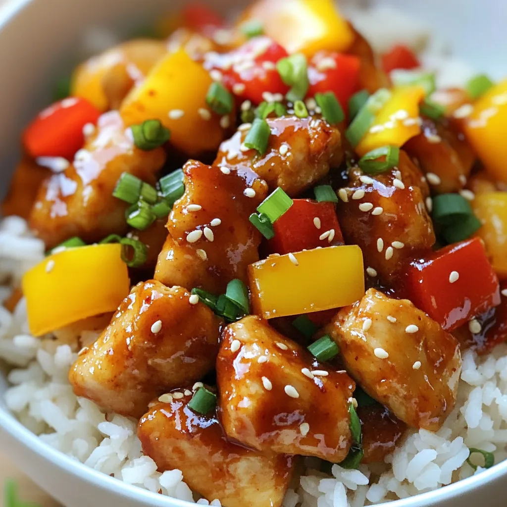 - 1 pound boneless, skinless chicken thighs, diced into bite-sized pieces - 2 cups cooked jasmine rice - 1/2 cup your favorite BBQ sauce - 2 tablespoons honey - 2 cloves garlic, minced - 1 tablespoon soy sauce - 1 teaspoon smoked paprika - 1 cup assorted bell peppers (red, yellow, or green), thinly sliced - 1/2 cup green onions, finely chopped - Sesame seeds for garnish - Additional herbs or spices {{ingredient_image_2}} Start by mixing the BBQ sauce, honey, soy sauce, minced garlic, smoked paprika, and a pinch of salt and pepper in a medium bowl. Use a whisk to blend everything well. The mix should be smooth and fragrant. This marinade is key to adding depth to your chicken. It coats the chicken and locks in flavor. Add the diced chicken thighs into the marinade. Make sure every piece is well-coated. Cover the bowl with plastic wrap or a lid. Let the chicken marinate for at least 30 minutes. For the best flavor, try to marinate it for up to 2 hours in the fridge. This extra time helps the flavors to soak in. Heat the extra virgin olive oil in a large skillet over medium heat. You want the oil to shimmer without smoking. Once hot, add the marinated chicken in a single layer. Sauté the chicken for about 7-8 minutes. Stir occasionally to ensure even cooking. You'll know it's done when it turns golden and caramelized. Add the sliced bell peppers to the skillet with the chicken. Sauté for an additional 3-4 minutes. This softens the peppers while keeping them crisp. In a large bowl, combine the cooked jasmine rice with the chicken and pepper mix. Gently fold the ingredients together until they are evenly mixed. This creates a tasty blend of flavors and textures. If you want it saucier, drizzle in more BBQ sauce and mix well. To get tender chicken, start with boneless, skinless thighs. They cook nicely and stay juicy. Marinate them for at least 30 minutes. This helps the flavors soak in. Sauté them over medium heat. Cook just until they are no longer pink. Avoid overcooking, as this will dry them out. Want a richer taste? Add fresh garlic and smoked paprika to the marinade. They boost the dish’s depth. You can also mix in a splash of lime juice for brightness. Feel free to experiment with spices like cumin or chili powder. A pinch of red pepper flakes adds a nice kick, too. Serve your Honey BBQ Chicken Rice with a side salad for crunch. Try pairing it with steamed broccoli or green beans for extra veggies. You can also add some corn for sweetness. For a fun twist, serve it in lettuce wraps. This makes it easy to eat and adds freshness! Pro Tips Marinate for Maximum Flavor: Allow the chicken to marinate for at least 30 minutes, but for the best flavor, marinate it for up to 2 hours in the refrigerator. Choose the Right BBQ Sauce: Select a BBQ sauce that complements your taste preferences. A sweeter sauce will enhance the honey flavor, while a smoky sauce will add depth. Perfectly Cooked Chicken: Ensure the chicken is cooked through and reaches an internal temperature of 165°F for safety and optimal texture. Add a Crunch: For extra texture, consider adding chopped nuts or crispy fried onions as a topping just before serving. {{image_4}} You can swap chicken for many other proteins. Try using pork or beef for a heartier meal. Shrimp is a great choice for a light twist. If you want a plant-based option, tofu works well too. Just make sure to press the tofu first to remove excess water. This helps it absorb the marinade better. To make this dish vegetarian, simply replace the chicken with tofu or tempeh. Use the same marinade to infuse flavor. You can even add more veggies like zucchini or mushrooms. They will bring more texture and taste to the meal. For a nutty flavor, consider adding cashews or peanuts. Changing the sauce can transform this dish. Try teriyaki sauce for a sweet and savory mix. You can also use a spicy BBQ sauce for heat. Adding fresh herbs like cilantro or basil can brighten the flavors. Experiment with spices like cumin or cayenne for an exciting kick. To store leftovers, let the dish cool down first. Place the chicken rice in an airtight container. Make sure it is sealed tightly to keep it fresh. Store it in the fridge for up to four days. When you’re ready to eat, just reheat it in the microwave or on the stove. If you want to freeze Honey BBQ Chicken Rice, use a freezer-safe container. Make sure to leave some space at the top of the container. This allows the dish to expand as it freezes. For best results, eat it within three months. To reheat, thaw it overnight in the fridge. You can warm it up in a skillet or microwave until it's hot. In the fridge, Honey BBQ Chicken Rice lasts for about four days. If you freeze it, you can keep it for up to three months. Always check for signs of spoilage before eating. If it smells bad or looks off, it’s best to toss it out. Enjoy your meals safely! Yes, you can prep this dish in advance. Here are some tips: - Cook the rice and store it in the fridge. - Marinate the chicken and keep it overnight. - Combine everything just before serving for the best taste. This dish pairs well with several sides. Here are my favorites: - Steamed broccoli for a healthy crunch. - A fresh garden salad for brightness. - Crispy coleslaw to add texture. You can easily change the sweetness by adjusting the honey and BBQ sauce levels: - Use less honey for a less sweet taste. - Add more BBQ sauce if you want extra flavor. - Taste as you go, and find the right balance for you. This recipe for Honey BBQ Chicken Rice combines simple ingredients and easy steps. You learned about key ingredients like chicken, rice, and BBQ sauce. I shared tips to enhance flavor and perfect the chicken's texture. You can adapt this meal for different diets, or switch up flavors. Finally, I covered storage options to keep leftovers fresh. Now, you have the tools to whip up a tasty dish anytime. Enjoy making it your own!