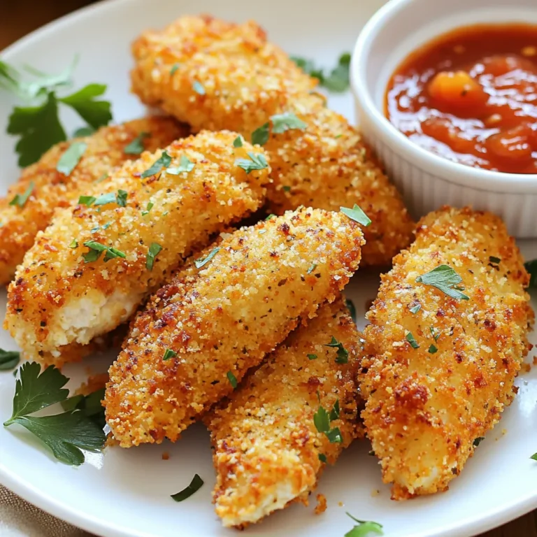 For this recipe, you need: - 1 pound chicken tenders Chicken tenders are great for this dish. They are tender and cook quickly. You can also use chicken breasts, but tenders give a better texture. Next, gather the coating ingredients: - 1 cup freshly grated Parmesan cheese - 1 cup panko breadcrumbs Parmesan cheese adds a rich flavor. Panko breadcrumbs make the crust extra crispy. Mixing these two creates a wonderful topping. To add flavor, include: - 2 teaspoons garlic powder - 1 teaspoon Italian seasoning - 1 teaspoon smoked paprika - Salt and pepper to taste These spices enhance the taste. Garlic powder brings warmth. Italian seasoning adds a herby touch. Smoked paprika gives a nice color and depth. For the egg wash, you’ll need: - 2 large eggs - 1 tablespoon Dijon mustard This mixture helps the coating stick. The mustard adds a bit of zing, making the chicken even tastier. {{ingredient_image_2}} First, set your oven to 400°F (200°C). Line a baking sheet with parchment paper. This helps with easy cleanup. You can also use cooking spray or olive oil to grease the sheet. In a shallow bowl, mix together the following ingredients: - 1 cup freshly grated Parmesan cheese - 1 cup panko breadcrumbs - 2 teaspoons garlic powder - 1 teaspoon Italian seasoning - 1 teaspoon smoked paprika - Salt and pepper to taste Stir well so all flavors blend nicely. In another bowl, crack 2 large eggs and add 1 tablespoon Dijon mustard. Whisk them together until smooth. This egg wash helps the coating stick to the chicken. Take a chicken tender and dip it into the egg wash. Let any extra egg drip back into the bowl. Then, coat it in the Parmesan breadcrumb mixture. Press down gently to ensure a thick layer. Place the coated chicken tenders in a single layer on the baking sheet. After coating all the chicken tenders, drizzle a bit of olive oil over each one. This step is key! It makes the crust crispy and golden when baked. Place the baking sheet in the oven. Bake for 20-25 minutes. The chicken should reach an internal temperature of 165°F (74°C). The coating should be crisp and golden brown. Once baked, let the chicken tenders rest for a few minutes on the baking sheet. This helps the juices settle. Each bite will be juicy and delicious. To get a crispy coating, use fresh Parmesan cheese. The finer the cheese, the better it sticks. Mix the cheese with panko breadcrumbs. This combo gives a great crunch. Don't skip the olive oil drizzle. It helps the crust turn golden brown. Press the coating onto the chicken well. This makes sure it sticks during baking. Bake the chicken tenders for 20 to 25 minutes. Make sure the oven is at 400°F (200°C). Check the internal temperature; it should reach 165°F (74°C). If you want them extra crispy, bake a few minutes longer. Just watch them closely to avoid burning. For a fun presentation, use a wooden board. Arrange the chicken tenders neatly. Sprinkle some fresh parsley on top. This adds color and freshness. Serve with small bowls of marinara sauce or zesty lemon garlic aioli. These dips enhance the dish and make it more inviting. Pro Tips Choose the Right Chicken: Opt for fresh chicken tenders rather than frozen ones for the best flavor and texture. Season Generously: Add extra spices to the breadcrumb mixture for a bolder flavor profile that suits your taste. Crispiness Check: If you prefer an extra crispy coating, consider broiling the tenders for the last 2-3 minutes of baking. Resting Time: Letting the tenders rest after baking allows the juices to redistribute, resulting in juicier chicken. {{image_4}} You can add more flavor to your chicken tenders. Try using: - 1 teaspoon onion powder - 1 teaspoon cayenne pepper for heat - Fresh herbs like thyme or rosemary These spices enhance the taste and make each bite exciting. Parmesan is amazing, but you can mix it up. Some great choices are: - Pecorino Romano for a saltier kick - Gruyère for a nutty flavor - Cheddar for a creamy texture Each cheese brings a unique twist to the dish. If you need gluten-free chicken tenders, it's easy to adapt. Use: - Gluten-free panko breadcrumbs - Almond flour or crushed cornflakes - Ground oats as a substitute These options keep the crispiness while catering to dietary needs. After you make Parmesan crusted chicken tenders, let them cool down. Place them in an airtight container. They stay fresh in the fridge for up to three days. Make sure to put a piece of paper towel in the container. This keeps moisture away and helps them stay crispy. If you want to save some for later, you can freeze them. First, let the chicken tenders cool completely. Then, wrap them in plastic wrap or put them in a freezer-safe bag. They can last for up to three months in the freezer. It’s best to label the bag with the date so you remember when you made them. To reheat your chicken tenders, use the oven for the best results. Preheat your oven to 375°F (190°C). Place the tenders on a baking sheet lined with parchment paper. Heat them for about 15-20 minutes, until they are hot and crispy again. You can also use an air fryer set to 350°F (175°C) for about 8-10 minutes. This keeps the crust nice and crunchy! You can check if chicken tenders are done by using a meat thermometer. The safe internal temperature should reach 165°F (74°C). When the chicken is cooked, it will look golden and crispy. Cut into one tender to see if the meat is no longer pink. The juices should run clear. Yes, you can use chicken breasts instead of tenders. Just cut the breasts into strips. Make sure they are about the same thickness as tenders. This helps them cook evenly. Keep in mind that cooking time may vary slightly with thicker pieces. Parmesan Crusted Chicken Tenders taste great with many dipping sauces. Here are some tasty ideas: - Marinara sauce - Honey mustard - Zesty lemon garlic aioli - Barbecue sauce These sauces add flavor and fun to each bite. You can prep the chicken tenders a day in advance. Coat them and place them on a baking sheet. Cover with plastic wrap and store in the fridge. When you are ready to cook, just bake them straight from the fridge. This way, you save time on busy days. Yes, you can freeze cooked chicken tenders. Let them cool completely first. Place them in an airtight container or freezer bag. They can last up to three months in the freezer. When you want to eat them, bake from frozen at 400°F (200°C) until heated through. To make tasty Parmesan Crusted Chicken Tenders, start with fresh chicken. Mix cheese, breadcrumbs, and spices for a great coating. Follow the steps to bake them to crispy perfection. Remember the tips for serving and storing. You can even switch up the flavors with different cheeses or seasonings. This dish is easy and fun. Enjoy your homemade chicken tenders fresh or from the freezer. Now, you have all the tools to impress at any meal!
