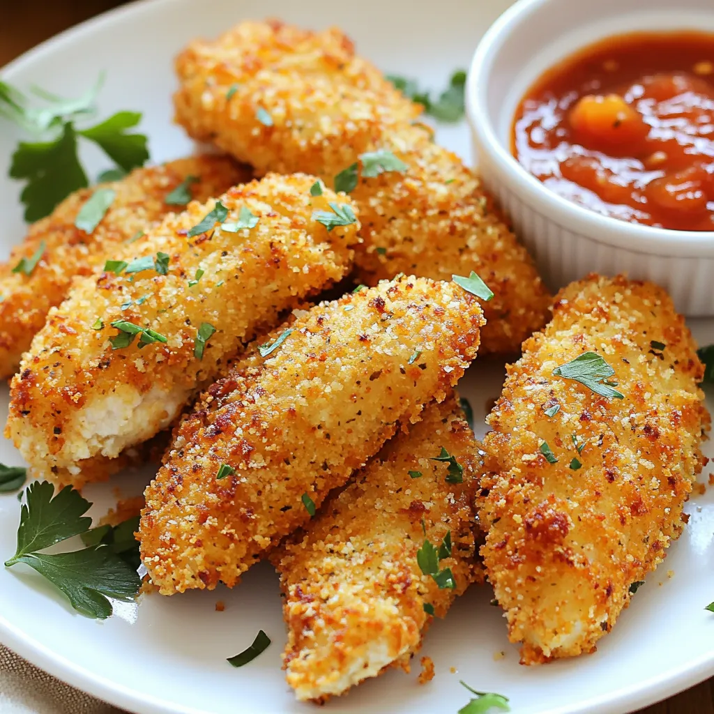 For this recipe, you need: - 1 pound chicken tenders Chicken tenders are great for this dish. They are tender and cook quickly. You can also use chicken breasts, but tenders give a better texture. Next, gather the coating ingredients: - 1 cup freshly grated Parmesan cheese - 1 cup panko breadcrumbs Parmesan cheese adds a rich flavor. Panko breadcrumbs make the crust extra crispy. Mixing these two creates a wonderful topping. To add flavor, include: - 2 teaspoons garlic powder - 1 teaspoon Italian seasoning - 1 teaspoon smoked paprika - Salt and pepper to taste These spices enhance the taste. Garlic powder brings warmth. Italian seasoning adds a herby touch. Smoked paprika gives a nice color and depth. For the egg wash, you’ll need: - 2 large eggs - 1 tablespoon Dijon mustard This mixture helps the coating stick. The mustard adds a bit of zing, making the chicken even tastier. {{ingredient_image_2}} First, set your oven to 400°F (200°C). Line a baking sheet with parchment paper. This helps with easy cleanup. You can also use cooking spray or olive oil to grease the sheet. In a shallow bowl, mix together the following ingredients: - 1 cup freshly grated Parmesan cheese - 1 cup panko breadcrumbs - 2 teaspoons garlic powder - 1 teaspoon Italian seasoning - 1 teaspoon smoked paprika - Salt and pepper to taste Stir well so all flavors blend nicely. In another bowl, crack 2 large eggs and add 1 tablespoon Dijon mustard. Whisk them together until smooth. This egg wash helps the coating stick to the chicken. Take a chicken tender and dip it into the egg wash. Let any extra egg drip back into the bowl. Then, coat it in the Parmesan breadcrumb mixture. Press down gently to ensure a thick layer. Place the coated chicken tenders in a single layer on the baking sheet. After coating all the chicken tenders, drizzle a bit of olive oil over each one. This step is key! It makes the crust crispy and golden when baked. Place the baking sheet in the oven. Bake for 20-25 minutes. The chicken should reach an internal temperature of 165°F (74°C). The coating should be crisp and golden brown. Once baked, let the chicken tenders rest for a few minutes on the baking sheet. This helps the juices settle. Each bite will be juicy and delicious. To get a crispy coating, use fresh Parmesan cheese. The finer the cheese, the better it sticks. Mix the cheese with panko breadcrumbs. This combo gives a great crunch. Don't skip the olive oil drizzle. It helps the crust turn golden brown. Press the coating onto the chicken well. This makes sure it sticks during baking. Bake the chicken tenders for 20 to 25 minutes. Make sure the oven is at 400°F (200°C). Check the internal temperature; it should reach 165°F (74°C). If you want them extra crispy, bake a few minutes longer. Just watch them closely to avoid burning. For a fun presentation, use a wooden board. Arrange the chicken tenders neatly. Sprinkle some fresh parsley on top. This adds color and freshness. Serve with small bowls of marinara sauce or zesty lemon garlic aioli. These dips enhance the dish and make it more inviting. Pro Tips Choose the Right Chicken: Opt for fresh chicken tenders rather than frozen ones for the best flavor and texture. Season Generously: Add extra spices to the breadcrumb mixture for a bolder flavor profile that suits your taste. Crispiness Check: If you prefer an extra crispy coating, consider broiling the tenders for the last 2-3 minutes of baking. Resting Time: Letting the tenders rest after baking allows the juices to redistribute, resulting in juicier chicken. {{image_4}} You can add more flavor to your chicken tenders. Try using: - 1 teaspoon onion powder - 1 teaspoon cayenne pepper for heat - Fresh herbs like thyme or rosemary These spices enhance the taste and make each bite exciting. Parmesan is amazing, but you can mix it up. Some great choices are: - Pecorino Romano for a saltier kick - Gruyère for a nutty flavor - Cheddar for a creamy texture Each cheese brings a unique twist to the dish. If you need gluten-free chicken tenders, it's easy to adapt. Use: - Gluten-free panko breadcrumbs - Almond flour or crushed cornflakes - Ground oats as a substitute These options keep the crispiness while catering to dietary needs. After you make Parmesan crusted chicken tenders, let them cool down. Place them in an airtight container. They stay fresh in the fridge for up to three days. Make sure to put a piece of paper towel in the container. This keeps moisture away and helps them stay crispy. If you want to save some for later, you can freeze them. First, let the chicken tenders cool completely. Then, wrap them in plastic wrap or put them in a freezer-safe bag. They can last for up to three months in the freezer. It’s best to label the bag with the date so you remember when you made them. To reheat your chicken tenders, use the oven for the best results. Preheat your oven to 375°F (190°C). Place the tenders on a baking sheet lined with parchment paper. Heat them for about 15-20 minutes, until they are hot and crispy again. You can also use an air fryer set to 350°F (175°C) for about 8-10 minutes. This keeps the crust nice and crunchy! You can check if chicken tenders are done by using a meat thermometer. The safe internal temperature should reach 165°F (74°C). When the chicken is cooked, it will look golden and crispy. Cut into one tender to see if the meat is no longer pink. The juices should run clear. Yes, you can use chicken breasts instead of tenders. Just cut the breasts into strips. Make sure they are about the same thickness as tenders. This helps them cook evenly. Keep in mind that cooking time may vary slightly with thicker pieces. Parmesan Crusted Chicken Tenders taste great with many dipping sauces. Here are some tasty ideas: - Marinara sauce - Honey mustard - Zesty lemon garlic aioli - Barbecue sauce These sauces add flavor and fun to each bite. You can prep the chicken tenders a day in advance. Coat them and place them on a baking sheet. Cover with plastic wrap and store in the fridge. When you are ready to cook, just bake them straight from the fridge. This way, you save time on busy days. Yes, you can freeze cooked chicken tenders. Let them cool completely first. Place them in an airtight container or freezer bag. They can last up to three months in the freezer. When you want to eat them, bake from frozen at 400°F (200°C) until heated through. To make tasty Parmesan Crusted Chicken Tenders, start with fresh chicken. Mix cheese, breadcrumbs, and spices for a great coating. Follow the steps to bake them to crispy perfection. Remember the tips for serving and storing. You can even switch up the flavors with different cheeses or seasonings. This dish is easy and fun. Enjoy your homemade chicken tenders fresh or from the freezer. Now, you have all the tools to impress at any meal!