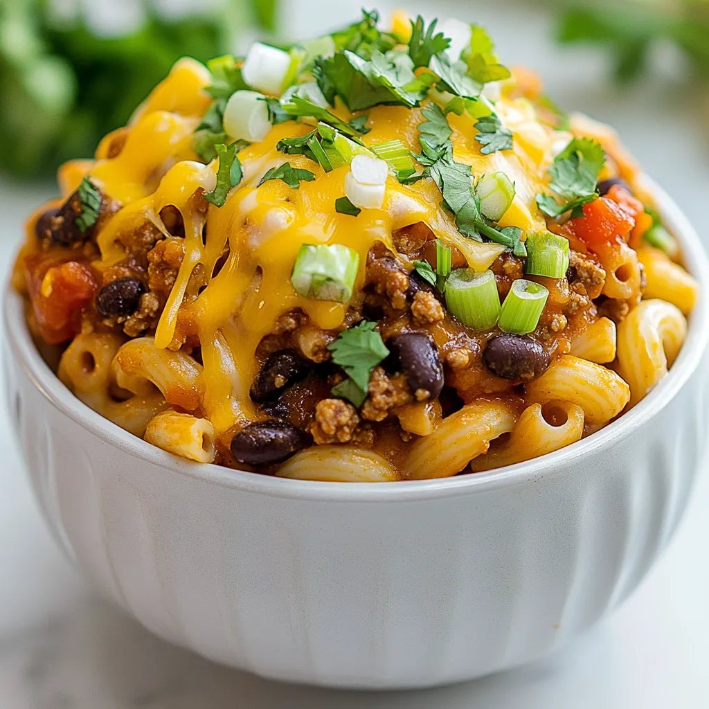 - 2 cups elbow macaroni - 1 lb ground beef or turkey - 1 packet taco seasoning - 1 cup salsa - 1 can black beans, rinsed and drained - 1 cup corn, frozen or canned - 2 cups shredded cheddar cheese (divided) - 1 cup sour cream - 2 green onions, finely chopped - Fresh cilantro, for garnish - Salt and pepper, to taste You can make your Loaded Taco Macaroni more fun by adding toppings. Here are some options: - Sliced jalapeños for heat - Diced tomatoes for freshness - Avocado slices for creaminess - Crushed tortilla chips for crunch If you want to mix things up, try these swaps: - Use ground chicken or plant-based meat instead of beef or turkey. - Swap black beans for kidney beans or pinto beans. - Replace salsa with diced tomatoes or pico de gallo for a fresher taste. - Use Greek yogurt instead of sour cream for a healthier twist. - Choose a different cheese like Monterey Jack or pepper jack for extra flavor. {{ingredient_image_2}} Start by filling a large pot with water. Add a good amount of salt to the water. This helps the pasta taste better. Bring the water to a rolling boil. Once the water boils, add 2 cups of elbow macaroni. Cook the macaroni for about 7-9 minutes. You want it to be al dente, which means it should still have a bit of bite. After cooking, drain the pasta in a colander and set it aside. Next, take a large skillet and place it over medium heat. Add 1 pound of ground beef or turkey to the skillet. Cook the meat for about 5-7 minutes. Make sure to break it apart with a spatula or wooden spoon. You want it to be well browned. If there is extra fat in the pan, carefully drain it away. This step is key for keeping your dish tasty and not greasy. Once the meat is browned, it's time to add flavor. Sprinkle 1 packet of taco seasoning evenly over the meat. Stir well to mix it. Then, pour in 1 cup of salsa. Add 1 can of black beans that you've rinsed and drained, and 1 cup of corn, either frozen or canned. Mix everything together and cook for about 3-4 minutes. This helps all the flavors blend. Now, lower the heat to a simmer. Stir in the drained macaroni and 1 cup of shredded cheddar cheese into the meat mixture. Keep mixing until the cheese melts and coats the pasta well. This creates a creamy, delicious texture. Remove the skillet from the heat and fold in 1 cup of sour cream. Stir until it's fully mixed in. Taste your dish and adjust the seasoning with salt and pepper if needed. Your Loaded Taco Macaroni is now ready to serve! To get that creamy goodness in your Loaded Taco Macaroni, follow these steps. First, use full-fat sour cream. This adds richness and creaminess. Mix the sour cream into the warm pasta while off the heat. This helps the cream blend well without curdling. Adding cheese gradually also helps. Start with one cup of cheese, then stir until it melts. You can always add more cheese for extra creaminess. For great flavor, be sure to use fresh taco seasoning. You can use a packet or make your own. If using a packet, follow the instructions carefully. Taste your mixture before serving. Adjust the salt and pepper as needed. If you want a kick, add some chili powder or cayenne pepper. This will take your dish to the next level. Remember, it's easier to add more salt than to take it away. Store any leftovers in an airtight container. This keeps the dish fresh for about three days in the fridge. To reheat, place the macaroni in a microwave-safe bowl. Add a splash of water or milk to keep it moist. Heat it in short bursts, stirring in between. If you want to reheat on the stove, use low heat. Stir often to prevent sticking. Enjoy your Loaded Taco Macaroni all over again! Pro Tips Cook Pasta Al Dente: To achieve the perfect texture, cook the elbow macaroni just until al dente. It will continue to cook slightly when combined with the hot meat and cheese mixture. Customize Your Protein: Feel free to swap out the ground beef or turkey for other proteins like chicken or even a plant-based alternative for a vegetarian option. Cheese Variations: Experiment with different types of cheese such as pepper jack for a spicy kick or a blend of Mexican cheeses for added flavor. Make It Ahead: This dish can be made in advance and stored in the refrigerator. Reheat in the oven or on the stovetop, adding a splash of milk to restore creaminess if needed. {{image_4}} You can make Loaded Taco Macaroni plant-based. Swap the ground beef or turkey for lentils or mushrooms. They add a nice texture. Use vegan taco seasoning to keep the flavors bold. For cheese, try vegan cheese or nutritional yeast. This keeps it creamy without dairy. You can also add extra veggies like bell peppers or zucchini for more nutrition. To make this dish gluten-free, choose gluten-free elbow macaroni. Many brands offer great-tasting options. Check the taco seasoning packet for gluten-free labels. You can also make your own seasoning mix with spices like cumin, paprika, and chili powder. This way, you control all the ingredients. You can easily change the flavor of your Loaded Taco Macaroni. Add more spices, like cayenne pepper or smoked paprika, for a kick. For a smoky taste, toss in some diced chipotle peppers in adobo sauce. You can also mix in different beans, like pinto or kidney beans. Fresh herbs like cilantro or parsley can brighten up the dish too. Experiment with different toppings like diced tomatoes, jalapeños, or avocado for a fresh twist. To keep your Loaded Taco Macaroni fresh, let it cool first. Then, transfer it to an airtight container. Make sure to seal it tightly. Store your leftovers in the fridge for up to three days. If you want to save it for later, check out the freezing instructions below. If you want to freeze Loaded Taco Macaroni, follow these steps. First, let it cool completely. Next, place it in a freezer-safe container. You can also use freezer bags for easy storage. Be sure to remove as much air as possible. Label the bags or containers with the date. It will stay good for about three months in the freezer. To reheat, let it thaw overnight in the fridge before warming it up. Most of the ingredients in Loaded Taco Macaroni have a good shelf life. Here’s a quick rundown: - Elbow macaroni: Lasts up to two years when stored well. - Ground beef or turkey: Fresh meat lasts about one to two days in the fridge. If frozen, it can last up to four months. - Taco seasoning: Typically good for about two years when sealed. - Salsa: Once opened, salsa lasts about one week in the fridge. - Black beans: Canned beans last for several years. Once opened, they last about three to four days in the fridge. - Corn (frozen or canned): Frozen corn can last up to eight months in the freezer. Canned corn lasts for years if unopened. - Cheddar cheese: Unopened cheese lasts about two months in the fridge. Once opened, it should be used within a week or two. - Sour cream: Lasts about one to three weeks after opening. - Green onions: Fresh green onions last about one week in the fridge. Keeping track of these shelf lives helps you make the most of your Loaded Taco Macaroni! Yes, you can make Loaded Taco Macaroni ahead. Prepare the dish up to the point before you add sour cream. Store it in an airtight container in the fridge for up to two days. When ready to serve, reheat on the stove over low heat. Stir in the sour cream just before serving. This keeps it creamy and fresh. Loaded Taco Macaroni pairs well with many sides. Here are some great options: - A simple green salad with lime dressing - Tortilla chips to add crunch - Avocado slices for creaminess - Grilled corn on the cob for sweetness - A side of Mexican rice for extra flavor To spice up Loaded Taco Macaroni, you have a few easy options. Add chopped jalapeños to the meat mixture while cooking. You can also mix in a few dashes of hot sauce with the salsa. For extra heat, sprinkle red pepper flakes on top before serving. Adjust the spice level to your taste! Let’s recap on making Loaded Taco Macaroni. We covered the right ingredients, from key measurements to fun garnishes. I shared step-by-step cooking methods, ensuring your pasta and meat flavors shine. Tips and tricks helped you create a creamy dish, while variations offered options for everyone. Lastly, I provided storage info to keep your leftovers fresh. Enjoy experimenting with this dish. It’s easy to personalize based on your tastes. Get creative and have fun cooking!