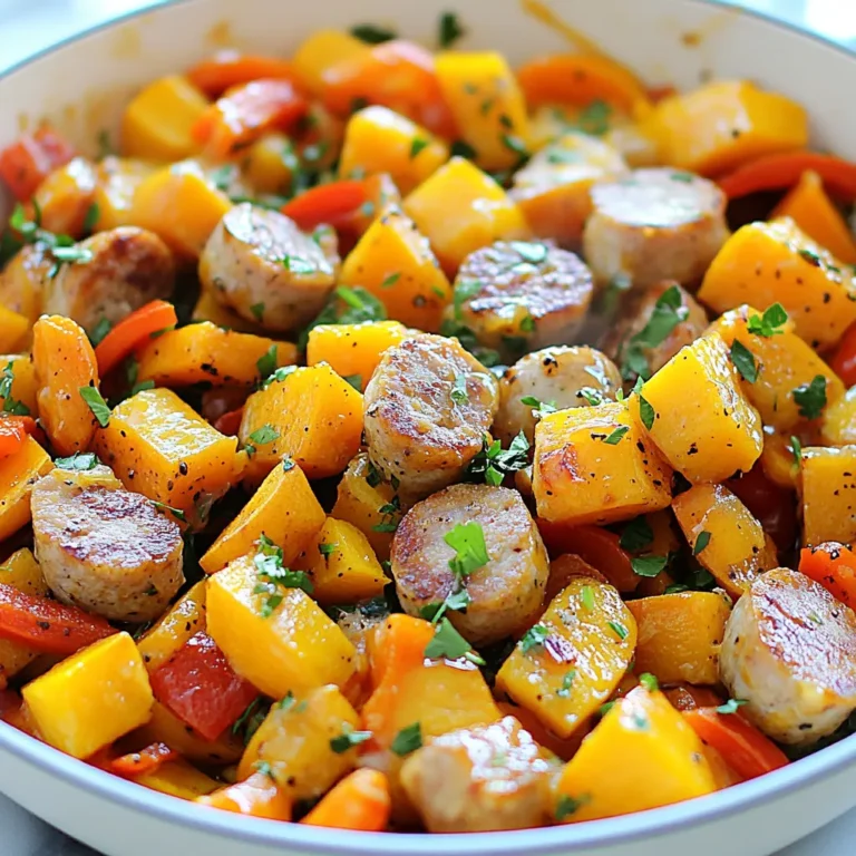 - 2 medium sweet potatoes, peeled and diced into 1-inch cubes - 1 pound chicken or turkey sausage, sliced into rounds - 3 tablespoons honey - 4 cloves garlic, minced finely - 1 red bell pepper, diced - 1 yellow bell pepper, diced - 1 small red onion, chopped - 2 tablespoons olive oil - 1 teaspoon smoked paprika - 1/2 teaspoon salt - 1/4 teaspoon black pepper - Fresh parsley, chopped (for garnish) For this dish, you need to start with fresh ingredients. Use 2 medium sweet potatoes. Peel and cut them into 1-inch cubes for even cooking. Grab 1 pound of chicken or turkey sausage. Slice it into rounds for nice bites. Next, gather 3 tablespoons of honey. This will bring a lovely sweetness. You need 4 cloves of garlic, minced finely. This adds flavor. You will also need 1 red bell pepper and 1 yellow bell pepper. Dice them for color and crunch. For the base, use 1 small red onion, chopped. Prepare 2 tablespoons of olive oil. This helps cook the veggies and sausage. Add 1 teaspoon of smoked paprika, 1/2 teaspoon of salt, and 1/4 teaspoon of black pepper for seasoning. Finally, have fresh parsley ready. It’s great for garnish and adds a fresh touch. If you want to swap the sausage, try using plant-based sausage for a vegetarian dish. Sweet potatoes can be replaced with butternut squash or carrots if needed. If you don't have honey, maple syrup works well for sweetness. For garlic, you can use garlic powder in a pinch, but fresh is best. You can also mix in other veggies like zucchini or spinach. They will cook well and add more nutrients. This dish is flexible, so feel free to get creative with what you have! {{ingredient_image_2}} Start by heating 2 tablespoons of olive oil in a large skillet over medium heat. You want the oil to shimmer. This step helps to cook the sweet potatoes evenly. It also adds flavor to the dish. Add 2 medium sweet potatoes, peeled and diced into 1-inch cubes. Sauté them for about 5-7 minutes. Stir occasionally. You want them to soften and turn golden on the edges. This brings out their natural sweetness. Next, push the sweet potatoes to one side of the skillet. Add 1 pound of sliced chicken or turkey sausage to the empty side. Cook for about 5-6 minutes. Turn the sausage occasionally to brown it nicely. After the sausage is heated through, add 1 small chopped red onion and 1 diced red bell pepper and 1 diced yellow bell pepper. Stir everything together. Sauté for another 5 minutes. This will make the veggies tender and vibrant. Now, add 4 minced garlic cloves, 3 tablespoons of honey, 1 teaspoon of smoked paprika, 1/2 teaspoon of salt, and 1/4 teaspoon of black pepper. Stir vigorously. This mixes the honey and spices evenly. Cook for another 2-3 minutes. You want the garlic to become fragrant but not burnt. Once everything is cooked, remove the skillet from the heat. Sprinkle fresh chopped parsley on top. This adds a burst of color and freshness. You can serve this dish right from the pan or transfer it to a large bowl. Enjoy your warm meal! To get sweet potatoes just right, cut them into 1-inch cubes. This size cooks evenly and becomes tender. Start by heating olive oil in your skillet. Add the sweet potatoes and sauté them for 5-7 minutes. Stir them often. Look for a golden edge and a soft center. This step makes them sweet and tasty. If they brown too fast, lower the heat to avoid burning. I love using chicken or turkey sausage for this dish. They bring a nice flavor without being too heavy. You can also try pork sausage for a richer taste. Look for sausages with herbs or spices for added depth. Cooking them until they are browned enhances their flavor. This step makes the meal even better, so don't rush it. Garlic adds such great flavor, but it can burn easily. To keep it from burning, add it later in the cooking process. After cooking the sausage and veggies, add the minced garlic. Stir it in and let it cook for just 2-3 minutes. Keep an eye on it, as it cooks quickly. Burnt garlic can ruin the dish, so watch out! Pro Tips Uniform Sweet Potato Cubes: Cutting sweet potatoes into uniform 1-inch cubes ensures even cooking and helps achieve the perfect texture. Choosing the Right Sausage: Opt for a flavorful chicken or turkey sausage to complement the sweetness of the honey and sweet potatoes. Balance Sweetness: Adjust the amount of honey based on your preference for sweetness; you can always start with less and add more if desired. Fresh Herbs for Garnish: Adding fresh parsley not only enhances the dish's appearance but also adds a refreshing flavor that balances the richness of the sausage. {{image_4}} You can easily make this dish vegetarian. Substitute the sausage with plant-based options. Try using lentils or chickpeas for protein. They will add great texture. You can also use mushrooms for a meaty feel. Just sauté them until they are soft. Replace honey with maple syrup for sweetness. This keeps the flavor balanced and delicious. If you like heat, add some red pepper flakes. A teaspoon will give a nice kick. For more heat, try diced jalapeños. Add them when you cook the onions for a spicy base. If you prefer mild flavors, skip the spices. The sweet potatoes and honey will still shine through. Feel free to mix in other veggies you love. Zucchini or carrots work well in this dish. Chop them into small pieces so they cook evenly. You can also add kale or spinach for a healthy boost. Just toss them in at the end to wilt them slightly. This way, you get more nutrients and color in your skillet. After enjoying your Sausage Sweet Potato Honey Garlic Skillet, let it cool down. Place leftovers in an airtight container. Store them in the fridge for up to three days. This keeps the flavors fresh and tasty. To reheat, put the skillet on medium heat. Add a splash of water or olive oil. Stir occasionally until heated through. You can also use a microwave. Heat it in short bursts, stirring in between. This ensures even heating and keeps it juicy. If you want to freeze it, use a freezer-safe container. Make sure to leave some space at the top for expansion. This dish can last up to three months in the freezer. To thaw, move it to the fridge overnight. Reheat as described above for best results. Enjoy your meal again! Yes, you can use any sausage. Try spicy sausage for a kick. You can also use pork or even vegetarian options. Just remember to adjust the cooking time if you choose uncooked sausage. Cook it until it reaches a safe internal temperature. Leftovers will last for about three to four days. Store them in an airtight container in the fridge. Make sure to cool the dish before sealing it up. This helps keep flavors fresh and tasty. This dish pairs well with a side salad or crusty bread. You can also serve it with rice or quinoa for extra fiber. A dollop of sour cream can add creaminess too. Feel free to get creative with your sides! Yes, you can prep the ingredients ahead. Chop the veggies and sausage, then store them in the fridge. Cook the dish just before serving for the best taste. You can also reheat leftovers easily for a quick meal. You now have a complete guide for making Sausage Sweet Potato Honey Garlic Skillet. We discussed ingredients, measurements, and how to prep them. You learned step-by-step instructions for cooking and tips for perfect results. I shared fun variations and smart storage tips. Cooking this dish is easy and fun. With these tips, you can create a meal everyone will love. Enjoy your cooking and share it with friends and family!