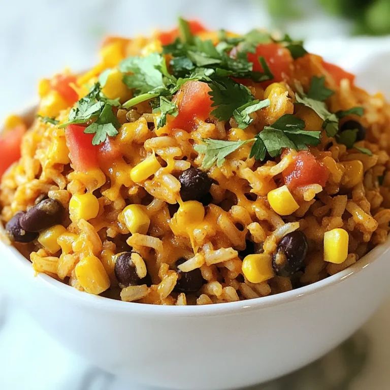 - 1 cup white or brown rice - 2 cups vegetable broth (or water) - 1 tablespoon olive oil - 1 small onion, finely diced - 2 cloves garlic, minced - 1 bell pepper, diced - 1 can (15 oz) black beans, rinsed and drained - 1 can (15 oz) diced tomatoes, with juice - 1 packet (about 1 oz) taco seasoning - 1 cup shredded cheddar cheese - 1/2 cup corn - 1/4 cup fresh cilantro, chopped - Salt and pepper to taste For Cheesy Taco Rice, you can choose either white or brown rice. Brown rice offers more nutrients but takes longer to cook. White rice cooks faster and has a softer texture. I often use vegetable broth instead of water. The broth gives the rice a richer flavor. Fresh ingredients like onion, garlic, and bell peppers enhance the taste. You can use canned tomatoes and beans for convenience. They add great flavor and texture too. Don't forget the taco seasoning; it brings everything together with its spices. - Alternate beans: pinto or kidney beans - Cheese variety: Monterey Jack or pepper jack - Vegetable enhancements: zucchini or corn You can add different beans for extra protein. Pinto or kidney beans work well and taste great. Consider using other cheeses like Monterey Jack. It melts beautifully and adds a creamy touch. For veggies, try adding zucchini or more corn. They add color and nutrients to your dish. Don't hesitate to mix and match based on what you like or have at home. {{ingredient_image_2}} First, rinse the rice under cold water. Use a fine-mesh strainer until the water runs clear. This step removes extra starch. It helps the rice become fluffy. Drain the rice well. Next, heat a medium pot over medium heat. Add 1 tablespoon of olive oil. Once the oil is hot, add the diced onion and bell pepper. Sauté them for about 3-4 minutes. Stir occasionally until they soften and smell great. Now, add the minced garlic. Stir it for another minute. This will make your kitchen smell amazing. Then, add the rinsed rice. Stir well to coat the rice in the oil. Toast the rice for about 2 minutes. Keep stirring to avoid burning. After toasting the rice, pour in 2 cups of vegetable broth. If you don’t have broth, water works too. Add the canned diced tomatoes with their juice. Then, mix in the black beans and corn. Don’t forget to add the taco seasoning. Stir everything together well. Now, turn up the heat to bring the mixture to a boil. Once it boils, reduce the heat to low. Cover the pot and let it simmer for 18-20 minutes. This is the time it takes for the rice to become tender. When the cooking time is up, take the pot off the heat. Use a fork to fluff the rice gently. Incorporate 1 cup of shredded cheddar cheese into the rice. Stir until the cheese melts and blends in well. Finally, taste your dish. Adjust the seasoning with salt and pepper as needed. This step ensures the flavors are just right for you. Enjoy your cheesy taco rice! To avoid mushy rice, rinse the rice before cooking. This step removes excess starch. Rinsing helps achieve fluffy rice. Use a fine-mesh strainer and run cold water over the rice until it runs clear. Drain it well after rinsing. For cooking times, follow the package instructions for your rice. Most white rice takes about 18 minutes. Brown rice will need about 30 minutes. If you use a different type of rice, adjust the liquid and cooking time as needed. For visual appeal, serve Cheesy Taco Rice in bright bowls. Garnish with fresh chopped cilantro for color. You can also add a dollop of sour cream on top. Slices of creamy avocado enhance both flavor and texture. Pair this dish with tortilla chips or a fresh salad for a complete meal. Enjoy your beautiful and tasty creation! Pro Tips Rinse the Rice: Always rinse your rice under cold water to remove excess starch. This will help achieve a fluffy texture rather than sticky rice. Customize Your Veggies: Feel free to add or substitute other vegetables like zucchini or corn to enhance flavor and nutrition. Cheese Variations: Experiment with different types of cheese such as pepper jack for a spicy kick, or a mix of cheeses for depth of flavor. Serving Suggestions: Serve with toppings like avocado, lime wedges, or sour cream for added creaminess and flavor contrast. {{image_4}} You can easily swap ingredients in Cheesy Taco Rice. If you want a vegetarian meal, use veggies instead of meat. Try adding mushrooms or more beans. For spice levels, you have options. Use a mild taco seasoning for a gentle heat. If you like it hot, add cayenne pepper or use spicy salsa. Cheesy Taco Rice is great on its own, but it can serve different roles. As a side dish, it pairs well with grilled chicken or fish. Just scoop some on the plate next to the protein. You can also make a burrito bowl! Layer the rice with toppings like lettuce, sour cream, and salsa. Add diced avocado for creaminess and flavor. Enjoy it in a bowl, or wrap it in a tortilla for a tasty meal. To keep your Cheesy Taco Rice fresh, follow these tips: - Refrigeration: Place leftovers in an airtight container. This keeps moisture in and smells out. Store in the fridge for up to three days. - Freezing: For longer storage, freeze the rice. Use a freezer-safe container or bag. It can last up to three months. Label the container with the date for easy tracking. To enjoy your Cheesy Taco Rice again, try these methods: - Microwave: Place the rice in a microwave-safe bowl. Add a splash of water to keep it moist. Cover loosely and heat on high for 1-2 minutes. Stir halfway through for even heating. - Stovetop: Heat a skillet over low heat. Add the rice and a small amount of water. Stir often until heated through. This method helps keep the texture nice. - Refreshing: Mix in a little extra cheese or fresh cilantro when reheating. This adds flavor and makes the dish feel new again. To add some heat to your Cheesy Taco Rice, consider these spicy options: - Jalapeños: Fresh or pickled, they add a nice kick. - Hot sauce: A few dashes can spice things up. - Cayenne pepper: A pinch will enhance the heat, but use it sparingly. - Chipotle in adobo: This gives both heat and smoky flavor. You can mix these into the rice while cooking or top your serving with them. Adjust the spice level to your taste! Yes, you can use instant rice! Cooking times will change. Instant rice cooks quickly, usually in about 5 to 10 minutes. Here’s how to adapt: - Skip rinsing: Instant rice doesn't need rinsing. - Adjust liquids: Use less broth since instant rice absorbs less. - Add instant rice later: Stir it in after sautéing veggies, then add water. This way, your Cheesy Taco Rice will still turn out great! For a well-rounded meal, consider these side dishes: - Guacamole: Creamy and rich, it balances the flavors. - Corn salad: A fresh, crunchy option that complements the rice. - Taco toppings: Sour cream, salsa, or chopped onions add variety. For drinks, try: - Lemonade: Its sweetness pairs well with the savory rice. - Iced tea: A refreshing choice that won't overpower the meal. These pairings will elevate your dining experience! Cheesy Taco Rice is a fun and tasty dish to make. We covered key ingredients, like rice and flavor boosters. You learned the steps for perfect cooking, from rinsing rice to fluffing it with cheese. We explored tips for success and creative variations to suit your taste. Don't forget the best ways to store leftovers. With these ideas, you can enjoy a simple meal anytime. Experiment with flavors and serving styles to make it your own. Happy cooking!