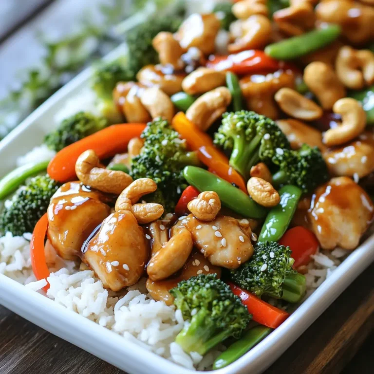 - 1 lb chicken breast, diced into bite-sized pieces - 1 cup unsalted roasted cashews - 2 cups fresh broccoli florets - 1 red bell pepper, sliced into strips - 1 cup snap peas, ends trimmed - 3 tablespoons soy sauce (or tamari) - 2 tablespoons honey (or maple syrup) - 1 tablespoon rice vinegar - 2 teaspoons sesame oil - 3 cloves garlic, minced finely - 1 tablespoon fresh ginger, grated - Salt and freshly cracked black pepper to taste I use these ingredients to create a tasty meal. The chicken breast gives a good source of protein. I love how the cashews add a nice crunch. Fresh vegetables like broccoli, bell pepper, and snap peas add color and nutrients. The sauces bring the dish to life. I often use soy sauce or tamari for a gluten-free option. Honey or maple syrup adds a touch of sweetness. Rice vinegar gives a nice tang that balances the flavors. The sesame oil adds richness to the dish. Garlic and ginger are must-haves for depth. Finally, salt and black pepper enhance all the flavors. These ingredients make this sheet pan cashew chicken a quick and tasty meal. You’ll love how easy it is to put together! {{ingredient_image_2}} 1. Preheat your oven to 400°F (200°C). This helps cook the chicken and veggies well. 2. Prepare a large baking sheet. Line it with parchment paper or foil for easy cleanup. 3. Take the chicken breast and dice it into bite-sized pieces. 4. Wash and chop fresh broccoli into florets. 5. Slice the red bell pepper into strips. 6. Trim the ends from the snap peas. 1. In a small bowl, combine the soy sauce (or tamari), honey (or maple syrup), rice vinegar, and sesame oil. 2. Add in the minced garlic and grated ginger. 3. Whisk everything together until it's smooth and well mixed. This will be your tasty marinade. 1. Pour the marinade over the chicken and veggies. Toss them well to coat every piece. 2. Spread the mix evenly on the prepared baking sheet. Keep it in a single layer. 3. Sprinkle the unsalted roasted cashews over the top. 4. Season with salt and freshly cracked black pepper to taste. 5. Bake in the oven for 20-25 minutes. Stir halfway through to ensure even cooking. 6. Check that the chicken is cooked through and the veggies are tender. 7. When finished, take it out of the oven and let it cool slightly before serving. To ensure even cooking, spread the chicken and veggies in a single layer. This helps all the pieces roast properly. Stir the mix halfway through baking. This keeps everything cooking evenly. Check chicken doneness by cutting a piece in the middle. The meat should be white and juices should run clear. If it's pink, return it to the oven for a few more minutes. Serve the cashew chicken over fluffy jasmine rice for a filling meal. The rice soaks up all the tasty sauce. For a beautiful look, garnish with extra roasted cashews. A sprinkle of sesame seeds adds nice texture. You can also add fresh cilantro leaves for a pop of green. For a gluten-free option, swap soy sauce with tamari. This keeps the flavor while avoiding gluten. If you prefer a different sweetener, use maple syrup instead of honey. It gives a lovely sweetness without using honey. Pro Tips Marinate for Flavor: Allow the chicken to marinate for at least 30 minutes before baking to enhance the flavor. For even better results, marinate overnight in the refrigerator. Use Fresh Ingredients: Fresh vegetables not only add vibrant color but also provide better texture and flavor. Try to use seasonal produce for the best results. Adjust Cooking Time: Depending on your oven's efficiency, you may need to adjust the cooking time slightly. Always check that the chicken is fully cooked and the veggies are tender but still crisp. Customize Your Veggies: Feel free to substitute or add other vegetables such as carrots, bell peppers, or zucchini to suit your taste preferences and what's in your fridge. {{image_4}} You can change up the veggies in this dish. Try using bell peppers of different colors, like yellow or green. Carrots, zucchini, or even cauliflower work well too. These swaps add variety and make your meal more colorful. Mixing in colorful vegetables not only looks great but also boosts nutrition. Each vegetable brings its own flavor and texture. So, feel free to get creative with what you have in your fridge! Want to switch the protein? You can use tofu or shrimp instead of chicken. Both options absorb the sauce nicely. If you have leftover chicken, this is a perfect way to use it. Just chop it up and toss it in with the veggies. This flexibility allows you to make the dish fit your needs. You can even mix proteins for a fun twist! Adjust the sweetness or saltiness to suit your taste. If you like it sweeter, add more honey or maple syrup. For a saltier kick, add extra soy sauce. Feel free to experiment with spices and herbs. Adding red pepper flakes gives a nice heat. Fresh cilantro or parsley can brighten the flavors. These tweaks let you customize the dish to your liking! To store leftovers, let the dish cool first. Place it in an airtight container. This keeps the meal fresh. The best containers for storage are glass or BPA-free plastic. They seal tightly and prevent spills. To freeze the dish, let it cool completely. Then, portion it into freezer-safe bags. Remove as much air as possible before sealing. For reheating, thaw overnight in the fridge. Reheat in the oven at 350°F for about 15-20 minutes. This warms it through without drying it out. In the fridge, the dish lasts up to three days. Keep an eye on the texture and smell. Signs of spoilage include a sour smell or slimy chicken. Trust your senses to keep your meals safe! How to ensure chicken is juicy? To keep chicken juicy, do not overcook it. Bake until the internal temperature reaches 165°F. You can also marinate the chicken for at least 30 minutes. This adds flavor and moisture. Can I use frozen vegetables? Yes, you can use frozen vegetables. Just ensure they are thawed and drained before adding them to the dish. This helps avoid excess water in your meal. What can I serve with cashew chicken? I recommend serving cashew chicken over jasmine rice. You can also add a side of steamed vegetables for extra color and nutrients. A light salad works well, too. How can I make this dish spicier? To add heat, include red pepper flakes or sliced jalapeños. You can also add a dash of hot sauce to the marinade. Adjust the amount to match your spice level. Can I make this in a slow cooker? Yes, you can make this dish in a slow cooker. Combine all ingredients in the cooker. Cook on low for 4-6 hours or high for 2-3 hours. What if I’m allergic to nuts? If you're allergic to nuts, skip the cashews. You can replace them with sunflower seeds or leave them out completely. The dish will still be tasty and flavorful. This blog post shared a delicious recipe for cashew chicken, highlighting its main ingredients, sauces, and seasonings. I provided a simple step-by-step guide for preparation, mixing, and baking.Important cooking and presentation tips made your dish stand out. You also learned about ingredient variations and storage tips for leftovers. Enjoy exploring flavors and making this dish your own! Keep cooking with confidence and creativity.