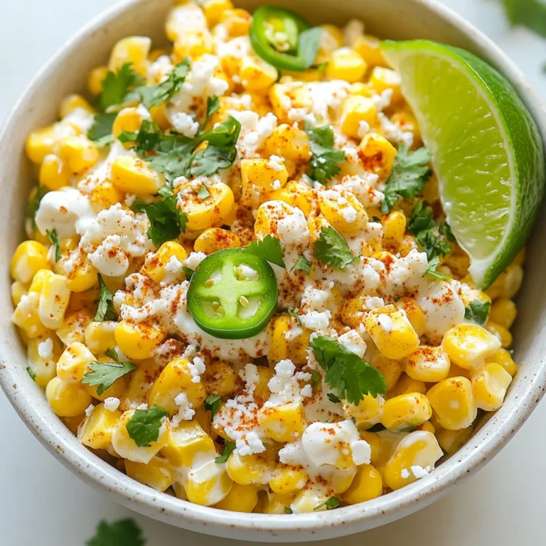 - 4 ears of fresh corn, husked and grilled - 1 cup creamy mayonnaise - 1 cup tangy sour cream - 1 cup cotija cheese, crumbled (reserve some for garnish) - 1/2 cup fresh cilantro, chopped - 1 jalapeño, finely diced (remove seeds if you prefer less heat) - 1 teaspoon chili powder - 1 teaspoon smoked paprika - Juice of 1 lime - Salt and freshly cracked black pepper to taste Using fresh ingredients makes a big difference. Choose sweet, juicy corn for the best flavor. Look for firm ears with bright green husks. The cotija cheese should be crumbly and creamy. Fresh cilantro adds a bright taste, so pick the leaves that look vibrant and green. For the jalapeño, pick one that feels firm and smells spicy. These small details enhance your dip's overall taste. If you're out of cotija cheese, feta works well too. For a lighter dip, Greek yogurt can replace sour cream. If you want less heat, skip the jalapeño or use a bell pepper. You can also add a bit of cumin for a different flavor twist. Be creative with your ingredients and adjust them to your taste. {{ingredient_image_2}} Start by preheating your grill to medium heat. This step is crucial for the best flavor. A hot grill ensures that the corn cooks evenly and gets that nice char. Place the husked corn on the grill. Grill the corn for about 10 to 12 minutes. Make sure to rotate the ears every few minutes. This helps to cook them evenly and gives them a nice golden color. Once done, carefully take the corn off the grill and let it cool for a bit. When the corn is cool enough, grab a sharp knife. Slice the kernels off the cob and add them to a large mixing bowl. Then, add the following ingredients: - 1 cup creamy mayonnaise - 1 cup tangy sour cream - 1 cup cotija cheese, crumbled (save some for later) - 1/2 cup fresh cilantro, chopped - 1 jalapeño, finely diced (remove seeds for less heat) - 1 teaspoon chili powder - 1 teaspoon smoked paprika - Juice of 1 lime - Salt and freshly cracked black pepper to taste Gently fold everything together. Mix until it’s well combined, but don’t mash the corn! Spoon the dip into a serving bowl. Top it with the reserved cotija cheese and a sprinkle of cilantro for a colorful touch. Serve this dip with crisp tortilla chips for dipping. You can also use it as a topping for tacos. Enjoy the burst of flavors! To get the best flavor from your dip, use fresh corn. The natural sweetness shines through. Grilling the corn adds a smoky taste. The charred bits give a great crunch. Mix in creamy mayonnaise and sour cream for richness. Cotija cheese adds a salty bite. Don’t forget the lime juice! It brightens up all the flavors. Use fresh cilantro for a burst of freshness. Chili powder and smoked paprika give it a nice kick. Grilling corn is easy if you follow a few steps. Start with husked corn. Preheat your grill to medium heat. Grill the corn for about 10-12 minutes. Turn the ears often for even charring. You want them to be golden brown and slightly blackened. This adds depth to your dip. Allow the corn to cool before cutting the kernels off. Use a sharp knife to slice the kernels off the cob. This will keep them intact and crunchy. Garnish makes your dip look even better. Save some cotija cheese for the top. Sprinkle it on right before serving. Add more chopped cilantro for color and flavor. You can also add chili powder or paprika for extra flair. For a fun twist, try adding lime wedges on the side. This way, people can squeeze more lime if they want. Enjoy the dip with crunchy tortilla chips or use it on tacos! Pro Tips Grill the Corn: For the best flavor, use fresh, in-season corn and grill it until it has a nice char for added smokiness. Adjust the Heat: If you prefer a milder dip, make sure to remove all the seeds and membranes from the jalapeño before dicing. Mixing Technique: Be gentle when folding the ingredients together to keep the corn kernels intact for a great texture. Serving Suggestions: This dip is versatile; serve it warm or cold alongside tortilla chips, or use it as a topping for grilled meats and tacos. {{image_4}} You can boost this dip by adding protein. Grilled chicken or shrimp works great. Just chop the cooked meat into small pieces. Mix it in with the corn and other ingredients. This makes the dip heartier and more filling. You can also use rotisserie chicken for a quick option. Just shred it and fold it in. If you want a different flavor, try smoked chicken. It adds a nice depth. If you love heat, add more jalapeño. You can increase the amount to two or three diced jalapeños. Just remember to take out the seeds for less spice. If you want it even spicier, add a splash of hot sauce. This will give your dip a fiery kick. You can also mix in some diced chipotle peppers for a smoky flavor. Adjust the spice to fit your taste. You can make this dip vegan-friendly. Swap the mayonnaise and sour cream for plant-based versions. Look for vegan mayo and dairy-free sour cream. Use nutritional yeast instead of cotija cheese for a cheesy taste. This keeps the dip creamy while making it plant-based. You can also add avocado for extra creaminess and flavor. This way, everyone can enjoy this tasty dip. To store leftover Mexican street corn dip, transfer it into an airtight container. Make sure to cover it well. This dip can last in the fridge for three to five days. Always check for any signs of spoilage before eating. If it smells off or has changed color, it’s best to toss it. You can freeze this dip, but keep in mind that the texture may change. To freeze, place the dip in a freezer-safe container. Leave some space at the top, as the dip may expand when frozen. It can last in the freezer for up to three months. Thaw it in the fridge overnight before reheating. When you’re ready to enjoy your dip again, reheat it on the stove or in the microwave. If using the stove, warm it over low heat. Stir it gently to prevent burning. If using the microwave, heat it in short bursts, stirring in between. This helps keep the dip creamy and delicious. Add a splash of lime juice for extra flavor if needed. Mexican Street Corn Dip is a creamy, flavorful dip inspired by elote. Elote is grilled corn on the cob topped with cheese, lime, and spices. This dip uses grilled corn, mayonnaise, sour cream, cotija cheese, and spices. Together, these ingredients create a zesty and rich flavor that is hard to resist. Yes, you can make this dip ahead of time. It tastes even better after sitting for a few hours. Just cover it and chill in the fridge. When you are ready to serve, stir it gently to mix. You can serve this dip with various snacks. Crisp tortilla chips are a classic choice. You can also use it as a topping for tacos or quesadillas. Fresh veggies like cucumbers and bell peppers work great too. This dip lasts about 3 to 5 days in the fridge. Make sure to keep it in an airtight container. If you notice any changes in smell or color, it’s best to throw it out. Enjoy it while it’s fresh! This blog post covered how to make Mexican Street Corn Dip. We discussed ingredient quality, grilling corn, and serving tips. You can add protein or spice it up with jalapeños. Storing leftovers and reheating are easy too. In the end, making this dip is fun and tasty. Try different variations for new flavors. Enjoy sharing this delicious dip at your next gathering!