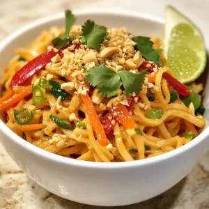 - 8 oz. rice noodles - 1/2 cup creamy peanut butter - 1/4 cup soy sauce (or tamari for a gluten-free option) - 2 tablespoons honey (or maple syrup for a vegan option) - 1 tablespoon sesame oil - 2 cloves garlic, minced - 1 teaspoon fresh ginger, grated - 1 teaspoon chili paste (adjust according to your heat preference) - 1 red bell pepper, thinly sliced - 1 cup shredded carrots - 3 green onions, chopped - 1/4 cup chopped fresh cilantro for garnish - Crushed peanuts for topping - Lime wedges for serving If you have allergies or dietary needs, here are some great swaps: - Peanut butter: Use sunflower seed butter for nut-free options. - Soy sauce: Tamari is perfect for gluten-free needs. - Honey: Maple syrup works well for vegans. - Rice noodles: Substitute with zucchini noodles for a lower-carb choice. This dish serves four and is packed with flavors and nutrients: - Calories: Approximately 400 per serving - Protein: 12g - Fat: 20g - Carbohydrates: 45g - Fiber: 3g Enjoy this quick and tasty meal. You’ll love how easy it is to make! {{ingredient_image_2}} To cook the rice noodles, first boil a pot of water. Use enough water to cover the noodles completely. Once boiling, add 8 oz. of rice noodles. Cook them according to the package instructions, usually around 4 to 6 minutes. After they are tender, drain the noodles in a colander. Rinse them under cold water to stop the cooking. This will keep them from getting mushy. Set the cooled noodles aside in a large mixing bowl. Next, we will make the peanut sauce. In a separate large bowl, mix these ingredients: - 1/2 cup creamy peanut butter - 1/4 cup soy sauce - 2 tablespoons honey - 1 tablespoon sesame oil - 2 cloves garlic, minced - 1 teaspoon fresh ginger, grated - 1 teaspoon chili paste Whisk these together until smooth. If the sauce is too thick, add warm water a tablespoon at a time. Keep mixing until you reach the right consistency. Now, it’s time to combine everything. Pour the cooled rice noodles into the bowl with the peanut sauce. Toss the noodles gently to coat them well. Then, add in the sliced red bell pepper and shredded carrots. Mix carefully so you don’t break the noodles. Let the combined noodles sit for about 5 minutes. This helps all the flavors mix. To serve, put the noodles into bowls. Top them with chopped green onions, crushed peanuts, and fresh cilantro. Add a lime wedge on the side for extra flavor. Enjoy your spicy peanut noodles! To change the heat in your Spicy Peanut Noodles, focus on the chili paste. Start with one teaspoon as the recipe suggests. If you want more heat, add in small amounts. Taste after each addition. This way, you control the spice. For milder noodles, use less chili paste or skip it altogether. You can also add a dollop of sour cream or yogurt to cool it down if it gets too spicy. Leftover Spicy Peanut Noodles can stay fresh for about three days in the fridge. Use an airtight container to keep them safe. When you store them, separate the noodles from the sauce if you can. This keeps the noodles from getting soggy. When you're ready to eat, just mix them back together. You can also add a splash of water to the noodles when reheating. This helps bring back the sauce’s creamy texture. To make your Spicy Peanut Noodles even better, consider these fun ideas. Add fresh herbs like basil or mint for a bright taste. Chopped peanuts add a nice crunch. You can also garnish with lime juice for a zesty kick. For extra protein, toss in some cooked chicken or tofu. Serve the noodles in colorful bowls to make them pop visually. This makes your dish not only tasty but also a feast for the eyes! Pro Tips Adjust the Heat: Modify the amount of chili paste according to your spice preference. Start with less if you're unsure, as you can always add more later! Make it Creamier: If you prefer a creamier sauce, add more peanut butter or a splash of coconut milk for extra richness. Fresh Ingredients: Use fresh vegetables for the best flavor and texture. Crisp veggies will enhance the dish's overall appeal. Meal Prep Friendly: Prepare the sauce in advance and store it in the fridge. Just toss it with freshly cooked noodles and veggies when you're ready to eat! {{image_4}} You can easily make Spicy Peanut Noodles vegan. Just swap honey for maple syrup. This small change keeps all the sweetness. You can also use tamari instead of soy sauce for a gluten-free option. The creamy peanut butter remains the same, giving the dish its rich flavor. Add more veggies like bell peppers or snap peas for extra crunch and nutrients. Adding protein makes the dish heartier. For a plant-based choice, use firm tofu. Cut it into cubes and pan-fry until golden. This adds a nice texture and taste. If you prefer meat, grilled chicken works well. Slice it thin and mix it in with the noodles. Shrimp is another great option for seafood lovers. Each protein choice enhances the meal in its own way. To make this dish gluten-free, stick to rice noodles and tamari. Rice noodles are naturally gluten-free and perfect for this recipe. Always check your sauce labels. Some soy sauces contain gluten. Use fresh vegetables to add color and texture. The key is ensuring all ingredients are certified gluten-free. This way, everyone can enjoy these tasty noodles. To store leftover Spicy Peanut Noodles, first cool them to room temperature. Then, place them in an airtight container. This keeps moisture in and prevents the noodles from drying out. Make sure to eat them within three days for the best taste. You can freeze Spicy Peanut Noodles. First, cool the noodles completely. Then, transfer them to a freezer-safe bag. Squeeze out excess air before sealing. Label the bag with the date. They can last up to three months in the freezer. To use, simply thaw them overnight in the fridge. When you are ready to enjoy your leftovers, reheat them gently. You can use a microwave or a stovetop. If using a microwave, heat in short bursts, stirring in between. If using the stovetop, add a splash of water to the pan. This helps the noodles heat evenly and keeps them moist. Enjoy your meal! Yes, you can make Spicy Peanut Noodles in advance. Cook the noodles and mix them with the sauce. Store them in the fridge for up to three days. When ready to serve, just add fresh vegetables and toss. The flavors will deepen, making the dish even tastier. If you need a substitute for peanut butter, try almond butter or sunflower seed butter. Both give a nice creamy texture. You can also use tahini, which is sesame-based. Just make sure the flavor works with your taste. To lower the calories in Spicy Peanut Noodles, use less peanut butter. A lighter sauce can also help. Swap rice noodles for zucchini noodles or whole-grain options. Use less honey or maple syrup, too. Adding more veggies and reducing fats can keep the dish light yet delicious. In this blog post, we covered the key ingredients for Spicy Peanut Noodles. I shared tips for substitutions and gave a nutrition summary. Next, we went through the step-by-step cooking process, making the dish easy to follow. You also learned helpful tips for adjusting spice levels and storing leftovers. Lastly, we explored variations for different diets. By trying these ideas, you can enjoy a simple, tasty meal that suits your needs. Enjoy making your own Spicy Peanut Noodles!