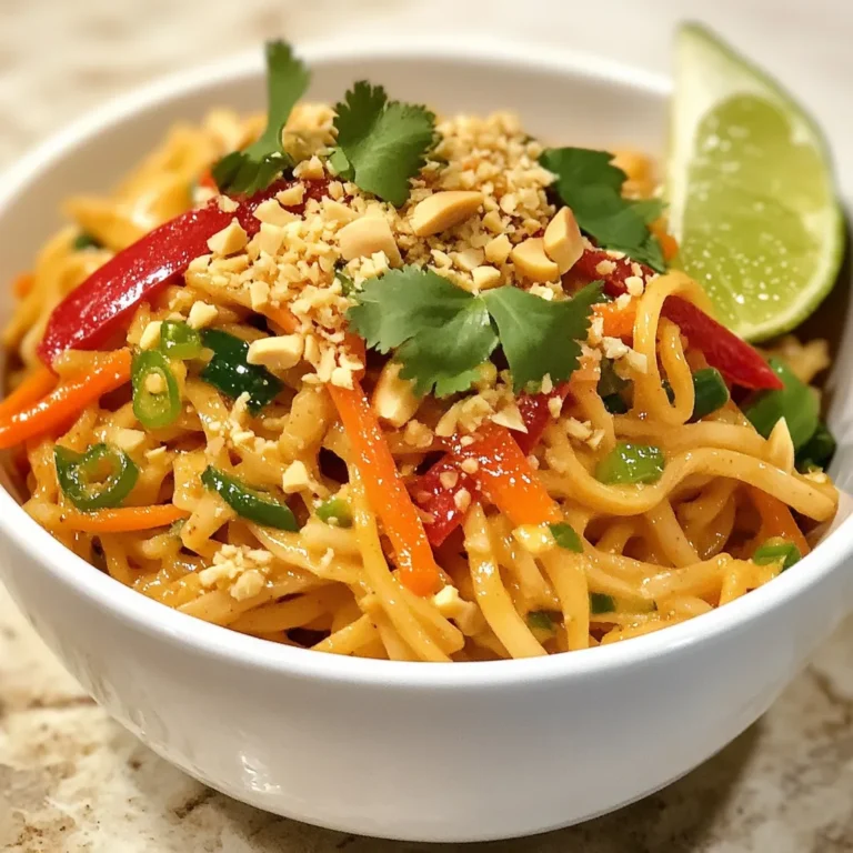 - 8 oz. rice noodles - 1/2 cup creamy peanut butter - 1/4 cup soy sauce (or tamari for a gluten-free option) - 2 tablespoons honey (or maple syrup for a vegan option) - 1 tablespoon sesame oil - 2 cloves garlic, minced - 1 teaspoon fresh ginger, grated - 1 teaspoon chili paste (adjust according to your heat preference) - 1 red bell pepper, thinly sliced - 1 cup shredded carrots - 3 green onions, chopped - 1/4 cup chopped fresh cilantro for garnish - Crushed peanuts for topping - Lime wedges for serving If you have allergies or dietary needs, here are some great swaps: - Peanut butter: Use sunflower seed butter for nut-free options. - Soy sauce: Tamari is perfect for gluten-free needs. - Honey: Maple syrup works well for vegans. - Rice noodles: Substitute with zucchini noodles for a lower-carb choice. This dish serves four and is packed with flavors and nutrients: - Calories: Approximately 400 per serving - Protein: 12g - Fat: 20g - Carbohydrates: 45g - Fiber: 3g Enjoy this quick and tasty meal. You’ll love how easy it is to make! {{ingredient_image_2}} To cook the rice noodles, first boil a pot of water. Use enough water to cover the noodles completely. Once boiling, add 8 oz. of rice noodles. Cook them according to the package instructions, usually around 4 to 6 minutes. After they are tender, drain the noodles in a colander. Rinse them under cold water to stop the cooking. This will keep them from getting mushy. Set the cooled noodles aside in a large mixing bowl. Next, we will make the peanut sauce. In a separate large bowl, mix these ingredients: - 1/2 cup creamy peanut butter - 1/4 cup soy sauce - 2 tablespoons honey - 1 tablespoon sesame oil - 2 cloves garlic, minced - 1 teaspoon fresh ginger, grated - 1 teaspoon chili paste Whisk these together until smooth. If the sauce is too thick, add warm water a tablespoon at a time. Keep mixing until you reach the right consistency. Now, it’s time to combine everything. Pour the cooled rice noodles into the bowl with the peanut sauce. Toss the noodles gently to coat them well. Then, add in the sliced red bell pepper and shredded carrots. Mix carefully so you don’t break the noodles. Let the combined noodles sit for about 5 minutes. This helps all the flavors mix. To serve, put the noodles into bowls. Top them with chopped green onions, crushed peanuts, and fresh cilantro. Add a lime wedge on the side for extra flavor. Enjoy your spicy peanut noodles! To change the heat in your Spicy Peanut Noodles, focus on the chili paste. Start with one teaspoon as the recipe suggests. If you want more heat, add in small amounts. Taste after each addition. This way, you control the spice. For milder noodles, use less chili paste or skip it altogether. You can also add a dollop of sour cream or yogurt to cool it down if it gets too spicy. Leftover Spicy Peanut Noodles can stay fresh for about three days in the fridge. Use an airtight container to keep them safe. When you store them, separate the noodles from the sauce if you can. This keeps the noodles from getting soggy. When you're ready to eat, just mix them back together. You can also add a splash of water to the noodles when reheating. This helps bring back the sauce’s creamy texture. To make your Spicy Peanut Noodles even better, consider these fun ideas. Add fresh herbs like basil or mint for a bright taste. Chopped peanuts add a nice crunch. You can also garnish with lime juice for a zesty kick. For extra protein, toss in some cooked chicken or tofu. Serve the noodles in colorful bowls to make them pop visually. This makes your dish not only tasty but also a feast for the eyes! Pro Tips Adjust the Heat: Modify the amount of chili paste according to your spice preference. Start with less if you're unsure, as you can always add more later! Make it Creamier: If you prefer a creamier sauce, add more peanut butter or a splash of coconut milk for extra richness. Fresh Ingredients: Use fresh vegetables for the best flavor and texture. Crisp veggies will enhance the dish's overall appeal. Meal Prep Friendly: Prepare the sauce in advance and store it in the fridge. Just toss it with freshly cooked noodles and veggies when you're ready to eat! {{image_4}} You can easily make Spicy Peanut Noodles vegan. Just swap honey for maple syrup. This small change keeps all the sweetness. You can also use tamari instead of soy sauce for a gluten-free option. The creamy peanut butter remains the same, giving the dish its rich flavor. Add more veggies like bell peppers or snap peas for extra crunch and nutrients. Adding protein makes the dish heartier. For a plant-based choice, use firm tofu. Cut it into cubes and pan-fry until golden. This adds a nice texture and taste. If you prefer meat, grilled chicken works well. Slice it thin and mix it in with the noodles. Shrimp is another great option for seafood lovers. Each protein choice enhances the meal in its own way. To make this dish gluten-free, stick to rice noodles and tamari. Rice noodles are naturally gluten-free and perfect for this recipe. Always check your sauce labels. Some soy sauces contain gluten. Use fresh vegetables to add color and texture. The key is ensuring all ingredients are certified gluten-free. This way, everyone can enjoy these tasty noodles. To store leftover Spicy Peanut Noodles, first cool them to room temperature. Then, place them in an airtight container. This keeps moisture in and prevents the noodles from drying out. Make sure to eat them within three days for the best taste. You can freeze Spicy Peanut Noodles. First, cool the noodles completely. Then, transfer them to a freezer-safe bag. Squeeze out excess air before sealing. Label the bag with the date. They can last up to three months in the freezer. To use, simply thaw them overnight in the fridge. When you are ready to enjoy your leftovers, reheat them gently. You can use a microwave or a stovetop. If using a microwave, heat in short bursts, stirring in between. If using the stovetop, add a splash of water to the pan. This helps the noodles heat evenly and keeps them moist. Enjoy your meal! Yes, you can make Spicy Peanut Noodles in advance. Cook the noodles and mix them with the sauce. Store them in the fridge for up to three days. When ready to serve, just add fresh vegetables and toss. The flavors will deepen, making the dish even tastier. If you need a substitute for peanut butter, try almond butter or sunflower seed butter. Both give a nice creamy texture. You can also use tahini, which is sesame-based. Just make sure the flavor works with your taste. To lower the calories in Spicy Peanut Noodles, use less peanut butter. A lighter sauce can also help. Swap rice noodles for zucchini noodles or whole-grain options. Use less honey or maple syrup, too. Adding more veggies and reducing fats can keep the dish light yet delicious. In this blog post, we covered the key ingredients for Spicy Peanut Noodles. I shared tips for substitutions and gave a nutrition summary. Next, we went through the step-by-step cooking process, making the dish easy to follow. You also learned helpful tips for adjusting spice levels and storing leftovers. Lastly, we explored variations for different diets. By trying these ideas, you can enjoy a simple, tasty meal that suits your needs. Enjoy making your own Spicy Peanut Noodles!