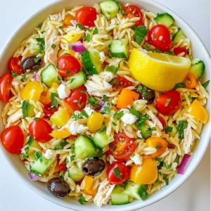 To make a tasty Greek Orzo Salad with Chicken, you'll need: - 1 cup orzo pasta - 2 cups cooked chicken breast, shredded - 1 cup cherry tomatoes, halved - 1 cucumber, diced - 1 bell pepper (any color), diced - 1/2 red onion, finely chopped - 1/2 cup black olives, sliced - 1/2 cup feta cheese, crumbled - 1/4 cup fresh parsley, chopped - 3 tablespoons olive oil - 2 tablespoons lemon juice - 1 teaspoon dried oregano - Salt and pepper to taste You can make this salad your own by adding: - Avocado for creaminess - Artichoke hearts for a unique flavor - Spinach or arugula for extra greens - Grilled zucchini for added texture - Roasted red peppers for sweetness Choosing fresh ingredients makes a big difference. Here are some tips: - Cherry tomatoes: Look for firm ones with a bright color. - Cucumbers: Pick ones that are smooth and firm. - Bell peppers: Choose peppers with shiny skin and no blemishes. - Olives: Go for plump olives; they should smell briny and fresh. - Parsley: Fresh parsley should be vibrant and not wilted. Using fresh produce gives your Greek Orzo Salad a lively taste and makes it fun to eat! {{ingredient_image_2}} To start, boil a large pot of water. Add a good amount of salt. This helps flavor the pasta. Once the water boils, add 1 cup of orzo. Cook it for 8-10 minutes until it is al dente. When done, drain the orzo in a colander. Rinse it under cold water to stop the cooking. This keeps the orzo firm and fresh. In a big mixing bowl, combine the salad's main ingredients. Start with 2 cups of shredded cooked chicken. Then add 1 cup of halved cherry tomatoes. Next, toss in 1 diced cucumber and 1 diced bell pepper. Add 1/2 finely chopped red onion and 1/2 cup of sliced black olives. Finally, sprinkle in 1/2 cup of crumbled feta cheese. Gently mix these ingredients to blend them well. In a small bowl, prepare the dressing. Whisk together 3 tablespoons of olive oil and 2 tablespoons of lemon juice. Add 1 teaspoon of dried oregano. Season it with a pinch of salt and pepper. Taste this dressing and adjust it if needed. This dressing adds a bright flavor to your salad. Now, it is time to mix everything. Add the cooled orzo pasta to the salad bowl with the chicken and veggies. Pour the dressing over the top. Using a spatula or a wooden spoon, gently toss everything together. Make sure all the ingredients are well-coated with the dressing. To finish, sprinkle 1/4 cup of chopped fresh parsley over the salad. Give it one last gentle toss. This adds color and freshness. Taste your salad and adjust seasoning if needed. Enjoy the bright flavors and textures in every bite. To cook orzo just right, follow these steps: - Boil water in a large pot and add salt. - Add orzo and stir it well. - Cook as per the package, usually 8-10 minutes. - Test a piece for doneness; it should be firm, not mushy. - Drain orzo and rinse under cold water to stop cooking. This method gives you orzo that is not too soft and keeps the dish fresh. If you have any salad left, store it with care: - Place it in an airtight container. - Keep it in the fridge for about 2-3 days. - Avoid adding dressing until serving to keep it fresh. This way, your salad stays tasty and crisp for your next meal. Presentation makes your dish more appealing. Here are some tips: - Serve in a large bowl or on individual plates. - Garnish with extra parsley for a pop of color. - Add a lemon wedge on the side for a fresh touch. A beautiful plate will make your Greek orzo salad shine at any table. Enjoy every bite! Pro Tips Cook Orzo Perfectly: To achieve the best texture, make sure to cook the orzo until it’s al dente. This prevents it from becoming mushy once added to the salad. Customize with Veggies: Feel free to add other vegetables such as spinach, artichokes, or roasted red peppers for extra flavor and nutrition. Make Ahead: This salad can be prepared a few hours in advance. Just keep the dressing separate until you’re ready to serve to maintain freshness. Use Fresh Herbs: Fresh herbs like basil or mint can enhance the salad’s flavor profile. Experiment with different herbs to find your favorite combination! {{image_4}} If you need a gluten-free option, swap orzo for rice or quinoa. Both work well and keep the salad tasty. For a vegan version, replace chicken with chickpeas or tofu. Use a dairy-free cheese instead of feta. This keeps the salad rich in flavor while meeting your dietary needs. You can add more zest to your salad! Try adding artichoke hearts, sun-dried tomatoes, or roasted red peppers. These ingredients boost flavor and add color. Nuts like pine nuts or walnuts bring a nice crunch too. Fresh herbs like basil or mint can enhance the taste even more. This salad shines as both a main dish and a side. When served as a main, it fills you up with protein and veggies. If you serve it as a side, pair it with grilled meat or fish. Either way, the Greek Orzo Salad with Chicken is sure to impress. Enjoy it at picnics, lunches, or parties! To store Greek Orzo Salad, place it in an airtight container. Make sure the salad is cool before sealing it. This helps keep the flavors fresh. You can store it in the fridge for optimal taste. Use glass or plastic containers with tight-fitting lids. These containers help prevent spills and keep the salad crisp. If you have smaller portions, consider using smaller containers. This makes it easier to grab a quick meal. Greek Orzo Salad stays fresh for about 3 to 5 days in the fridge. To keep it tasting great, check for signs of wilting or spoilage. If any ingredients look off, it’s best to toss the salad. Always taste a small bite before serving leftovers to ensure freshness. Yes, you can use other pasta shapes. Small shapes work best. Try fusilli or penne. These shapes hold the dressing well. Just cook them until al dente. This salad is full of nutrients. One serving has about 400 calories. It includes protein from chicken and healthy fats from olive oil. You also get fiber from veggies. Each serving has roughly: - Protein: 25g - Carbohydrates: 40g - Fat: 15g - Fiber: 5g This salad lasts about 3 days in the fridge. Keep it in an airtight container. The flavors will blend after a day. Just remember to stir it before eating. Yes, you can make this salad ahead of time. It tastes even better after sitting for a few hours. Just mix everything but the dressing. Add the dressing just before serving for best taste. This salad pairs well with many dishes. Serve it with grilled chicken or fish. It also goes great with pita bread and hummus. For a drink, try lemonade or iced tea. Greek Orzo Salad is simple and tasty. We covered key ingredients, steps for cooking, and tips for freshness. You can adjust the salad to match your taste. Store any leftovers properly for later enjoyment. Remember, experimenting with flavors makes this dish shine. I hope you feel confident making it your own and sharing it with others. Enjoy every bite!