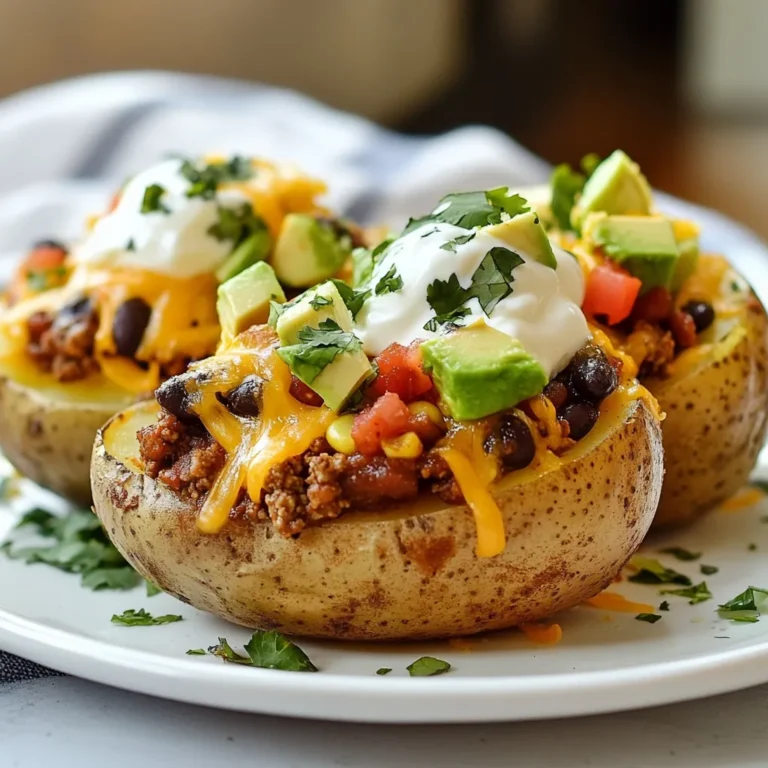 To make Cheesy Taco Potatoes, gather these simple ingredients: - 4 large russet potatoes - 1 pound ground beef or turkey - 1 packet taco seasoning - 1 cup shredded cheddar cheese - 1 cup black beans, rinsed and drained - 1 cup corn (frozen or canned) - 1 cup salsa - 1/2 cup sour cream or Greek yogurt - 1 ripe avocado, diced - Fresh cilantro, chopped (for garnish) - Salt and pepper to taste - Olive oil for drizzling When it comes to choosing the best brands, I have a few favorites: - Potatoes: I prefer Idaho potatoes for their quality. - Meat: For ground beef, I recommend Laura's Lean Beef. For turkey, Butterball is a good choice. - Taco Seasoning: Old El Paso has a reliable taco seasoning mix. - Cheese: Use Tillamook cheddar for rich flavor. - Beans: Goya offers great canned black beans. - Corn: Del Monte or Green Giant corn is always sweet and tasty. - Salsa: Pace salsa packs a punch. - Sour Cream/Yogurt: Daisy sour cream is creamy and smooth. Don’t have everything? Here are some easy swaps: - Ground Meat: Use lentils or mushrooms for a vegetarian option. - Cheese: Try pepper jack for a spicy kick or vegan cheese for dairy-free. - Beans: Any canned beans like pinto or kidney work well. - Corn: You can use fresh corn if it's in season. - Salsa: Homemade salsa can add a fresh taste. - Sour Cream: Greek yogurt offers a healthy alternative. These options let you get creative while keeping the dish delicious! {{ingredient_image_2}} Start by heating your oven to 425°F (220°C). Rinse the russet potatoes under cool water to clean them. Use a fork to poke several holes in each potato. This helps steam escape while baking. Drizzle a little olive oil over the potatoes, then sprinkle them with salt. Wrap each potato in aluminum foil. Place them directly on the oven rack. Bake for 45-60 minutes. They are done when a fork goes in easily. While the potatoes bake, heat a skillet over medium heat. Add your ground beef or turkey to the pan. Use a spatula to break the meat apart. Cook until it is browned, stirring often. If there is extra fat, drain it from the skillet. Sprinkle the taco seasoning over the meat. Stir well to coat the meat. Add the rinsed black beans, corn, and salsa. Mix everything together. Cook for 5-7 minutes to let the flavors blend. When the potatoes are done, take them out of the oven. Be careful; they will be hot! Unwrap the foil and slice each potato lengthwise. Make a pocket but don't cut all the way through. Use a fork to fluff the insides of the potatoes. Spoon the seasoned taco mixture into the potato pockets. Fill them to your liking. Top with shredded cheddar cheese. Return the potatoes to the oven for 5-10 minutes until the cheese melts. Finally, add a dollop of sour cream or Greek yogurt, diced avocado, and chopped cilantro. Enjoy your Cheesy Taco Potatoes! To get soft and fluffy potatoes, start with good russet potatoes. Rinse them well to remove dirt. Use a fork to poke holes in each potato. This helps steam escape as they cook. Drizzle olive oil on the outside and sprinkle salt for flavor. Wrap each potato in foil and bake them at 425°F for 45-60 minutes. Check by poking with a fork. If it slides in easily, your potatoes are done. Toppings turn good potatoes into great ones. After baking, slice each potato down the middle. Use a fork to fluff up the inside. Add the taco meat mixture first. This mix has seasoned ground beef, black beans, and corn, so it’s full of flavor. Then, sprinkle a generous amount of cheddar cheese on top. The cheese melts and becomes gooey, making it even better. Finish with a dollop of sour cream or Greek yogurt, diced avocado, and chopped cilantro for freshness. These toppings add creaminess and texture, making each bite more enjoyable. Avoid some simple mistakes for the best cheesy taco potatoes. First, don’t skip the holes in the potatoes. They need to vent as they bake. Next, ensure you cook the meat well and drain any excess fat. Too much fat can make your dish greasy. Don't overfill the potatoes; a little goes a long way. Finally, let the cheese melt before serving. This makes each potato warm and inviting. With these tips, your cheesy taco potatoes will impress family and friends! Pro Tips Choose the Right Potatoes: Russet potatoes are ideal for this recipe due to their fluffy texture when baked, which pairs perfectly with the cheesy taco filling. Customize the Filling: Feel free to add your favorite ingredients such as jalapeños, diced tomatoes, or even different types of cheese to personalize your taco potatoes. Check for Doneness: To ensure your potatoes are cooked perfectly, use a fork to pierce them; they should feel soft and give easily. Presentation Matters: For a beautiful presentation, layer your toppings artfully and serve with lime wedges for an extra burst of flavor. {{image_4}} You can easily make Cheesy Taco Potatoes vegetarian or vegan. Swap the ground beef or turkey for a plant-based alternative, like lentils or chickpeas. Use taco seasoning to add flavor. For a vegan version, choose dairy-free cheese or skip the cheese entirely. Add more black beans or corn for extra protein and texture. While cheddar cheese is a classic choice, you can mix it up. Try Monterey Jack for a creamier taste. Pepper Jack adds a spicy kick. If you love a strong flavor, go for feta or blue cheese. For a vegan option, use cashew cheese or vegan mozzarella. These choices can change the dish’s flavor and keep it fun. Want to spice things up? Add jalapeños or hot sauce to the taco mix. For more veggies, toss in diced bell peppers, onions, or zucchini. You can also add some fresh lime juice for a zesty twist. These simple changes can make your Cheesy Taco Potatoes unique and full of flavor. Experiment with different combinations to find your favorite! To store leftover Cheesy Taco Potatoes, let them cool first. Place the potatoes in an airtight container. Make sure to separate the toppings if possible. Store them in the fridge for up to three days. If you want to keep them longer, consider freezing. Wrap each potato in plastic wrap, then place in a freezer bag. They can last up to three months in the freezer. When you are ready to enjoy your leftovers, there are a few ways to reheat them. For the best results, use the oven. Preheat your oven to 350°F (175°C). Unwrap the potatoes and place them on a baking sheet. Heat for about 20 minutes or until warm. You can also use the microwave. Just place a potato on a plate and heat for 2-3 minutes. Check if it's hot enough. If not, continue heating in short bursts. Meal prepping Cheesy Taco Potatoes is a great way to save time. You can prepare the filling ahead of time. Cook the meat, beans, and corn together, then store in the fridge. On your cooking day, bake the potatoes, fill them, and add cheese. This method cuts down on cooking time. You can also make a big batch and freeze them for later. Just remember to label them with the date. This way, you know when to use them! Yes, you can make Cheesy Taco Potatoes ahead of time. Cook the potatoes and meat mixture as directed. Allow everything to cool. Store the potatoes and filling separately in airtight containers. You can keep them in the fridge for up to three days. When you are ready to eat, reheat the filling and stuff it into the potatoes. Bake them again for a few minutes to melt the cheese. This way, you save time and still enjoy a tasty meal. Cheesy Taco Potatoes are great on their own, but adding sides can enhance your meal. Here are some ideas: - A fresh green salad with light dressing - Tortilla chips with salsa or guacamole - Grilled vegetables for extra flavor - Corn on the cob for a sweet crunch These sides balance the richness of the potatoes and add more color to your plate. To make Cheesy Taco Potatoes gluten-free, choose gluten-free taco seasoning. Many brands offer gluten-free options. Always check the label to confirm. For the potatoes, use fresh ingredients and avoid any gluten-containing sauces or toppings. This way, you can enjoy the flavors without any gluten worry. Enjoy your meal without missing out! Cheesy Taco Potatoes are simple and fun to make. We covered the key ingredients, helpful cooking steps, and tips for success. You learned how to custom-make this dish with vegetarian versions and flavor swaps. Storing leftovers is easy, and reheating keeps the taste great. Keep these ideas in mind to impress friends and family. You'll have a tasty meal ready to enjoy anytime!