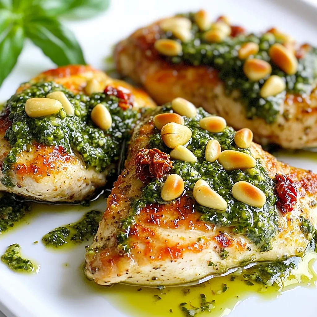 - 4 boneless, skinless chicken breasts - 1/2 cup sun-dried tomatoes, packed in oil, drained and finely chopped - 1 cup fresh basil leaves, packed - 1/4 cup grated Parmesan cheese - 2 cloves garlic, minced - 1/4 cup pine nuts, lightly toasted for extra flavor - 1/2 cup extra virgin olive oil - Salt and freshly ground black pepper, to taste To make this dish, you need fresh and flavorful ingredients. The sun-dried tomatoes give a rich taste. Fresh basil adds a bright note. Parmesan cheese adds a nice salty touch. The garlic brings depth to the dish. The pine nuts add a crisp texture. Olive oil helps blend everything together while keeping it smooth. - 1 tablespoon balsamic vinegar If you want to enhance the flavor, add balsamic vinegar. This gives a sweet and tangy touch to the pesto. It can make your dish even more special. Serve the chicken with roasted vegetables or a fresh salad. A colorful plate makes it more appealing. You can also drizzle more pesto on top for extra flavor. Sprinkle some crushed pine nuts for added crunch. This adds a nice touch to your meal, making it look and taste great. {{ingredient_image_2}} To make the sun-dried tomato pesto, gather your ingredients. You need sun-dried tomatoes, basil, Parmesan cheese, garlic, and pine nuts. Place them in a food processor. Pulse the mixture until it's finely chopped. This helps mix the flavors well. While the processor runs, slowly add the olive oil. This will create a smooth paste. Make sure to taste it. You might want to add salt or pepper for extra flavor. Next, get your chicken breasts ready. Start by seasoning them. Sprinkle salt and pepper on both sides. This enhances the chicken's taste. It’s simple but important. After seasoning, heat a tablespoon of olive oil in an oven-safe skillet. You want it hot before adding the chicken. Now, sear the chicken in the hot skillet. Cook for about 3-4 minutes on each side. Look for a nice golden-brown color. This step adds flavor. After searing, take the skillet off the heat. Spread a generous amount of the sun-dried tomato pesto over each piece. Then, place the skillet in your preheated oven. Bake for 20-25 minutes. Check that the chicken reaches 165°F (75°C) inside. After baking, let it rest for a few minutes. This helps keep the chicken juicy. Serve it with your favorite sides! To get a great sear on chicken breasts, you need hot oil. Heat 1 tablespoon of olive oil in an oven-safe skillet over medium-high heat. Once the oil is hot, add your seasoned chicken breasts. Sear them for about 3-4 minutes on each side. Look for a golden-brown color. This gives your chicken flavor and texture. You can change the pesto flavor to fit your taste. If you like it tangy, add more balsamic vinegar. Want it richer? Increase the Parmesan cheese. For more herbs, toss in extra basil or even a bit of parsley. Taste the pesto as you mix and adjust until it’s just right for you. Cooking chicken to the right temperature is very important. Always aim for an internal temperature of 165°F (75°C). Use a meat thermometer to check this. Cooking at the right temperature keeps the chicken juicy and safe to eat. If you’re baking, set your oven to 375°F (190°C). This ensures even cooking and helps the flavors develop. Pro Tips Choose Quality Ingredients: Opt for high-quality sun-dried tomatoes and fresh basil to elevate the flavor of your pesto. Fresh ingredients make a significant difference in taste. Toast Pine Nuts Carefully: Toasting pine nuts can enhance their flavor, but be cautious as they can burn quickly. Keep an eye on them and stir frequently for even toasting. Let Chicken Rest: Allowing the chicken to rest after baking helps retain juices, resulting in a moist and tender dish. Don’t skip this step! Experiment with Cheese: While Parmesan is a classic choice, feel free to experiment with other cheeses like pecorino or even a sprinkle of goat cheese for added tang. {{image_4}} If you want to switch things up, try using different proteins. You can use turkey breasts for a leaner option. Pork chops work well too and add a different flavor. For seafood lovers, salmon fillets or shrimp can be a delicious twist. Just adjust the cooking time based on the protein you choose. To make this dish vegan, replace the chicken with hearty vegetables like zucchini or eggplant. Marinate them in the pesto for added flavor. You can also use tofu or tempeh for a protein-rich option. Just ensure you cook it until golden brown for a nice texture. For a vegetarian version, you can keep the chicken but add more veggies to the dish. You can easily swap some ingredients for what you have on hand. If you don’t have sun-dried tomatoes, try using roasted red peppers. They add a sweet and smoky flavor. Instead of Parmesan cheese, you can use nutritional yeast for a cheesy taste without dairy. Pine nuts can be replaced with walnuts or almonds for a different crunch. These simple swaps can still deliver amazing flavor! To store leftover Sun-Dried Tomato Pesto Chicken, let it cool first. Place the chicken in an airtight container. Keep it in the fridge for up to three days. Make sure to separate the pesto from the chicken if you want to keep the flavors fresh. You can freeze both the chicken and the pesto. Wrap the chicken tightly in plastic wrap, then place it in a freezer bag. This helps prevent freezer burn. For the pesto, store it in an airtight container. It can last in the freezer for up to three months. When you reheat the chicken, do it gently. Use the oven at 350°F (175°C) for about 15-20 minutes. This keeps the chicken moist. If you have pesto, add it just before serving. This keeps the flavors bright and fresh. Enjoy your meal! Sun-Dried Tomato Pesto Chicken stays fresh for about 3 to 4 days in the fridge. Store it in an airtight container to keep moisture in. Always let it cool before sealing. This helps to keep the chicken juicy and tasty. Yes, you can make the pesto ahead of time. It stores well in the fridge for about a week. Just place it in a jar and cover it with a thin layer of olive oil. This keeps it fresh and vibrant. You can use it on pasta or sandwiches too! I love serving this chicken with roasted vegetables or a crisp salad. You can also pair it with pasta tossed in extra pesto for a filling meal. If you want a hearty side, try garlic bread or quinoa. These options enhance the flavors and make your meal complete. Sun-Dried Tomato Pesto Chicken is a tasty, simple dish worth trying. We reviewed the key ingredients, cooking steps, and helpful tips. Remember, you can swap proteins or adapt flavors to suit your taste. Store leftovers properly and enjoy them later. This dish brings lots of flavor to your table. I hope you feel inspired to make your own unique sun-dried tomato pesto chicken at home!