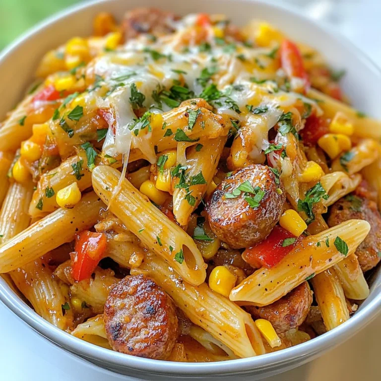 - 12 oz penne pasta - 1 lb smoked sausage - 1 cup chicken broth - 1 medium onion - 1 bell pepper - 2 cloves garlic - 1 cup corn - 1/2 cup honey BBQ sauce - 1 teaspoon smoked paprika - Salt and black pepper - 1/2 cup shredded cheddar cheese - Fresh parsley For this One-Skillet Honey BBQ Sausage Pasta, the ingredients play a key role in making it a tasty dish. The penne pasta is the heart of the meal. It cooks nicely and holds the sauce well. The smoked sausage adds a rich flavor that pairs perfectly with the sweet honey BBQ sauce. Next, we have the chicken broth. This adds moisture and depth to the sauce. It brings everything together in a warm, comforting way. The vegetables and aromatics are crucial too. The onion and bell pepper add sweetness and crunch. Garlic brings a punch of flavor that makes your taste buds dance. Corn adds a nice texture and a hint of sweetness. The sauces and seasonings elevate the dish. Honey BBQ sauce gives it that yummy, sticky glaze. Smoked paprika adds a touch of warmth and a bit of smokiness. Don't forget to season with salt and black pepper to enhance all the flavors. Finally, the garnishes make everything look and taste better. Shredded cheddar cheese melts on top, creating a gooey layer. Fresh parsley adds a pop of color and freshness. These details take the dish from good to great! {{ingredient_image_2}} - Bring salted water to a boil. - Cook penne pasta until al dente. Start by filling a large pot with water. Add a generous pinch of salt to enhance flavor. Bring the water to a rolling boil. Carefully add the penne pasta and stir. Cook it according to the package instructions. Aim for al dente texture; this means the pasta should be firm but not hard. Once cooked, drain the pasta and set it aside. Save a splash of pasta water for later use. - Heat olive oil. - Brown the sliced smoked sausage. In a large skillet, pour in a tablespoon of olive oil. Heat it over medium heat until it shimmers. Add the sliced smoked sausage to the skillet. Cook for about 5-7 minutes. You want it to turn a nice brown color. This adds flavor to your dish. Once browned, remove the sausage and set it aside. - Sauté onion and bell pepper until soft. - Add garlic and corn to the skillet. In the same skillet, add your finely diced onion and diced bell pepper. Sauté them for 3-4 minutes. Stir occasionally until the veggies soften. The onion should become translucent. Next, add minced garlic and corn to the mix. Cook for another 1-2 minutes. This step fills your kitchen with an amazing aroma. - Return sausage to the skillet. - Deglaze with chicken broth. - Add honey BBQ sauce and smoked paprika. Now, it’s time to return the browned sausage to the skillet. Pour in the chicken broth to deglaze. This means scraping up any tasty bits stuck to the bottom. Stir in the honey BBQ sauce and smoked paprika. Mix everything well so each piece is coated with flavor. - Fold cooked penne into the mixture. - Adjust sauce consistency if needed. Gently fold the cooked penne pasta into the skillet. Toss everything together until the pasta is well mixed. If the sauce is too thick, use that reserved pasta water. Add a little splash until you reach your desired consistency. Let the dish simmer for 2-3 minutes to heat through. - Top with shredded cheddar cheese. - Cover and melt the cheese. Finally, sprinkle shredded cheddar cheese over the pasta. Cover the skillet with a lid. Let it sit for 2-3 minutes. This allows the cheese to melt into a gooey, delicious layer. Enjoy the sight of your beautiful dish before serving! To get the best pasta, cook it for 10 to 12 minutes. This timing gives you a nice al dente texture. Al dente means the pasta is firm but cooked. It will hold up well in the sauce. Always remember to reserve some pasta water. This water has starch that helps thicken the sauce later. You can add more spices to boost the flavor. Try adding red pepper flakes for heat or Italian herbs for depth. If you want it sweeter, add more honey BBQ sauce. To cut the sweetness, add a splash of vinegar or lemon juice. One-skillet meals save time and dishes. You cook everything in one place, which makes clean-up easy. To cook efficiently, prep all your ingredients first. This way, you won’t waste time while cooking. A non-stick skillet helps keep food from sticking and makes cleaning easier. Pro Tips Cook Pasta Al Dente: Always cook the pasta until it is just al dente. This ensures it holds up well when mixed with the sauce and prevents it from becoming mushy. Use Fresh Ingredients: Whenever possible, opt for fresh vegetables and high-quality sausage for the best flavor and texture in your dish. Experiment with BBQ Sauce: Feel free to customize your BBQ sauce by adding spices or a dash of hot sauce to tailor it to your taste preferences. Let Cheese Melt Properly: Cover the skillet while the cheese melts to create a gooey texture. This will enhance the overall creaminess of the dish. {{image_4}} You can switch the smoked sausage for other meats. Chicken, turkey, or even beef work well. Each option adds its own taste. If you want a lighter choice, try using chicken sausage. It gives the same great flavor with fewer calories. For plant-based eaters, plant-based sausage is a fantastic option. These sausages are tasty and mimic the texture of meat. They absorb flavors well, making them a perfect fit for this dish. You can create your own honey BBQ sauce at home. Just mix honey, ketchup, vinegar, and spices. This gives you a fresh taste and allows you to adjust the sweetness. If you want to try different flavors, you can use marinara sauce or Alfredo. A spicy arrabbiata sauce can also add a kick. Feel free to explore new taste profiles that excite your palate. Using seasonal vegetables can make this dish even better. Fresh zucchini, asparagus, or mushrooms add great texture and flavor. They also boost your meal's nutrition. Incorporating greens is another smart choice. Spinach or kale mixes well into this pasta. They add color and a healthy twist. Plus, they cook down nicely and blend into the dish. To store leftovers, let the pasta cool down. Use an airtight container to keep it fresh. Place it in the fridge. The pasta lasts about 3 to 4 days. For best taste, enjoy it within this time. To freeze this dish, first cool it completely. Then, scoop portions into freezer-safe bags or containers. Make sure to remove as much air as possible. Label each bag with the date. The pasta can stay in the freezer for up to 3 months. To keep the pasta moist, add a splash of water when reheating. You can microwave it or heat it on the stovetop. If using a microwave, cover the bowl to trap steam. Stir halfway through to heat evenly. On the stovetop, warm it over low heat, stirring gently. Yes, you can make this recipe ahead of time. To prepare, cook the pasta and sausage as directed. Then, let everything cool. Store it in an airtight container in the fridge. When you're ready to eat, just reheat it in a skillet. Add a splash of chicken broth or water to keep it moist while heating. This meal tastes great even after a day or two in the fridge! Pair this dish with simple sides. Here are some ideas: - Garlic bread for a crunchy bite. - A fresh green salad with a light vinaigrette. - Steamed broccoli or green beans for added veggies. - Coleslaw for a crunchy contrast. These sides complement the pasta well and add more flavor to your meal. Yes, you can make this recipe gluten-free! Just use gluten-free penne pasta. Many brands offer tasty options made from rice, corn, or lentils. These pasta types cook similarly to regular pasta. Check the package for cooking times. This way, everyone can enjoy this delicious meal without gluten. This blog post shared a tasty recipe for One-Skillet Honey BBQ Sausage Pasta. You learned about key ingredients, from pasta to spices. I provided step-by-step instructions for cooking and tips to enhance flavor. You can make it your own with different proteins and veggies. In short, this dish is easy, quick, and perfect for busy days. Enjoy making it and impress your friends with your cooking skills!