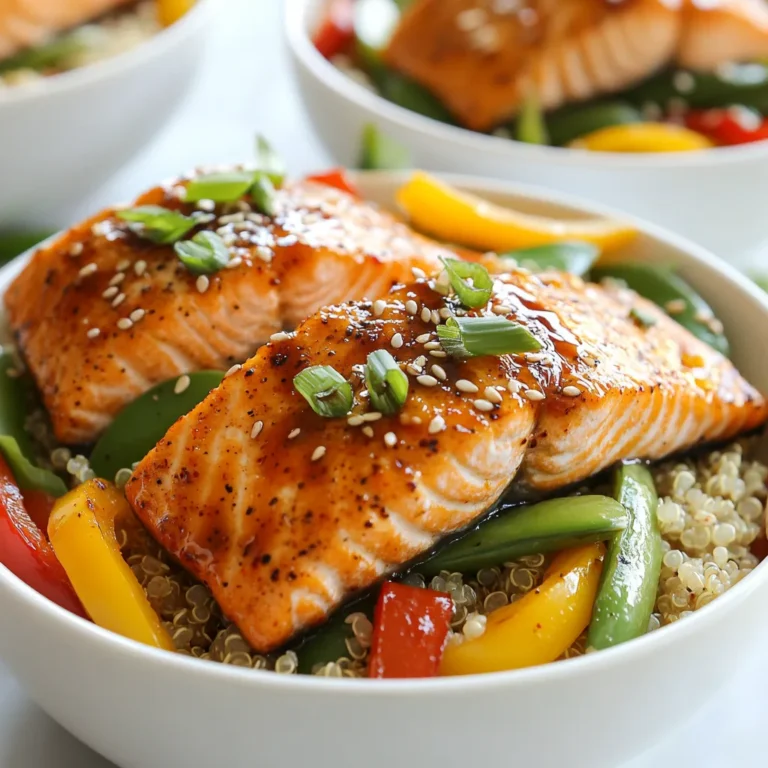 - Salmon fillets: 2 (approximately 6 oz each) - Quinoa: 1 cup, rinsed - Vegetable broth: 2 cups - Mixed bell peppers: 1 cup, thinly sliced - Snap peas: 1 cup, ends trimmed - Sweet chili sauce: 2 tablespoons - Soy sauce: 1 tablespoon (low sodium preferred) - Sesame oil: 1 tablespoon - Fresh ginger: 1 tablespoon, minced - Garlic: 1 clove, minced - Green onions: 2, sliced - Sesame seeds: 1 tablespoon (toasted, optional) - Salt and pepper to taste These ingredients combine to create a meal that is both tasty and healthy. The salmon provides protein and omega-3 fatty acids. Quinoa adds fiber and nutrients. The colorful peppers and snap peas bring freshness and crunch. The sweet chili sauce gives a sweet and spicy kick. Soy sauce adds umami flavor. Sesame oil rounds out the dish with nuttiness. Ginger and garlic add warmth and depth. For garnishing, green onions add a fresh bite. Toasted sesame seeds give a nice crunch. Don't forget to season with salt and pepper to taste. With this mix, your Sweet Chili Salmon Bowls will shine on the table! {{ingredient_image_2}} - Rinse quinoa under cold water. - Combine quinoa and vegetable broth in a pot. Bring it to a boil. - Once boiling, reduce heat. Cover and let it simmer for 15 minutes. - After that, remove it from heat. Keep it covered for 5 more minutes. - Fluff the quinoa with a fork and set it aside. - Season both sides of the salmon fillets with salt and pepper. - Heat sesame oil in a large skillet over medium heat. - Add minced ginger and minced garlic to the skillet. Sauté for 30 seconds. - Place the salmon fillets skin-side down in the skillet. Cook for 3-4 minutes. - Flip the salmon fillets over. Pour sweet chili sauce and soy sauce over them. - Cook for another 3-4 minutes until the salmon is opaque and flaky. - Remove from heat and let the salmon rest for a moment. - In the same skillet, add sliced bell peppers and snap peas. - Sauté for 3-4 minutes until the veggies are tender but still bright. - Season the vegetables with a pinch of salt and pepper. - To assemble, scoop quinoa into each bowl as the base. - Add one salmon fillet on top of the quinoa. Place sautéed vegetables alongside. - Garnish the bowl with sliced green onions and sesame seeds. - Drizzle any remaining sauce from the skillet over everything for extra flavor. How to check salmon doneness To check if salmon is done, look for opaque flesh. Use a fork to flake it gently. If it comes apart easily, it's ready! You can also use a meat thermometer. Aim for 145°F (63°C) for safe cooking. Tips for achieving crispy skin For crispy skin, start with dry salmon fillets. Pat them with a paper towel. Heat your skillet well before adding the fish. Cook skin-side down first, and don’t move it around too much. This helps it get that nice golden color. Common mistakes to avoid Rinsing quinoa removes its bitter taste, so don't skip this step! Also, follow the water ratio closely. Too much water will make it mushy. Use a 2:1 ratio of liquid to quinoa for perfect texture. Alternatives to vegetable broth If you run out of vegetable broth, use water. You can also try chicken broth or even coconut water for a sweet twist. This adds flavor without needing the broth. Ideal side dishes Serve your salmon bowl with a fresh salad or steamed broccoli. These sides add crunch and nutrients. You can also add sliced avocado for creaminess. Presentation tips for a vibrant look Use colorful bowls to enhance your dish's visual appeal. Layer the quinoa, salmon, and veggies in a way that shows off their colors. A lime wedge on the side adds a pop of green and a zesty touch. Pro Tips Perfect Salmon Skin: To achieve crispy skin, ensure the salmon is dry before seasoning and cooking. Pat it down with paper towels to remove excess moisture. Flavor Boost: Add a splash of lime juice to the sautéed vegetables just before serving for a zesty kick that complements the dish. Quinoa Variations: Feel free to substitute quinoa with brown rice or cauliflower rice for different textures and flavors in your bowl. Meal Prep Friendly: This recipe is great for meal prep! Cook extra quinoa and salmon and store in airtight containers for quick lunches throughout the week. {{image_4}} You can change the salmon to chicken or tofu. Chicken gives a nice flavor, while tofu adds a plant-based option. For sauces, try teriyaki or peanut sauce for a new twist. These swaps keep your meal fun and tasty. To make this dish gluten-free, use tamari instead of soy sauce. This simple swap makes it safe for those with gluten issues. You can also add more veggies, like carrots or broccoli, for extra nutrition. More greens boost the vitamins without extra calories. Want to spice it up? Add chili flakes or cumin for heat and depth. Fresh herbs like cilantro or basil can brighten your dish. These little changes make your sweet chili salmon bowls even more special and unique. To keep your sweet chili salmon bowls fresh, store them in an airtight container. Place the salmon, quinoa, and vegetables together in the container. This method helps maintain flavor and texture. Refrigerate the container right away. The leftover salmon bowls stay fresh for about 2 to 3 days. After that, the quality may drop. When it comes to reheating, I suggest using the microwave or a skillet. For the microwave, place the salmon and quinoa on a plate. Heat for 1 to 2 minutes, checking to avoid overcooking. If you use a skillet, add a splash of water to prevent drying. Heat on low for about 5 minutes. This method keeps the salmon moist and tasty. You can freeze sweet chili salmon bowls, but it is best to separate the components. Place the salmon, quinoa, and vegetables in different bags. This way, they freeze better. When ready to eat, thaw overnight in the fridge. Then, reheat as needed. Enjoy your meal without losing flavor! To make this recipe dairy-free, you can skip any dairy ingredients. The sweet chili sauce is already dairy-free. Use vegetable broth instead of chicken broth. Also, ensure the soy sauce you choose is dairy-free. If you want a creamier texture, consider using coconut milk. This keeps the dish rich while being dairy-free. Yes, you can prepare the salmon in advance! Season the salmon fillets with salt and pepper. Store them in the fridge for up to a day. When ready to cook, heat the skillet with sesame oil. Cook the salmon as directed. This way, you save time on busy days. Sweet chili salmon bowls taste great with many sides. Try serving them with a fresh salad. A simple cucumber salad adds crunch and coolness. You can also serve fruit like mango or pineapple for sweetness. For drinks, a light white wine or sparkling water works well. These pairings enhance the meal's flavors and make it even better. This article covered a tasty recipe featuring sweet chili salmon bowls. We explored the key ingredients, cooking steps, and helpful tips. You learned how to make the dish flavorful and visually appealing. Feel free to customize it by swapping proteins or adding more veggies. With these easy steps, you can enjoy a healthy meal at home. Try this recipe for a delicious weeknight dinner. You’ll impress yourself with the fresh flavors and vibrant colors.