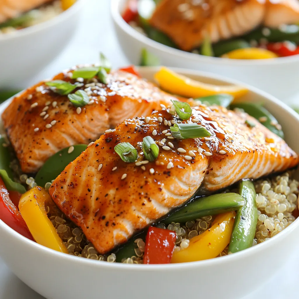 - Salmon fillets: 2 (approximately 6 oz each) - Quinoa: 1 cup, rinsed - Vegetable broth: 2 cups - Mixed bell peppers: 1 cup, thinly sliced - Snap peas: 1 cup, ends trimmed - Sweet chili sauce: 2 tablespoons - Soy sauce: 1 tablespoon (low sodium preferred) - Sesame oil: 1 tablespoon - Fresh ginger: 1 tablespoon, minced - Garlic: 1 clove, minced - Green onions: 2, sliced - Sesame seeds: 1 tablespoon (toasted, optional) - Salt and pepper to taste These ingredients combine to create a meal that is both tasty and healthy. The salmon provides protein and omega-3 fatty acids. Quinoa adds fiber and nutrients. The colorful peppers and snap peas bring freshness and crunch. The sweet chili sauce gives a sweet and spicy kick. Soy sauce adds umami flavor. Sesame oil rounds out the dish with nuttiness. Ginger and garlic add warmth and depth. For garnishing, green onions add a fresh bite. Toasted sesame seeds give a nice crunch. Don't forget to season with salt and pepper to taste. With this mix, your Sweet Chili Salmon Bowls will shine on the table! {{ingredient_image_2}} - Rinse quinoa under cold water. - Combine quinoa and vegetable broth in a pot. Bring it to a boil. - Once boiling, reduce heat. Cover and let it simmer for 15 minutes. - After that, remove it from heat. Keep it covered for 5 more minutes. - Fluff the quinoa with a fork and set it aside. - Season both sides of the salmon fillets with salt and pepper. - Heat sesame oil in a large skillet over medium heat. - Add minced ginger and minced garlic to the skillet. Sauté for 30 seconds. - Place the salmon fillets skin-side down in the skillet. Cook for 3-4 minutes. - Flip the salmon fillets over. Pour sweet chili sauce and soy sauce over them. - Cook for another 3-4 minutes until the salmon is opaque and flaky. - Remove from heat and let the salmon rest for a moment. - In the same skillet, add sliced bell peppers and snap peas. - Sauté for 3-4 minutes until the veggies are tender but still bright. - Season the vegetables with a pinch of salt and pepper. - To assemble, scoop quinoa into each bowl as the base. - Add one salmon fillet on top of the quinoa. Place sautéed vegetables alongside. - Garnish the bowl with sliced green onions and sesame seeds. - Drizzle any remaining sauce from the skillet over everything for extra flavor. How to check salmon doneness To check if salmon is done, look for opaque flesh. Use a fork to flake it gently. If it comes apart easily, it's ready! You can also use a meat thermometer. Aim for 145°F (63°C) for safe cooking. Tips for achieving crispy skin For crispy skin, start with dry salmon fillets. Pat them with a paper towel. Heat your skillet well before adding the fish. Cook skin-side down first, and don’t move it around too much. This helps it get that nice golden color. Common mistakes to avoid Rinsing quinoa removes its bitter taste, so don't skip this step! Also, follow the water ratio closely. Too much water will make it mushy. Use a 2:1 ratio of liquid to quinoa for perfect texture. Alternatives to vegetable broth If you run out of vegetable broth, use water. You can also try chicken broth or even coconut water for a sweet twist. This adds flavor without needing the broth. Ideal side dishes Serve your salmon bowl with a fresh salad or steamed broccoli. These sides add crunch and nutrients. You can also add sliced avocado for creaminess. Presentation tips for a vibrant look Use colorful bowls to enhance your dish's visual appeal. Layer the quinoa, salmon, and veggies in a way that shows off their colors. A lime wedge on the side adds a pop of green and a zesty touch. Pro Tips Perfect Salmon Skin: To achieve crispy skin, ensure the salmon is dry before seasoning and cooking. Pat it down with paper towels to remove excess moisture. Flavor Boost: Add a splash of lime juice to the sautéed vegetables just before serving for a zesty kick that complements the dish. Quinoa Variations: Feel free to substitute quinoa with brown rice or cauliflower rice for different textures and flavors in your bowl. Meal Prep Friendly: This recipe is great for meal prep! Cook extra quinoa and salmon and store in airtight containers for quick lunches throughout the week. {{image_4}} You can change the salmon to chicken or tofu. Chicken gives a nice flavor, while tofu adds a plant-based option. For sauces, try teriyaki or peanut sauce for a new twist. These swaps keep your meal fun and tasty. To make this dish gluten-free, use tamari instead of soy sauce. This simple swap makes it safe for those with gluten issues. You can also add more veggies, like carrots or broccoli, for extra nutrition. More greens boost the vitamins without extra calories. Want to spice it up? Add chili flakes or cumin for heat and depth. Fresh herbs like cilantro or basil can brighten your dish. These little changes make your sweet chili salmon bowls even more special and unique. To keep your sweet chili salmon bowls fresh, store them in an airtight container. Place the salmon, quinoa, and vegetables together in the container. This method helps maintain flavor and texture. Refrigerate the container right away. The leftover salmon bowls stay fresh for about 2 to 3 days. After that, the quality may drop. When it comes to reheating, I suggest using the microwave or a skillet. For the microwave, place the salmon and quinoa on a plate. Heat for 1 to 2 minutes, checking to avoid overcooking. If you use a skillet, add a splash of water to prevent drying. Heat on low for about 5 minutes. This method keeps the salmon moist and tasty. You can freeze sweet chili salmon bowls, but it is best to separate the components. Place the salmon, quinoa, and vegetables in different bags. This way, they freeze better. When ready to eat, thaw overnight in the fridge. Then, reheat as needed. Enjoy your meal without losing flavor! To make this recipe dairy-free, you can skip any dairy ingredients. The sweet chili sauce is already dairy-free. Use vegetable broth instead of chicken broth. Also, ensure the soy sauce you choose is dairy-free. If you want a creamier texture, consider using coconut milk. This keeps the dish rich while being dairy-free. Yes, you can prepare the salmon in advance! Season the salmon fillets with salt and pepper. Store them in the fridge for up to a day. When ready to cook, heat the skillet with sesame oil. Cook the salmon as directed. This way, you save time on busy days. Sweet chili salmon bowls taste great with many sides. Try serving them with a fresh salad. A simple cucumber salad adds crunch and coolness. You can also serve fruit like mango or pineapple for sweetness. For drinks, a light white wine or sparkling water works well. These pairings enhance the meal's flavors and make it even better. This article covered a tasty recipe featuring sweet chili salmon bowls. We explored the key ingredients, cooking steps, and helpful tips. You learned how to make the dish flavorful and visually appealing. Feel free to customize it by swapping proteins or adding more veggies. With these easy steps, you can enjoy a healthy meal at home. Try this recipe for a delicious weeknight dinner. You’ll impress yourself with the fresh flavors and vibrant colors.