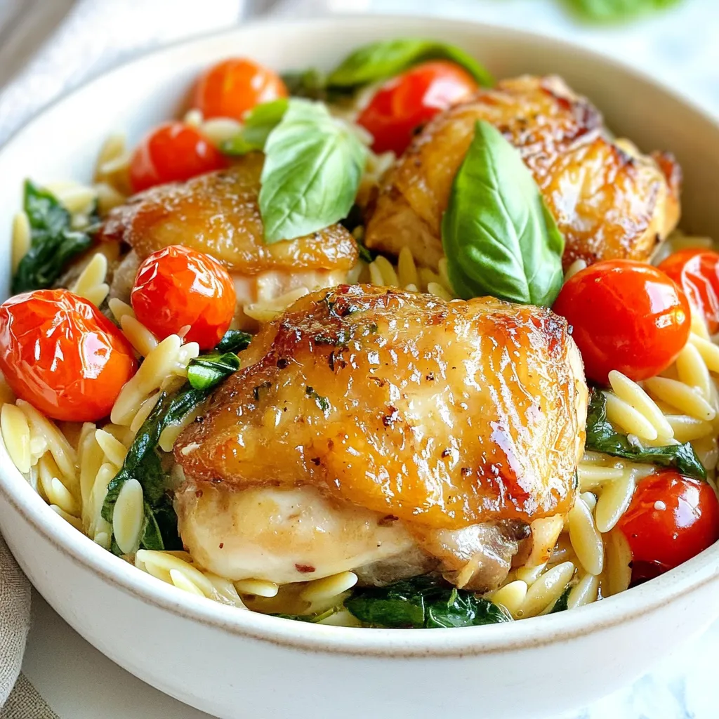 - 1 lb boneless, skinless chicken thighs, cut into bite-sized pieces - 1 cup orzo pasta - 2 cups chicken broth - 1 medium onion, finely chopped - 3 cloves garlic, minced - 1 cup cherry tomatoes, halved - 1 cup baby spinach - 1 teaspoon Italian seasoning - 1/2 teaspoon red pepper flakes (optional, for heat) In this dish, the main stars are the chicken thighs, orzo pasta, and chicken broth. Chicken thighs give a rich taste. They are tender and juicy. The orzo pasta cooks well in the broth, soaking up all the flavors. Chicken broth adds depth to the dish. Next, we have our aromatics. The onion and garlic are key. They add a sweet and savory base. Start by cooking the onion until it is soft. Then, add the garlic for that wonderful aroma. This step builds the flavor for the whole dish. Now, let's look at the vegetables and seasoning. Cherry tomatoes add a pop of color and sweetness. Baby spinach brings a fresh taste and bright green color. Italian seasoning gives the dish its classic flavor. If you like a little heat, red pepper flakes add a nice kick. You can adjust the amount based on your taste. These ingredients blend together to create a warm and hearty meal. The colors and textures make this dish not only tasty but also visually appealing. {{ingredient_image_2}} - Start by chopping 1 pound of boneless, skinless chicken thighs into bite-sized pieces. This makes cooking quick and easy. - Next, finely chop 1 medium onion and mince 3 cloves of garlic. The onion adds sweetness, while garlic brings flavor. - Measure out 1 cup of orzo pasta and 2 cups of chicken broth. These are key to making this dish hearty and tasty. - Heat 2 tablespoons of olive oil in a large pot over medium heat. Wait until the oil shimmers. - Add the chopped onion and sauté for about 3-4 minutes until it turns translucent. Stir often to keep it from burning. - Add the minced garlic and cook for 1 more minute. This step fills your kitchen with a lovely scent. - Increase the heat to medium-high and add the chicken pieces. Season with salt, pepper, 1 teaspoon of Italian seasoning, and ½ teaspoon of red pepper flakes if you like it spicy. Cook for about 5-7 minutes until the chicken is golden brown. - Pour in the chicken broth and stir to mix. Bring this to a gentle boil. - Once boiling, add the orzo pasta and halved cherry tomatoes. Stir well to combine everything. - Reduce the heat to low, cover the pot, and let it simmer for 10-12 minutes. Stir gently and check until the orzo is tender and the liquid is mostly absorbed. - When the orzo is just right, fold in 1 cup of baby spinach until it wilts. This adds a nice color and nutrition. - Taste your dish and adjust with more salt and pepper if needed. Enjoy the aroma as you serve it hot, garnished with fresh basil leaves for a lovely finish. Using fresh herbs can really boost the taste of your dish. Fresh basil leaves add a nice touch when you serve the chicken orzo. You can tear them gently and sprinkle them on top just before serving. The fresh scent makes the meal feel special. You can also change the spice levels to suit your taste. If you like heat, add more red pepper flakes. If you prefer a milder dish, skip them or use less. Always remember to taste as you cook. This way, you can adjust flavors as needed. Stirring regularly is key while cooking. It helps prevent the orzo from sticking to the pot. When you add the orzo, mix it well to ensure it cooks evenly. Stir gently but often for the best results. Check for the doneness of the orzo as it cooks. It should be tender but still have a slight bite, known as al dente. This usually takes about 10-12 minutes. If it looks dry, add a little more broth or water. When serving the chicken orzo, shallow bowls work best. This allows you to show off the vibrant colors of the dish. Make sure to include a mix of chicken, orzo, and veggies in each serving. Adding garnishes can enhance the visual appeal. Extra basil leaves on top not only look great but also add flavor. You can even drizzle a little olive oil for a shiny finish. Enjoy making your dish as beautiful as it is tasty! Pro Tips Ingredient Quality: Use high-quality chicken and fresh vegetables for the best flavor and texture in your dish. Broth vs. Water: Always use chicken broth instead of water for cooking the orzo to enhance the overall taste. Vegetable Variations: Feel free to substitute or add other vegetables like bell peppers or zucchini for more variety and nutrition. Leftovers Storage: Store any leftovers in an airtight container in the fridge for up to 3 days; reheat gently to avoid overcooking the orzo. {{image_4}} You can swap chicken thighs for chicken breast. Chicken breast is leaner and cooks faster. Just remember, it may be less juicy. If you need a gluten-free dish, look for gluten-free orzo. Many brands offer this now. It cooks similarly to regular orzo. Adding veggies is a great way to boost flavor and nutrition. You can toss in peas, bell peppers, or zucchini. Each of these adds a nice crunch and color. Try adding peas during the last few minutes of cooking. Bell peppers can go in just after the chicken browns. Zucchini should be added with the orzo for even cooking. If you want to change the protein, shrimp is a great choice. It cooks quickly and pairs well with orzo. Just add it at the end, so it doesn’t overcook. Tofu is another option for a plant-based dish. Use firm tofu, cut into cubes. Sauté it the same way as the chicken for a tasty meal. These variations keep your dish fresh and exciting. Feel free to mix and match based on your taste! To store your One Pot Chicken Orzo, let it cool first. Place it in an airtight container. This keeps the dish fresh and tasty. You can store it in the fridge for up to three days. When you're ready to eat, just take it out and enjoy. You can freeze One Pot Chicken Orzo too. To do this, let it cool completely. Then, transfer it to a freezer-safe container. Make sure to leave some space at the top for expansion. It can last in the freezer for up to three months. When you want to eat it, take it out and thaw it in the fridge overnight. Reheating One Pot Chicken Orzo is easy. You can use a pot or a microwave. If using a pot, add a splash of chicken broth to keep it moist. Heat it on low, stirring often. This avoids overcooking. If using a microwave, heat it in short bursts. Stir in between to make sure it heats evenly. Enjoy your meal just as tasty as the first time! You can easily make this dish vegetarian. Use mushrooms or firm tofu instead of chicken. Both options add great flavor and texture. Replace chicken broth with vegetable broth for a full vegetarian experience. This way, you keep the dish tasty and satisfying. Yes, you can use other types of pasta. Just keep in mind that cooking times may change. For example, if you use penne or fusilli, they might take a bit longer to cook. Always check the pasta package for directions. Make sure to adjust the liquid amount if needed. Many sides work well with this dish. A simple salad is always a great choice. You can also serve garlic bread for a hearty meal. Roasted vegetables add color and nutrition. Pair your meal with a light wine for a nice touch. This blog covered how to make One Pot Chicken Orzo. We discussed key ingredients, like chicken thighs and orzo pasta. I shared easy steps, tips for great flavor, and storage suggestions. In conclusion, this dish is simple and flexible. You can change ingredients to suit your tastes. Enjoy making this warm, comforting meal that brings everyone together.