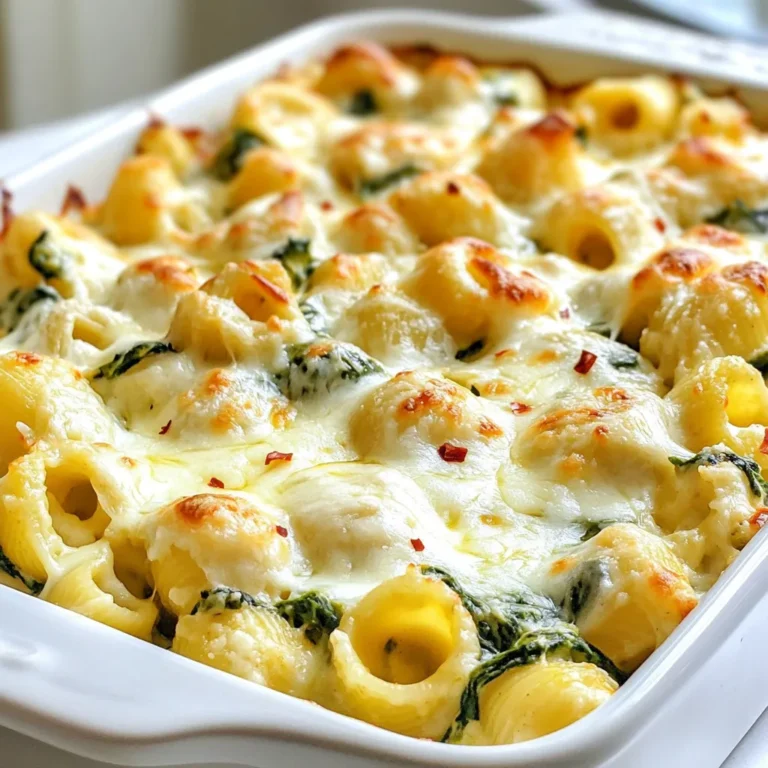 For this creamy dish, I prefer using 8 ounces of pasta. You can choose penne or rigatoni. Both types hold the sauce well. Cook the pasta until it is al dente. This means it should have a slight bite to it. Drain it after cooking, and set it aside. Cheese plays a big role in this bake. I use three types of cheese for great flavor and texture. You need: - 1 cup ricotta cheese - 1 cup cream cheese, softened - 1 cup grated mozzarella cheese, plus more for topping - 1/2 cup grated Parmesan cheese, divided The ricotta adds creaminess, while cream cheese gives richness. Mozzarella melts beautifully, and Parmesan adds a nice salty touch. Fresh veggies and seasonings boost the flavor. I use: - 1 cup fresh spinach, roughly chopped - 1 cup canned artichoke hearts, well-drained and coarsely chopped - 2 cloves garlic, finely minced - 1 teaspoon onion powder - Salt and pepper, to taste - 1 tablespoon extra-virgin olive oil - 1/2 teaspoon red pepper flakes (optional) Spinach and artichokes provide color and nutrients. Garlic adds warmth, while onion powder deepens the taste. A pinch of red pepper flakes can add a nice kick, but it's not required. {{ingredient_image_2}} Start by preheating your oven to 350°F (175°C). This step is key for getting that perfect bake. In a large pot, fill it with water and add some salt. Bring the water to a boil. Add 8 ounces of your chosen pasta. I recommend penne or rigatoni. Cook the pasta until it is al dente, which means it should be firm when bitten. After cooking, drain the pasta and set it aside. In a medium bowl, combine 1 cup of ricotta cheese, 1 cup of softened cream cheese, half a cup of grated mozzarella, and half a cup of grated Parmesan. Mix these ingredients until the mixture is smooth and creamy. This will make the base for your pasta bake. Heat 1 tablespoon of extra-virgin olive oil in a skillet over medium heat. Add 2 cloves of minced garlic and sauté for about 1 minute. Then, add 1 cup of roughly chopped fresh spinach and 1 cup of well-drained artichoke hearts. Cook this for about 2 to 3 minutes until the spinach wilts and the artichokes warm up. In the bowl with your cheese mixture, fold in the sautéed spinach and artichokes. Then gently mix in the cooked pasta. Add 1 teaspoon of onion powder, a pinch of salt, freshly cracked pepper, and optionally 1/2 teaspoon of red pepper flakes for some heat. Stir until everything is well coated and mixed together. Lightly grease a 9x13 inch baking dish with some cooking spray or olive oil. Pour the creamy pasta mixture into the dish and spread it evenly. Top it with the remaining mozzarella and Parmesan for that cheesy crust. Place the baking dish in the preheated oven. Bake for 25 to 30 minutes. You want the cheese on top to be melted, bubbly, and lightly golden brown. Once the pasta bake is baked, carefully take it out of the oven. Let it cool for a few minutes. This cooling time allows the flavors to meld together. Serve it hot, and feel free to garnish with fresh basil or parsley for a nice touch. Enjoy your creamy creation! To make your dish creamy, use full-fat cheeses. Ricotta and cream cheese are key here. Mix them well until smooth. This blend creates a rich texture. You can also add a splash of heavy cream for extra creaminess. Stir it in just before baking. It helps keep the pasta moist. Cook your pasta al dente for the best bite. This means it should be firm, not soft. Follow the package instructions, but check a minute early. Drain it right away to stop cooking. The pasta will soak up some sauce while baking, so it will soften more. A golden cheese top makes your bake look great. For this, use a mix of mozzarella and Parmesan. Sprinkle this blend evenly over the pasta. Bake it until the cheese is bubbly and golden. If you want a darker top, broil it for a minute at the end. Just watch closely to avoid burning! Pro Tips Cheese Choices: Experiment with different cheeses! Try adding goat cheese or feta for a unique flavor twist. Make it Ahead: This dish can be prepared a day in advance. Just cover it tightly and refrigerate before baking. Vegetable Variations: Feel free to add other vegetables such as mushrooms or bell peppers to enhance the dish's nutrition and flavor. Serving Suggestions: Pair with a side salad or garlic bread for a complete meal that’s sure to please! {{image_4}} You can add protein to your creamy spinach artichoke pasta bake. Chicken or shrimp works well here. Cook the protein separately. Then mix it in when combining all the ingredients. If you prefer plant-based protein, try chickpeas or lentils. They add a nice texture and flavor. This recipe is already vegetarian. To keep it that way, use vegetable broth instead of chicken broth. You can also add more veggies like bell peppers or mushrooms for extra flavor. Always make sure your cheese is vegetarian-friendly, as some cheeses use animal rennet. You can change the flavor of your pasta bake easily. Add fresh herbs like basil or parsley for more freshness. A squeeze of lemon juice can brighten the dish. If you like heat, try adding more red pepper flakes. You can also mix in sun-dried tomatoes for a tangy twist. Just be creative and make it your own! After enjoying your creamy spinach artichoke pasta bake, store leftovers in an airtight container. This keeps the dish fresh for about three to four days in the fridge. It’s best to let the bake cool down before sealing it. This helps avoid moisture buildup, which can make the pasta soggy. If you want to save some for later, freeze it! First, let the pasta bake cool completely. Then, cut it into portions and wrap each piece tightly in plastic wrap. Place the wrapped portions in a freezer-safe bag. This way, you can enjoy it for up to three months. When you’re ready to eat, just thaw it in the fridge overnight. Reheat your pasta bake in the oven for the best results. Preheat your oven to 350°F (175°C). Place the pasta in an oven-safe dish, cover it with foil, and bake for about 20 minutes. If you want a crispy top, remove the foil for the last five minutes. You can also use the microwave, but the oven gives you a better texture. Enjoy your tasty leftovers! Yes, you can use different types of pasta. Penne and rigatoni work great. You can also try shells or fusilli. Just ensure the pasta can hold the creamy sauce well. The shape affects how it grabs the sauce. The pasta bake lasts about three to five days in the refrigerator. Store it in an airtight container. Make sure to let it cool before you put it away. This keeps it fresh and tasty for later meals. You can. If you want a lighter option, use cottage cheese instead of ricotta. Cream cheese can be swapped for Greek yogurt for a tangy twist. Just remember, these changes can alter the final taste and texture. Yes, you can prepare it a day ahead. Assemble the bake without baking it. Cover it and put it in the fridge. When you’re ready, just bake it. This saves time on busy days. Salads are a great match. A simple green salad with a light dressing works well. You can also serve garlic bread or roasted vegetables. These sides add balance to the creamy dish and enhance the meal. This blog post broke down how to make a creamy spinach artichoke pasta bake. We covered ingredients like pasta, cheese, and vegetables. I shared step-by-step cooking instructions, tips for the best texture, and tasty variations to try. Feel free to experiment with protein or tweak flavor profiles. You’re ready to create a delicious dish! Remember, proper storage and reheating can keep your meal fresh. Enjoy every bite and share with friends. Your kitchen adventure awaits!