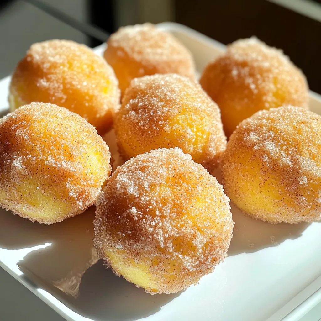 To make Air Fryer Cinnamon Sugar Donut Holes, gather these key ingredients: - 1 cup all-purpose flour - 1/4 cup granulated sugar - 1 teaspoon baking powder - 1/2 teaspoon baking soda - 1/2 teaspoon salt - 1/2 teaspoon ground cinnamon - 1/4 cup milk - 1 large egg, beaten - 2 tablespoons unsalted butter, melted and slightly cooled - 1 teaspoon vanilla extract - 1/4 cup granulated sugar (for coating) - 2 teaspoons ground cinnamon (for coating) These ingredients work together to create a soft and fluffy texture. The cinnamon adds warmth and sweetness. You can add more flavor with these options: - Nutmeg for a warm spice twist - Lemon zest for a fresh, zesty kick - Chocolate chips for extra sweetness Adding these can change the taste and make your donut holes unique. If you need alternatives, try these substitutions: - Substitute almond milk for regular milk. - Use olive oil for melted butter. - Swap the all-purpose flour with a gluten-free blend. These options make the recipe flexible and cater to different diets and preferences. Start with a large bowl. Add 1 cup of all-purpose flour. Then, mix in 1/4 cup of granulated sugar. Next, add 1 teaspoon of baking powder and 1/2 teaspoon of baking soda. Sprinkle in 1/2 teaspoon of salt and 1/2 teaspoon of ground cinnamon. Whisk these ingredients well. This step helps to blend everything and makes the donuts fluffy. In another bowl, pour in 1/4 cup of milk. Crack one large egg and beat it before adding it to the milk. Then, add 2 tablespoons of melted unsalted butter and 1 teaspoon of vanilla extract. Stir until everything is smooth. This mixture adds moisture and flavor to your donut holes. Now, slowly pour the wet mixture into the dry ingredients. Use a spatula to gently mix them. Stop mixing once you see no dry flour. The dough should be thick and soft. Dust your hands with flour. Take small parts of the dough, about a tablespoon each. Roll them into balls. Place these dough balls on a parchment-lined plate. Set your air fryer to 350°F (175°C). Let it preheat for about 5 minutes. Preheating ensures that the donut holes cook evenly and brown nicely. Carefully place the dough balls in your air fryer basket. Make sure they are not touching each other. This helps them cook well. Air fry for 5-6 minutes or until golden brown. If your air fryer is small, you may need to cook them in batches. While the donut holes cook, mix 1/4 cup of granulated sugar with 2 teaspoons of ground cinnamon in a small bowl. Once the donut holes are done, take them out promptly. While they are warm, toss them in the cinnamon sugar mix. Make sure each piece is fully coated. Enjoy them warm for the best taste! For fluffy donut holes, start with the flour mixture. Whisk together flour, sugar, baking powder, baking soda, salt, and cinnamon. This helps air mix in, making the dough light. Use fresh baking powder and soda for the best rise. Always sift the dry ingredients to avoid clumps. Mix the wet ingredients until smooth, then add to the dry ones. Stir gently until just combined. Overmixing makes the dough tough. You want a thick but soft dough. If you see some flour bits, that's okay. Just stop mixing when it looks good. Preheat your air fryer to 350°F (175°C) for even cooking. Space the donut holes in the basket. They should not touch each other. This helps them get a nice, golden brown color. Check them after 5 minutes. If they are not golden, cook for another minute. {{image_4}} You can make gluten-free donut holes using gluten-free flour. This swap keeps the taste and texture light. Just ensure your flour blend includes xanthan gum for the right consistency. Follow the same recipe steps. The donut holes will still taste amazing! Mix things up by adding flavors! You can use chocolate or vanilla to change the taste. For chocolate, add cocoa powder to the dry mix. It adds a rich taste. For vanilla, use more vanilla extract in the wet mix. You can also try almond or lemon extracts for fun twists! If you want a healthier treat, reduce the sugar. Use less granulated sugar in the dough and coating. You can also swap some butter for unsweetened applesauce. It keeps the donut holes moist without adding extra fat. Enjoy your sweet treat with a bit less guilt! After you enjoy your donut holes, store any leftovers in an airtight container. Keep them at room temperature for up to two days. If your kitchen is warm, place them in the fridge to keep them fresh. You can freeze leftover donut holes for later enjoyment. Allow them to cool completely first. Then, place them in a single layer on a baking sheet. Freeze for about an hour, then transfer them to a freezer bag. They will last up to three months in the freezer. To reheat, simply take out the desired amount of donut holes. You can warm them in the air fryer at 350°F (175°C) for about 3-4 minutes. This will help restore that lovely crispness. If you prefer, you can use a microwave for about 10-15 seconds, but they may lose some crunch. Enjoy them warm for the best taste! Yes, you can use self-rising flour. Just skip the baking powder and salt. Self-rising flour already has these mixed in. The donut holes will still rise nicely. Check for a golden brown color. The donut holes should also feel firm to the touch. Insert a toothpick; it should come out clean. If it is wet, cook them a bit longer. Yes, you can bake them in a regular oven. Preheat your oven to 350°F. Place the donut holes on a baking sheet. Bake for about 10 to 12 minutes or until golden brown. Serve donut holes with chocolate sauce or caramel for dipping. You can also enjoy them with coffee or milk. They taste great on their own, too! Store leftover donut holes in an airtight container. They stay fresh for about 2 to 3 days at room temperature. For longer storage, keep them in the fridge for up to a week. You’ve learned how to make tasty donut holes from scratch. We covered key ingredients, step-by-step instructions, and helpful tips. You now know the best ways to store leftovers and enjoy different flavors. Making your treat can be easy and fun. With these skills, you can impress friends and family. I hope you enjoy the joy of making these delicious donut holes. Get your ingredients, and start your cooking adventure!