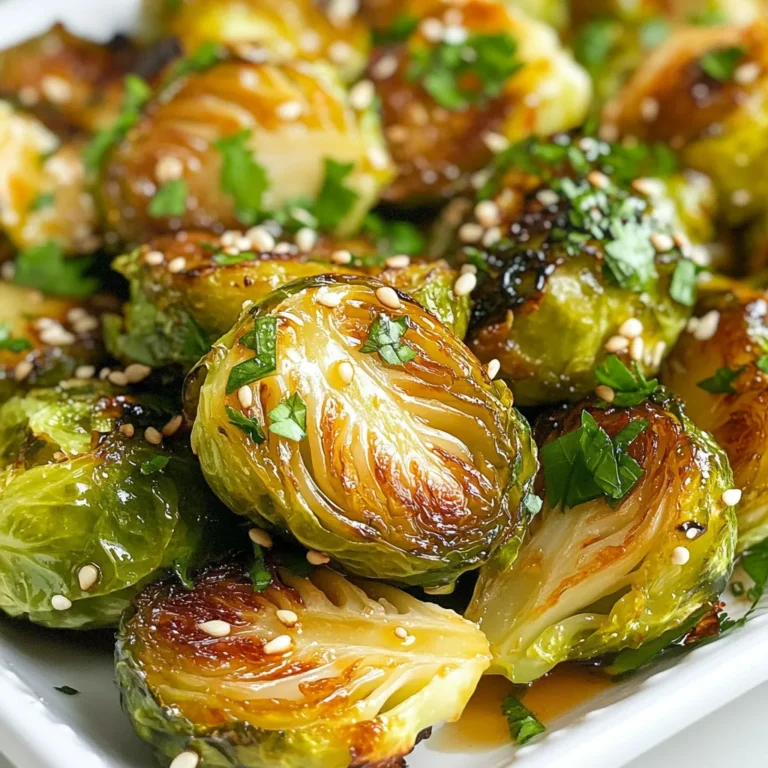 - 1 pound Brussels sprouts, trimmed and halved - 3 tablespoons olive oil - 3 tablespoons honey - 3 cloves garlic, finely minced - 1 teaspoon apple cider vinegar - Salt and freshly ground black pepper to taste - 1 teaspoon red pepper flakes (optional) - Sesame seeds for garnish - Fresh parsley, finely chopped for garnish The key to this recipe is the balance of flavors. I love how the Brussels sprouts get crispy and caramelized while the honey adds a sweet touch. The garlic brings a savory punch, and the vinegar gives it a bit of tang. You can adjust the spice level by adding red pepper flakes, but it's optional. Using fresh Brussels sprouts is important for the best taste. Make sure to trim and halve them so they cook evenly. The olive oil helps to crisp them up nicely in the oven. Don't forget the garnishes! Sesame seeds add a nice crunch, and fresh parsley brings color and freshness. These ingredients come together to make a dish that looks as good as it tastes. Enjoy making these crispy honey garlic Brussels sprouts! {{ingredient_image_2}} Start by preheating your oven to 425°F (220°C). This high heat helps get the sprouts crispy. For easier cleanup, line a baking sheet with parchment paper. This will save you time later. Take 1 pound of Brussels sprouts and trim them. Cut each sprout in half. In a large bowl, mix the halved sprouts with 3 tablespoons of olive oil. Add salt, black pepper, and red pepper flakes if you want some heat. Toss everything well, so each sprout gets coated. Spread the seasoned sprouts on the lined baking sheet. Make sure they lay in a single layer, cut side down. This position helps them crisp up nicely. Roast them in the oven for 20-25 minutes. Look for a beautiful golden brown color on the edges. While the sprouts roast, you can make the sauce. In a small saucepan, add 3 tablespoons of honey, 3 cloves of minced garlic, and 1 teaspoon of apple cider vinegar. Heat this mixture over medium heat. Stir often and let it simmer for about 3-5 minutes until it thickens. Set the sauce aside once done. When the Brussels sprouts finish roasting, take them out and transfer them to a large bowl. Pour your honey garlic sauce over the hot sprouts. Toss everything gently to coat each sprout evenly with the sauce. For extra crunch, place the coated Brussels sprouts back on the baking sheet. Return them to the oven for 5 more minutes. This helps enhance their crispiness, making them even more delightful. Once done, take the baking sheet out and let the sprouts cool for a few minutes. For a beautiful finish, sprinkle sesame seeds and chopped parsley on top. This adds color and a fresh flavor. Enjoy your crispy honey garlic Brussels sprouts! To get Brussels sprouts crispy, place them cut-side down on the baking sheet. This helps them brown evenly. The cut side touches the hot pan first, leading to a nice crunch. If you have a convection oven, use it! The fan circulates hot air. This ensures even cooking and extra crispiness. You can play with the sweetness of the dish. Add more honey for a sweeter taste or less for a milder flavor. Want spice? Try adding cayenne pepper or smoked paprika. Fresh herbs like thyme or rosemary also add a bright note. This gives your Brussels sprouts a unique twist every time. These Brussels sprouts shine next to many main dishes. They pair well with grilled chicken or fish. For a vegetarian meal, serve them with quinoa or a hearty grain salad. You can also toss them in pasta for a complete meal, adding protein like chickpeas or beans for balance. Pro Tips Cut Evenly: Ensure all Brussels sprouts are halved evenly to promote uniform cooking and crispiness. Adjust Sweetness: Feel free to adjust the amount of honey based on your sweetness preference; less honey will create a more savory flavor. Monitor Roasting Time: Keep an eye on the Brussels sprouts during the last few minutes of roasting to avoid burning, as oven temperatures can vary. Garnish Options: Experiment with different garnishes like crushed nuts or chili flakes to add more texture and flavor to your dish. {{image_4}} You can make this dish vegan by swapping honey for maple syrup or agave. Both options add great sweetness. Always check the labels on your sauce and oil. Make sure they are 100% plant-based. This small change allows everyone to enjoy crispy honey garlic Brussels sprouts. You can try different sauces for new tastes. Teriyaki sauce adds a sweet and savory twist. Chili sauce will bring some heat if you want a kick. Fresh herbs like thyme or rosemary can also enhance flavor. Feel free to mix and match these choices. Each option gives your Brussels sprouts a unique taste. If you're short on time, air frying is a great alternative. It cooks the sprouts faster and still makes them crispy. Just follow the same prep steps but adjust the cooking time. Stovetop roasting in a skillet is another method. It allows for easy stirring and quick cooking. Both methods offer delicious results, so you can choose what works best for you. To keep your crispy honey garlic Brussels sprouts fresh, cool them first. Place them in an airtight container. Use glass or plastic containers with tight lids. They stay fresh in the fridge for up to three days. Avoid stacking them too high, as this can make them soggy. To keep the sprouts crispy when reheating, use the oven. Preheat it to 350°F (175°C). Spread the sprouts on a baking sheet in a single layer. Heat them for about 10-15 minutes. Check often to ensure they do not burn. You can also use an air fryer for quick reheating. Set it to 350°F (175°C) and heat for 5-7 minutes. You can freeze both cooked and uncooked Brussels sprouts. If freezing cooked sprouts, let them cool completely. Place them in freezer bags, removing as much air as possible. For uncooked sprouts, wash, trim, and blanch them first. Freeze them in a single layer on a baking sheet, then transfer to a freezer bag. To thaw, place them in the fridge overnight. For best results, reheat cooked sprouts in the oven. This keeps them crispy and tasty. Crispy honey garlic Brussels sprouts last about 3 to 5 days in the fridge. Keep them in an airtight container. Check for signs like a mushy texture or off smell. If they seem slimy or smell bad, toss them out. You can use frozen Brussels sprouts, but they may not crisp up as well. Frozen sprouts often contain more water, which can make them soggy. If you decide to use them, thaw and drain them first. Then, follow the same roasting steps. These sprouts pair well with many dishes. They complement roasted chicken or salmon perfectly. You can also serve them with rice or quinoa for a filling meal. Consider a side of mashed potatoes or a fresh salad for balance. Yes, Brussels sprouts are very healthy! They are low in calories and high in fiber. They also provide vitamins C and K. Eating Brussels sprouts can support digestion and improve overall health. Plus, they are rich in antioxidants, which help fight disease. Yes, you can make this recipe ahead of time. Prepare the Brussels sprouts and roast them. Store them in the fridge before adding the sauce. When you're ready to serve, warm them in the oven. This keeps them crispy and delicious! Crispy honey garlic Brussels sprouts are easy to make and tasty. You learned how to prepare, cook, and store them. With a few simple ingredients and steps, you can impress anyone. Remember, you can adapt the recipe to fit your taste. Try different flavors or cooking methods for a fun twist. Don’t forget to store leftovers properly for later enjoyment. Enjoy your cooking journey and savor every bite!