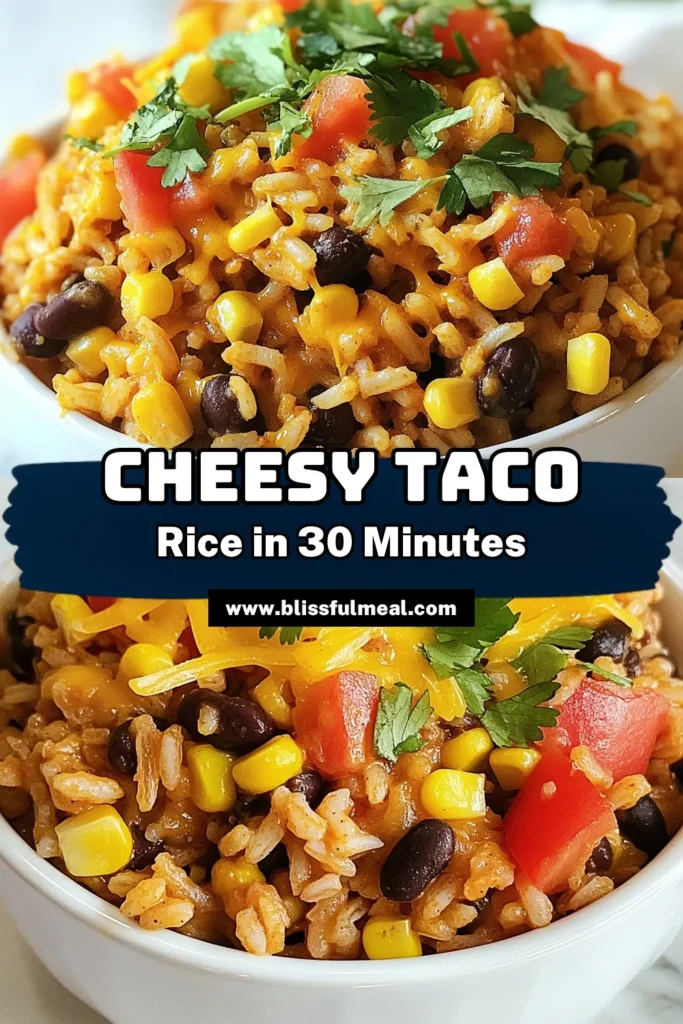 Looking for an easy taco rice dinner? Try this delicious cheesy taco rice recipe! This one-pot cheesy rice combines hearty ingredients like black beans and corn with a zesty taco seasoning for a vegetarian taco rice dish that even meat lovers will enjoy. Perfect for weeknight dinners, this cheesy rice with beans is quick to make and packed with flavor. Save this recipe for your next meal and impress your family! #CheesyTacoRice #EasyDinner #OnePotMeals #VegetarianRecipes