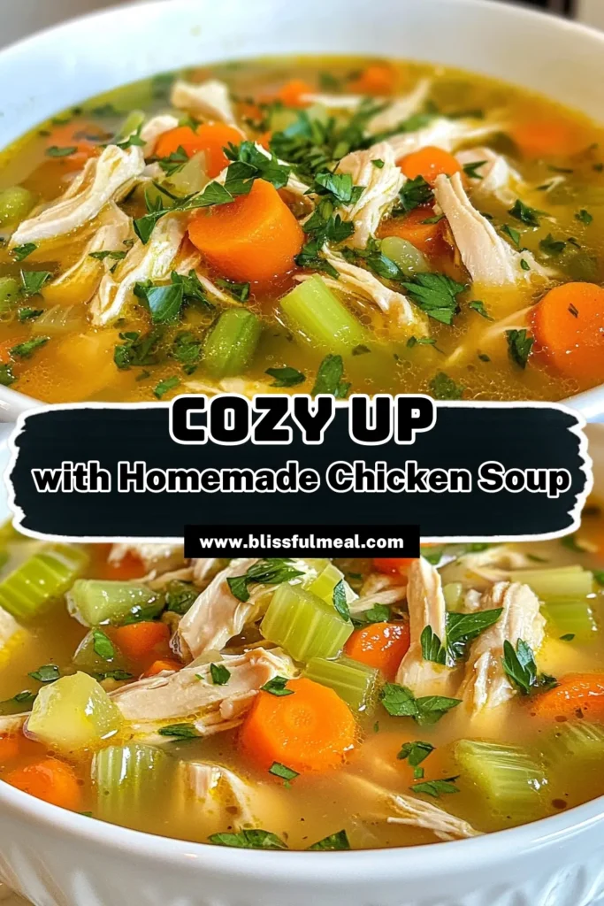 Warm up with this Cozy Chicken Soup that’s perfect for chilly days! This Homemade Chicken Soup Recipe features tender chicken and a medley of fresh vegetables, making it the ultimate Comfort Food Soup. With this Easy Chicken Soup Recipe, you’ll have a steaming bowl of Chicken Soup with Vegetables ready in just over an hour. Dive into this heartwarming dish and savor the flavor! Save for your next cozy meal! #ChickenSoup #ComfortFood #EasyRecipes #HomemadeSoup
