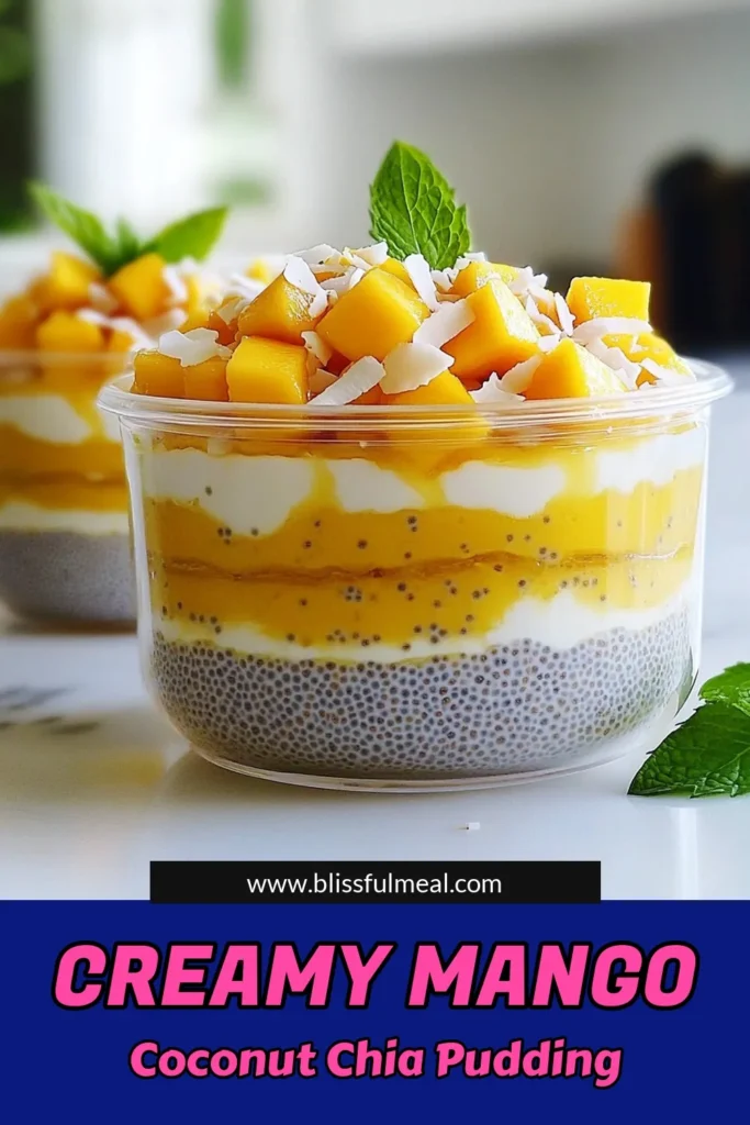Indulge in the tropical goodness of Mango Coconut Chia Pudding! This creamy, nutrient-packed dessert combines the richness of coconut milk with sweet mango and crunchy coconut flakes. Perfect for breakfast or a guilt-free treat, it's easy to make and ready in just 15 minutes (plus chilling time). Click to discover the full recipe and impress your friends with this deliciously simple dessert! #MangoCoconutChiaPudding #HealthyDesserts #ChiaPudding #TropicalTreats