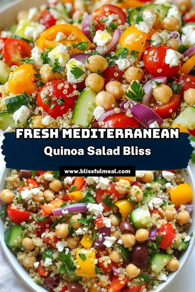 Discover the vibrant flavors of this Mediterranean quinoa salad, the perfect blend of fresh ingredients and wholesome nutrition. Packed with protein-rich chickpeas, this healthy quinoa recipe is ideal for meal prep or as a side dish. Explore fresh salad ideas with vegan Mediterranean dishes that everyone will love. Try it today and elevate your mealtime with this delicious chickpea salad recipe! Save and share for later! #MediterraneanQuinoaSalad #HealthyQuinoaRecipes #VeganMediterraneanDishes #ChickpeaSaladRecipe