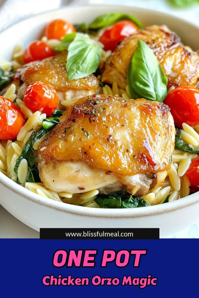 Discover the deliciousness of One Pot Chicken Orzo, the ultimate Chicken Orzo Recipe for busy weeknights! This Easy One Pot Meal combines tender chicken thighs, orzo pasta, and vibrant veggies for a quick dinner that everyone will love. Ready in just 30 minutes, it’s perfect for a hearty family meal. Save this recipe for an effortless dinner that’s packed with flavor! #OnePotChickenOrzo #QuickDinnerRecipes #ChickenAndOrzoPasta #EasyOnePotMeal