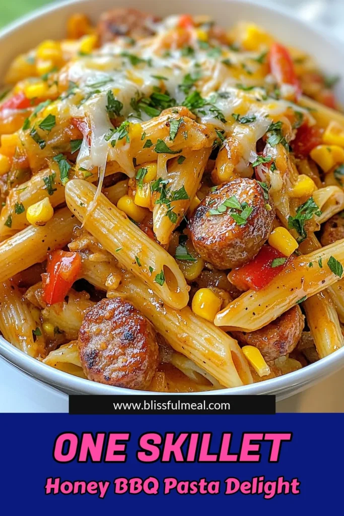 Looking for a quick and delicious meal? Try this one-skillet sausage pasta with honey BBQ flavor that your family will love! Our easy honey BBQ pasta recipe features smoked sausage penne, colorful veggies, and melty cheddar cheese, all cooked in one pan. Perfect for busy weeknights, this comfort food pasta recipe is a must-try! Save this recipe for your next easy skillet dinner! #OneSkilletSausagePasta #HoneyBBQPastaRecipe #ComfortFood #EasyDinnerIdeas