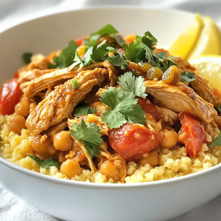 - 2 cups couscous - 1 lb boneless, skinless chicken thighs - 1 medium onion, finely chopped - 2 cloves garlic, minced - 1 can (15 oz) chickpeas, rinsed and drained - 1 cup diced tomatoes (fresh or canned) - 1 ½ cups chicken broth - 1/2 cup raisins or dried apricots, chopped - 1 teaspoon ground cumin - 1 teaspoon ground cinnamon - 1 teaspoon ground turmeric - 1 teaspoon paprika - 1/2 teaspoon cayenne pepper (optional, for a spicy kick) - 2 tablespoons olive oil - Salt and black pepper to taste - Fresh cilantro or parsley for garnish - Lemon wedges for serving You can swap some items if needed. Use quinoa instead of couscous for a gluten-free option. Chicken breast can replace thighs for a leaner choice. If you don’t have chickpeas, try lentils. Any dried fruit works, so feel free to use dates or figs. For broth, vegetable broth is a great swap for a vegetarian dish. Always pick fresh herbs to get the best taste. Look for bright green cilantro or parsley. When choosing chicken, look for firm and pink meat. Avoid any with a gray or slimy texture. For onions and garlic, choose firm bulbs without soft spots. Fresh tomatoes should feel heavy for their size and have a sweet smell. {{ingredient_image_2}} Start by heating 2 tablespoons of olive oil in a large pot. Use medium heat. Add 1 medium onion, finely chopped. Sauté the onion until it becomes soft and translucent, about 5 minutes. Then, stir in 2 cloves of minced garlic. Cook for another 1-2 minutes until the garlic is fragrant. Now, take 1 pound of boneless, skinless chicken thighs. Season them well with salt, black pepper, 1 teaspoon of ground cumin, 1 teaspoon of ground cinnamon, 1 teaspoon of ground turmeric, and 1 teaspoon of paprika. If you like heat, add ½ teaspoon of cayenne pepper. Place the seasoned chicken in the pot. Brown each side for 4-5 minutes until golden brown. Next, add 1 cup of diced tomatoes and 1 can of rinsed and drained chickpeas to the pot. Stir everything well to mix. Pour in 1 ½ cups of chicken broth. Bring the mixture to a rolling boil. Once boiling, reduce the heat to low and cover the pot. Let it simmer for 25 minutes, until the chicken is tender. While the chicken simmers, prepare 2 cups of couscous. Boil 2 cups of water in a separate pot. Add the couscous and cover it. Let it sit for about 5 minutes. Fluff the couscous with a fork to separate the grains after the time is up. Once the chicken is cooked, carefully remove it from the pot. Use two forks to shred the chicken. Return the shredded chicken to the pot. Now, stir in ½ cup of chopped raisins or dried apricots. Let them absorb moisture for about 5 minutes. Serve the chicken and chickpea mix over the fluffy couscous. For garnish, sprinkle fresh cilantro or parsley on top for color. Add lemon wedges on the side so diners can squeeze fresh juice over their dish. This adds a nice zing to every bite. To make the best couscous, start with quality grains. Use 2 cups of couscous for four servings. Bring 2 cups of water to a boil. Add the couscous, cover it tightly, and let it sit for about 5 minutes. Fluff it gently with a fork to separate the grains. This method keeps the couscous light and fluffy. Spices are key to Moroccan chicken couscous. Use ground cumin, cinnamon, turmeric, and paprika for depth. These spices add warmth and richness. For a spicy kick, add cayenne pepper. Always taste as you go. Adjust spices to your liking for a personal touch. Fresh herbs like cilantro or parsley enhance the dish too. Avoid cooking couscous in too much liquid. This can make it mushy. Always follow the package instructions for best results. Don’t skip the seasoning on the chicken. It needs flavor to shine through. Lastly, let the chicken simmer until tender. This ensures it shreds easily and absorbs all the flavors. Pro Tips Marinate for Flavor: Consider marinating the chicken thighs in a mixture of spices and olive oil for a few hours or overnight. This will infuse the chicken with even more flavor. Customize the Dried Fruits: Feel free to mix and match dried fruits like apricots, figs, or dates for a unique twist. Each fruit adds its own sweetness and texture. Adjust Spice Levels: If you prefer a milder dish, reduce the amount of cayenne pepper or omit it altogether. Taste the dish as you go to find your perfect spice level. Add Nuts for Crunch: Toasted almonds or pistachios can be sprinkled on top of the couscous before serving for added crunch and flavor contrast. {{image_4}} You can make this dish vegetarian easily. Swap the chicken for hearty veggies. Try using: - 1 cup of diced bell peppers - 1 cup of zucchini, chopped - 1 cup of carrots, sliced These veggies will still soak up all the tasty spices. For protein, add more chickpeas or some lentils. They will keep the dish filling and nutritious. If you want to switch up the protein, there are many options. You can use: - Lamb - Beef - Tofu - Fish Each choice brings a unique flavor. Just remember to adjust cooking times. For lamb or beef, they may need longer to cook. Tofu cooks fast, so add it near the end. Adding seasonal veggies can enhance your couscous. In spring, try: - Asparagus - Peas In summer, go for: - Cherry tomatoes - Fresh corn In fall, consider: - Butternut squash - Brussels sprouts In winter, use: - Root vegetables like parsnips - Sweet potatoes These vegetables not only add flavor but also nutrition and color to your dish. To store leftovers, let the dish cool to room temperature. Place the Moroccan chicken couscous in an airtight container. You can keep it in the fridge for up to three days. Make sure to separate the couscous and the chicken mixture if you prefer. This will help keep both fresh. When you're ready to eat, you can reheat the couscous in the microwave. Place it in a bowl and cover it with a damp paper towel. Heat it for one to two minutes, stirring halfway through. You can also reheat it on the stove. Just add a splash of water to the pan and warm it over low heat. If you want to freeze it, portion the Moroccan chicken couscous into freezer-safe bags. Try to remove as much air as possible. Label the bags with the date. You can freeze it for up to three months. To enjoy, thaw it in the fridge overnight, then reheat it as mentioned above. Moroccan Chicken Couscous is a tasty dish. It combines chicken, couscous, and spices. The chicken is seasoned well with cumin, cinnamon, and turmeric. Then, you cook it with chickpeas and tomatoes. This dish is colorful and full of flavor. You serve it over fluffy couscous, making it a complete meal. Yes, you can prepare this recipe ahead of time. Make the chicken and chickpea mix first. Let it cool and then store it in the fridge. You can keep it for about three days. When you’re ready to eat, reheat it and make the couscous fresh. This keeps the couscous fluffy and perfect. If you want more heat, add cayenne pepper. You can also use hot paprika. Start with a little and taste as you go. You can also add fresh chili peppers for an extra kick. Mix these into the chicken while it cooks. This way, the flavors blend well. You can serve this dish with a salad. A simple cucumber and tomato salad works well. For a refreshing touch, add lemon wedges. They add brightness and balance the spices. You can also offer warm pita bread on the side for a fun addition. No, traditional couscous is not gluten-free. It is made from wheat. If you need a gluten-free option, try quinoa or rice. Both are great substitutes and have a similar texture. You can cook them the same way as couscous for this recipe. This article covered key points on making Moroccan Chicken Couscous. We explored essential ingredients and smart substitutions. I shared step-by-step instructions for great cooking. You learned tips for perfect couscous and common mistakes to dodge. We also looked at fun variations and proper storage methods. Embrace your creativity in the kitchen. Cooking can be easy and fun with the right info. Enjoy making this dish your own!