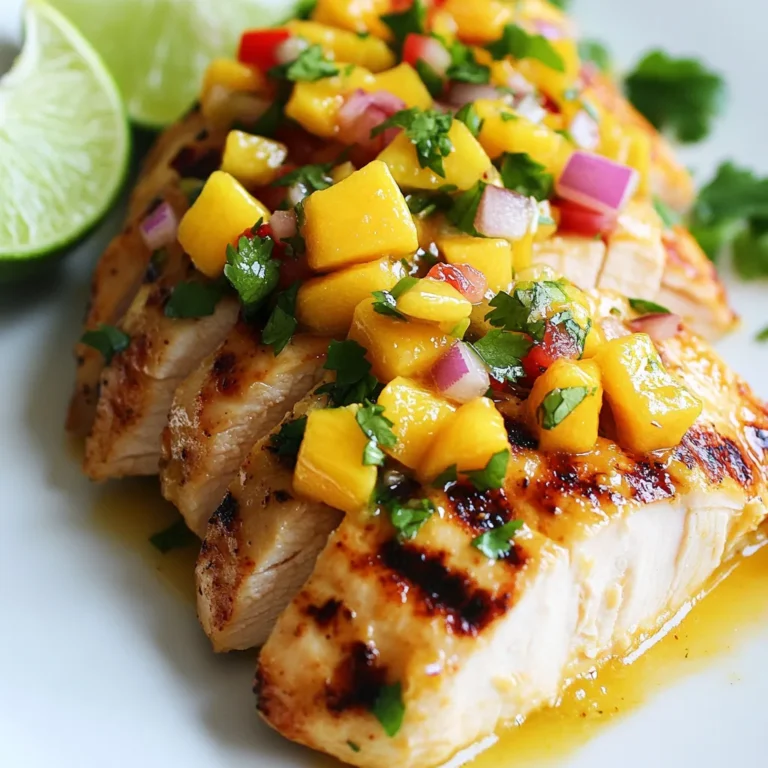 - 2 boneless, skinless chicken breasts - 1 ripe mango, peeled and diced - 1 red bell pepper, diced - 1 small red onion, finely chopped - 1 jalapeño, minced (optional for added heat) - 1/4 cup fresh cilantro, chopped - 2 tablespoons fresh lime juice - 1 tablespoon olive oil - 1 teaspoon garlic powder - Salt and freshly ground black pepper to taste - Lime wedges for garnish The main ingredients for mango salsa chicken are simple yet vibrant. First, the chicken breasts serve as the base. They are juicy and tender, and they soak up all the flavors. For the salsa, a ripe mango adds sweetness and freshness. The red bell pepper offers a nice crunch, while the red onion gives a sharp bite. If you like heat, the jalapeño brings a spicy kick. Cilantro adds a bright herbal flavor to the mix. The lime juice gives the salsa a zesty tang. Olive oil helps to cook the chicken and adds richness. Garlic powder enhances the chicken’s taste. I always season with salt and black pepper for the best flavor. Finally, lime wedges add a fun touch for serving. Each ingredient plays a role in making this dish pop with flavor. You can mix and match these ingredients based on your taste. This makes it easy to adapt the dish to what you have at home. Enjoy experimenting! {{ingredient_image_2}} Seasoning the Chicken Start by patting the chicken breasts dry with a paper towel. This helps the seasoning stick. Sprinkle garlic powder, salt, and black pepper on both sides. Be generous but not overwhelming. This simple mix brings out the natural flavor of the chicken. Cooking the Chicken Next, heat olive oil in a large skillet over medium heat. You want the oil hot but not smoking. Once hot, lay the seasoned chicken in the skillet. Cook for about 5 to 7 minutes on each side. Look for a nice golden color. Check the internal temperature; it should reach 165°F (75°C). Once cooked, take the chicken out and let it rest for a few minutes. This keeps the juices in, making it tender. Combining Ingredients While the chicken rests, grab a medium bowl. Dice the ripe mango, red bell pepper, and red onion. If you like heat, mince a jalapeño. Toss these into the bowl with chopped cilantro. Now, drizzle fresh lime juice over everything. This adds a bright flavor. Gently mix until all ingredients blend well. The salsa should smell fresh and fruity. Mixing Tips for Flavor Enhancement For extra flavor, taste the salsa. If it needs a kick, add more lime juice or jalapeño. Let it sit for a few minutes. This helps the flavors meld together. The longer it sits, the better it tastes. Arranging the Chicken and Salsa After resting, slice the chicken into thick pieces. Arrange these on a colorful plate. Generously top the chicken with the mango salsa. Let the salsa drape over the chicken. This makes the dish look inviting and fresh. Garnishing with Lime Wedges Finally, add lime wedges to the side of the plate. These add a pop of color and extra flavor. Guests can squeeze them on top for a zesty boost. This small touch makes your dish shine. - Achieving the Right Temperature: Use a meat thermometer to check the chicken's internal temperature. It should reach 165°F (75°C) to ensure it's safe to eat. This keeps the chicken juicy and tender. - Tips for Searing: Heat your skillet with olive oil until it shimmers. Place the chicken in the pan without crowding it. This helps achieve a nice golden crust. Sear for 5-7 minutes on each side for the best results. - Choosing the Best Mango: Look for a mango that is slightly soft to the touch. The color should be vibrant, often yellow or red, depending on the type. A ripe mango will be sweet and juicy, perfect for salsa. - Adjusting Spice Levels: If you like heat, add minced jalapeño to the salsa. Start with a small amount and taste as you go. You can always add more if you want it spicier. - Plating Ideas: Use a colorful plate to show off the bright colors of the mango salsa. Slice the chicken thickly and arrange it in a fan shape. This adds visual interest to your dish. - Garnishing for Visual Appeal: Add lime wedges around the plate for a pop of color. A sprinkle of fresh cilantro on top gives it a fresh look. This makes your meal not just tasty but also pretty! Pro Tips Choose the Right Mango: For the best flavor, select a ripe mango that gives slightly when you press it. This ensures sweetness and juiciness in your salsa. Rest the Chicken: Allowing the chicken to rest after cooking is crucial. This helps the juices redistribute, keeping the meat moist and flavorful. Customize the Heat: Adjust the spiciness of your salsa by varying the amount of jalapeño. For a milder version, remove the seeds or omit it altogether. Enhance Presentation: Use a colorful plate and garnish with extra cilantro and lime wedges for an appealing presentation that highlights the vibrant ingredients. {{image_4}} Adding Different Fruits You can add more fruits to the mango salsa. Try using pineapple or peach. These fruits add sweetness and a fun twist. You can also mix in diced avocado for creaminess. Incorporating Spices and Herbs Spices and herbs can change the flavor of your dish. Add cumin or chili powder for a bolder taste. Fresh herbs like mint or basil can also enhance the salsa's freshness. Grilling vs. Sautéing Grilling the chicken gives it a smoky flavor. It also creates nice grill marks. Sautéing is quick and keeps the chicken juicy. Both methods work well, so choose what you prefer. Oven-Baked Options Baking chicken is easy and hands-off. Preheat your oven to 400°F (200°C). Place seasoned chicken in a baking dish and cook for 25-30 minutes. Make sure the chicken reaches 165°F (75°C). Gluten-Free Adaptation This dish is naturally gluten-free. Just check all your ingredients. Ensure you use gluten-free spices and sauces if needed. Low-Carb Version For a low-carb meal, skip the rice or tortillas. Serve the chicken and salsa on a bed of greens. This keeps the meal light but still satisfying. To keep your mango salsa chicken fresh, first, let it cool down. After cooling, put the chicken and salsa in separate containers. This helps keep the chicken juicy and the salsa crisp. Use airtight containers to prevent air from getting in. This keeps your food safe and tasty. - Proper Refrigeration Techniques Store the chicken and salsa in the fridge. They should last for about 3-4 days. Make sure your fridge is set to 40°F (4°C) or lower. This keeps bacteria from growing. - Ideal Storage Containers Use glass or plastic containers with tight lids. These prevent spills and keep odors away. For smaller portions, use zip-top bags. Squeeze out the air and seal them tight. When it’s time to enjoy your leftovers, reheating is key. You want to keep the chicken tender and the salsa fresh. - Best Methods for Maintaining Texture For the chicken, use the oven or stovetop. Heat the oven to 350°F (175°C). Place the chicken in a baking dish and cover it with foil. Bake for about 10-15 minutes. On the stovetop, heat in a skillet over medium heat for about 5-7 minutes. Add a splash of water to keep it moist. - Safe Reheating Tips Always check the chicken’s temperature. It should reach 165°F (75°C) to be safe to eat. For salsa, do not heat it. Serve it cold on top of the chicken for the best taste. You can enjoy Mango Salsa Chicken with many tasty sides. Here are some great options: - Rice: Serve with fluffy white rice or cilantro-lime rice. - Quinoa: A healthy choice that adds a nutty flavor. - Salad: A fresh green salad pairs well with the dish. - Tortillas: Warm tortillas make a nice addition for wrapping. For drinks, consider: - Iced Tea: A refreshing drink that balances the meal. - Margaritas: A fun, festive choice for a special touch. - Sparkling Water: It cleanses the palate and keeps it light. To check if the chicken is done, look for these signs: - Internal Temperature: The chicken should reach 165°F (75°C). - Juices: If you cut into it, the juices should run clear. - Color: The meat should be white and not pink. Yes, you can make the salsa ahead of time. Here are some tips: - Storage Duration: Keep it in the fridge for up to 2 days. - Best Practices: Store it in an airtight container to keep it fresh. Add lime juice just before serving to enhance the flavor. This blog post covered everything you need to make delicious Mango Salsa Chicken. We discussed key ingredients, cooking steps, and tips for perfect results. You learned how to make the salsa that pairs so well with the chicken. We also shared variations to keep things interesting and offered storage tips for leftovers. In conclusion, making this dish is simple and fun. With practice, you can impress anyone at your table. Enjoy your cooking journey!