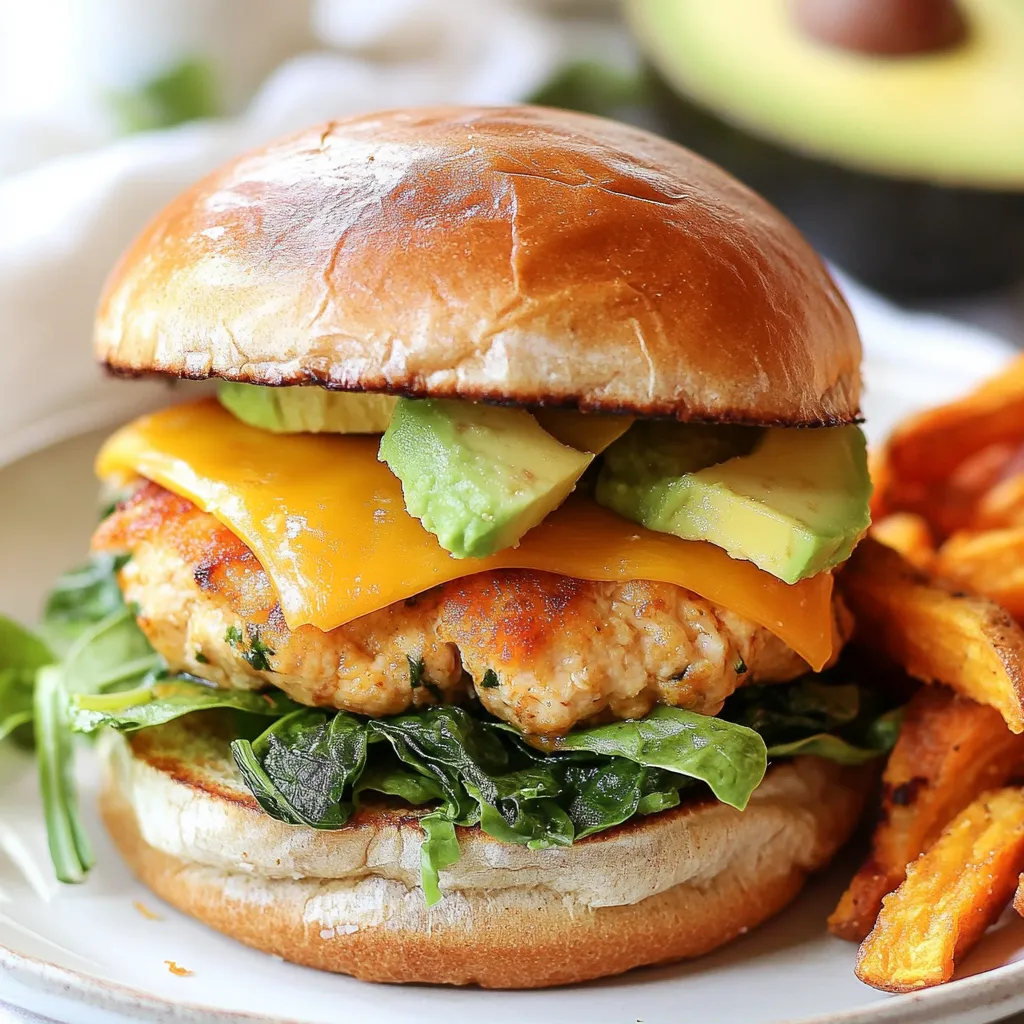 - 1 pound ground chicken - 1 cup fresh spinach, very finely chopped - 1 cup white cheddar cheese, grated - 1/2 cup panko breadcrumbs - 1/4 cup green onions, thinly sliced - 1 tablespoon garlic powder - 1 teaspoon onion powder - 1 teaspoon sea salt - 1/2 teaspoon freshly ground black pepper - 1 tablespoon olive oil (for cooking) - 4 whole wheat burger buns - Optional toppings: slices of avocado, fresh lettuce leaves, tomato slices, and mayonnaise To make these burgers, I gather all the key ingredients first. The ground chicken acts as the base, giving us juicy patties. Fresh spinach adds a nice touch of color and nutrition. I love using white cheddar cheese because it melts so well and adds great flavor. Panko breadcrumbs give the burgers a delightful crunch. Next, I slice the green onions for a fresh bite. Garlic powder and onion powder boost the flavor, making each bite tasty. I always season with sea salt and black pepper to bring everything together. For cooking, I use olive oil to keep the patties from sticking. Whole wheat burger buns add a wholesome touch. I often add toppings like creamy avocado, crisp lettuce, juicy tomatoes, and a dollop of mayonnaise to complete the meal. These ingredients transform the burgers into a delicious feast. {{ingredient_image_2}} To start, grab a large mixing bowl. In it, combine the following ingredients: - 1 pound ground chicken - 1 cup fresh spinach, very finely chopped - 1 cup white cheddar cheese, grated - 1/2 cup panko breadcrumbs - 1/4 cup green onions, thinly sliced - 1 tablespoon garlic powder - 1 teaspoon onion powder - 1 teaspoon sea salt - 1/2 teaspoon freshly ground black pepper Use a spatula or your hands to mix these items gently. Make sure to blend them well. You want all the ingredients to be evenly mixed. Avoid overworking the chicken to keep it tender. Next, divide the mixture into four equal parts. Each part should be about the same size for even cooking. Form each portion into a patty that is about 1/2 inch thick. This thickness helps the burgers cook properly. Uniform patties ensure all cook at the same rate. Now, heat a large skillet over medium heat. Add 1 tablespoon of olive oil to the pan. Wait until the oil shimmers before adding the patties. Make sure not to overcrowd the skillet. Cook each patty for about 5-6 minutes on one side. Flip the patties and cook for the same time on the other side. The burgers are ready when their internal temperature reaches 165°F (75°C) and they have a nice golden-brown crust. In the last minute of cooking, place a slice of white cheddar on each patty. Let it melt perfectly before serving. This adds a creamy finish to your burgers. To get the best burgers, avoid overcrowding the skillet. This keeps the heat steady and helps the patties cook evenly. If you add too many at once, they may steam instead of sear. Cook in batches if needed. Checking the internal temperature is key. Use a meat thermometer to make sure the chicken reaches 165°F (75°C). This ensures the burgers are safe to eat and juicy. Layering ingredients is important for great flavor. Start with the chicken patty on the bottom. Next, add toppings like creamy avocado, crisp lettuce, and juicy tomato. Finish with a dollop of mayonnaise for extra richness. Toasting the buns adds a nice crunch. Toast them in a dry skillet or under the broiler until golden brown. This not only adds texture but also helps prevent sogginess from the toppings. For serving suggestions, pair the burgers with sweet potato fries. This adds color and flavor to your plate. Garnish with a sprig of parsley for a fresh touch. For a rustic look, wrap each burger in parchment paper. This gives a casual and fun vibe, perfect for gatherings or picnics. It keeps everything together while adding charm to your meal. Pro Tips Keep it Fresh: Always use fresh spinach for the best flavor and texture in your burgers. Frozen spinach can be used, but make sure to squeeze out excess moisture to avoid sogginess. Uniform Patties: Shape your patties uniformly to ensure even cooking. This helps avoid undercooked centers or overcooked edges. Let it Rest: After cooking, let the patties rest for a few minutes before assembling the burgers. This helps the juices redistribute, resulting in a juicier bite. Experiment with Toppings: Don't hesitate to customize your burger with different toppings like jalapeños for heat, or a dollop of Greek yogurt for creaminess instead of mayonnaise. {{image_4}} You can change the cheese in these burgers. If you want, try mozzarella or gouda. Each cheese brings its own flavor. You can also swap out the ground chicken. Use turkey or lean beef as alternatives. Each option gives a different taste and texture. Want to spice things up? Add your favorite spices. Paprika or cayenne can bring heat. Fresh herbs can also boost the flavor. Try basil or parsley for a fresh touch. For garnishes, use colorful toppings. Fresh tomatoes or pickles can make the burger pop. A sprinkle of sesame seeds on top adds a nice look too. If you're gluten-free, use gluten-free breadcrumbs. This keeps the texture without the gluten. For a vegetarian option, replace the chicken with chickpeas or black beans. Mash them up and mix with the other ingredients. This way, you still enjoy a tasty burger without meat. You can store cooked patties in an airtight container. Make sure to let them cool first. These burgers stay fresh for up to four days in the fridge. Always label the container with the date. This way, you know how long they’ve been stored. To freeze, wrap each patty tightly in plastic wrap. Then, place them in a freezer bag. This helps prevent freezer burn. You can freeze the patties for up to three months. When ready to eat, thaw them in the fridge overnight. For reheating, bake them in the oven at 350°F for 15-20 minutes. This keeps them juicy and warm. You can repurpose leftover patties in many ways. Chop them up and toss them in a salad for extra protein. You can also add them to pasta for a tasty twist. Another fun idea is to make sliders. Just cut the patties into smaller pieces and use mini buns. This way, you can enjoy them in different meals all week! The best way to check if chicken burgers are done is to use a meat thermometer. The internal temperature should reach 165°F (75°C). This ensures the meat is safe to eat. When they reach this temperature, they are cooked through. For best results, I recommend checking the temperature in the thickest part of the patty. If you do not have a thermometer, look for a golden-brown crust on both sides. The juices should run clear, not pink. Yes, you can use frozen ground chicken! Just be sure to thaw it properly before cooking. The best way to thaw is in your fridge overnight. If you're short on time, you can use the microwave, but cook it right after. Once thawed, mix it with the other ingredients as usual. This will help keep your burgers juicy and flavorful. These burgers pair well with many sides. Here are some tasty options: - Sweet potato fries - Regular fries - Coleslaw - A green salad - Grilled corn on the cob You can also serve them with a side of fresh fruit for a sweet touch. Each of these sides adds flavor and texture to your meal. Enjoy! This post covered how to make white cheddar spinach chicken burgers. We explored key ingredients like ground chicken, spinach, and panko breadcrumbs. Cooking tips helped perfect your burger, while variations made it fun. Remember to store leftovers right and repurpose them in creative meals. Enjoy making this tasty dish, and don’t hesitate to experiment. You'll find your favorite spin on these burgers in no time!