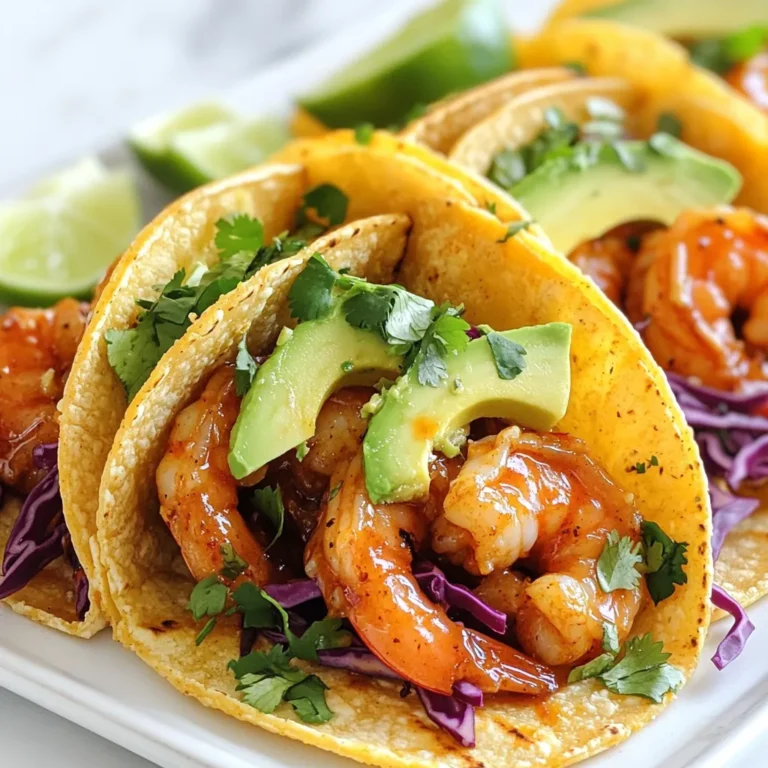 - 1 lb large shrimp, peeled and deveined - 1/4 cup sweet chili sauce - 1 tablespoon extra virgin olive oil - 1 teaspoon garlic powder - 1/2 teaspoon smoked paprika - 8 small corn tortillas - 1 ripe avocado, sliced - 1 cup red cabbage, finely shredded - 1/4 cup fresh cilantro, loosely chopped - Juice of 1 fresh lime - Sea salt - Freshly cracked pepper Sweet chili shrimp tacos need fresh and tasty ingredients. I love using large shrimp. They have a nice bite and cook quickly. The sweet chili sauce adds a sticky, sweet touch that I find hard to resist. Olive oil helps everything stick and adds richness. Garlic powder brings a nice flavor, while smoked paprika gives a warm, smoky taste. For the tacos, corn tortillas are my favorite. They are soft and hold the fillings well. Avocado slices add creaminess, while red cabbage gives a crunchy texture. Fresh cilantro adds a pop of flavor, and lime juice brings brightness to each bite. Finally, seasoning is key. A pinch of sea salt and freshly cracked pepper makes all the flavors shine. This mix of ingredients makes these tacos a hit every time! {{ingredient_image_2}} First, grab a medium bowl. Add the shrimp and the marinade ingredients. These include sweet chili sauce, olive oil, garlic powder, smoked paprika, sea salt, and pepper. Mix well until the shrimp are coated. Set the bowl aside and let the shrimp sit for about 15 minutes. This helps the shrimp soak up all those tasty flavors. While the shrimp marinates, preheat a non-stick skillet over medium heat. You want it hot enough to sear the shrimp nicely. After a few minutes, add the marinated shrimp to the skillet in a single layer. Cook each side for about 2-3 minutes. You will know they are done when they turn opaque and golden brown. Don’t crowd the skillet; cook in batches if needed for even cooking. Next, it's time to warm the corn tortillas. You can do this on the stove or in the microwave. If using the stove, heat each tortilla for about 30 seconds on each side. If you prefer the microwave, warm them for about 30 seconds until they are soft and pliable. Now comes the fun part! Grab a warm tortilla and place a few shrimp on top. Add slices of creamy avocado and a handful of finely shredded red cabbage. Then, sprinkle some fresh cilantro for a nice aroma. To finish, squeeze fresh lime juice over the tacos. This adds a burst of zest that enhances all the flavors. Serve immediately and enjoy the vibrant tastes and textures! - Preheat your skillet until it is hot. This helps get a nice sear on the shrimp. - Cook the shrimp in a single layer. If you overcrowd the skillet, they will steam instead of sear. - Serve tacos on a colorful platter. This makes the dish pop and feel festive. - Add lime wedges and extra cilantro on the side. This adds color and freshness to the dish. - Try adding toppings like sliced jalapeños for heat or mango for sweetness. - Pair with extra sweet chili sauce or a tangy yogurt sauce for added flavor. Pro Tips Marinating Time: Allow the shrimp to marinate for at least 15 minutes to fully absorb the flavors of the sweet chili sauce and spices. Perfectly Cooked Shrimp: Cook shrimp until they are just opaque and have a slight golden color. Overcooking can make them rubbery. Tortilla Warping: Warm corn tortillas in a skillet or microwave to enhance their flavor and make them pliable, ensuring a better taco experience. Fresh Garnishes: Always top your tacos with fresh ingredients like cilantro and lime juice for a burst of flavor that complements the shrimp. {{image_4}} You can easily switch up the protein in these tacos. Chicken or tofu works great. Both options soak up flavors well and taste delicious. If you have a preference for tortillas, you can choose flour or lettuce wraps instead of corn. This gives you a fun twist on the classic taco. Want some heat? Add chili flakes for a spicy kick. It gives the shrimp a nice zing. For a sweeter taco, try adding tropical fruits. Mangos or pineapples add a fresh taste that complements the shrimp. They also add color, making your dish pop. You can serve these shrimp in tacos or in bowls. Tacos are fun to hold and eat. Bowls let you add more toppings and grains. Try incorporating rice or quinoa as a base. This makes your meal heartier and satisfying. To store cooked shrimp, place them in an airtight container. Add a layer of foil or plastic wrap to keep them fresh. You can store the shrimp in the fridge for up to 2 days. For toppings like avocado and cabbage, store them separately. This keeps them fresh and crunchy. For tortillas, wrap them in a dry paper towel. Place them in a zip-top bag to keep them from drying out. When it's time to enjoy your leftovers, reheat the shrimp in a skillet. Use low heat to avoid overcooking. Stir them gently for about 2-3 minutes. For tortillas, warm them in a skillet or microwave. Heat each tortilla for about 20 seconds. This keeps them soft and pliable. Avoid high heat to maintain the nice texture. To save time, prepare your ingredients ahead. Chop the cabbage and slice the avocado the day before. Marinate shrimp in advance and store it in the fridge. You can assemble your tacos in just a few minutes during the week. This makes for a quick and easy meal option when you're busy. Enjoy a delicious meal without the fuss! You can pair these tacos with many tasty sides. Here are some ideas: - Mexican rice: A flavorful base that complements shrimp well. - Black beans: They add protein and fiber to your meal. - Corn salad: A fresh, sweet contrast to the spicy shrimp. - Guacamole: Creamy avocado enhances the taco flavors. - Chips and salsa: A fun appetizer for your gathering. To avoid rubbery shrimp, follow these tips: - Don’t overcook: Cook shrimp until just opaque, about 2-3 minutes per side. - Preheat the skillet: Make sure it's hot to sear the shrimp quickly. - Use the right size: Large shrimp cook evenly and stay tender. - Marinate well: Let shrimp soak in the marinade for 15 minutes. Yes, you can use frozen shrimp! Here’s how: - Thaw properly: Place shrimp in the fridge overnight or run under cold water. - Pat dry: Remove excess moisture before marinating for better flavor. - Cook from thawed: This ensures even cooking and nice texture. Using frozen shrimp is convenient and saves time, making your meal easy! You’ve learned how to make sweet chili shrimp tacos. We covered the key ingredients, steps, and tips for perfect tacos. Remember to marinate shrimp for flavor and avoid overcrowding the pan. Feel free to swap ingredients and customize the recipe to fit your taste. Whether you're serving them in a taco or a bowl, enjoy the vibrant colors and delicious flavors. Get ready to impress your family or friends with these tasty bites. Happy cooking!