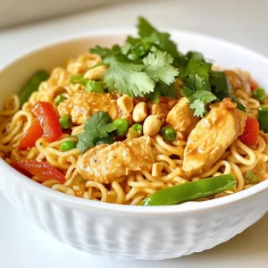- 200g ramen noodles - 2 boneless chicken breasts, sliced into thin strips - 2 tablespoons peanut butter - 2 cups chicken broth - 2 tablespoons soy sauce - 1 tablespoon sriracha - 1 cup snap peas, trimmed - 1 red bell pepper, thinly sliced - 2 green onions, chopped {{ingredient_image_2}} To cook ramen al dente, start by boiling a large pot of water. Once the water is boiling, add 200g of ramen noodles. Cook them according to the package instructions. You want them to be firm, not mushy. This usually takes about 4-5 minutes. After cooking, drain the noodles in a colander. Rinse them with cold water to stop the cooking process. This helps keep them from sticking together. Next, let’s cook the chicken. Heat 1 tablespoon of vegetable oil in a large skillet over medium-high heat. Once the oil is hot, add the sliced chicken breasts. Spread them out in a single layer. Cook for about 5-7 minutes. Stir occasionally to let them brown evenly. You know the chicken is ready when it is no longer pink inside. Use a meat thermometer to check if it reaches 165°F. Once done, remove the chicken from the skillet and set it aside. Now, let’s make the sauce. In the same skillet, add 3 cloves of minced garlic and 1 inch of grated ginger. Sauté them together for 30 seconds. Stir constantly to keep them from burning. Next, pour in 2 cups of chicken broth. Let it come to a gentle simmer. After that, stir in 2 tablespoons of peanut butter, 2 tablespoons of soy sauce, 1 tablespoon of sriracha, and 1 tablespoon of honey. Mix everything well. The peanut butter should blend into the broth smoothly. It’s time to bring everything together. Add 1 cup of snap peas and 1 thinly sliced red bell pepper to the skillet. Stir the vegetables into the simmering broth. Cook them for about 3-4 minutes. You want them tender but still crisp. After that, return the cooked chicken to the skillet. Then, add the drained ramen noodles. Gently toss everything together in the sauce. Make sure all the noodles and chicken are coated well. Heat everything through. Taste the dish and adjust the seasoning if needed. Enjoy your flavorful Spicy Peanut Chicken Ramen! When making Spicy Peanut Chicken Ramen, choose your peanut butter wisely. You can opt for smooth or crunchy. Smooth peanut butter gives you a creamy sauce. Crunchy peanut butter adds texture and a fun bite. If you want more creaminess, heat the peanut butter briefly in the microwave. This makes it easier to mix into your sauce. Spice is key in this dish. Start with 1 tablespoon of sriracha. If you like it hotter, feel free to add more. You can also use other spicy options like chili paste or hot sauce. Adjust to your own taste. Everyone enjoys different spice levels, so make it yours. Using low sodium soy sauce is best. It keeps the dish from being too salty. You can also add other herbs or spices. Consider a pinch of cumin or a dash of sesame oil. These additions can boost the flavor profile and make your ramen even better. Don’t be afraid to get creative! Pro Tips Choose Your Peanut Butter: Opt for smooth peanut butter for a creamy sauce or crunchy for added texture and a nutty bite. Adjust the Spice: Feel free to modify the amount of sriracha based on your heat tolerance; start with less and add more as needed. Veggie Variations: Experiment with different vegetables like bok choy, carrots, or mushrooms for added flavor and nutrition. Leftover Ramen: Store any leftovers in an airtight container in the fridge; reheat gently on the stove with a splash of water to revive the noodles. {{image_4}} You can easily make this dish vegetarian. Just swap the chicken for tofu. Tofu soaks up flavors well. It adds protein without meat. Use firm tofu for the best texture. Instead of chicken broth, use vegetable broth. This gives the ramen a rich taste. You still get the creamy peanut flavor with the broth. Feel free to add more vegetables. Seasonal veggies like carrots, bok choy, or zucchini work great. They add color and crunch to your meal. Load your ramen with greens, like spinach or kale. Greens boost nutrition and taste. A mix of vegetables makes the dish even better. If you need gluten-free, choose alternative noodles. Rice noodles are a great option. They cook quickly and taste good with the sauce. For soy sauce, use tamari. Tamari is gluten-free and has a similar taste. This way, you can enjoy the full flavor without gluten. To keep your spicy peanut chicken ramen fresh, store it in an airtight container. Place it in the fridge within two hours of cooking. This keeps the flavors intact and prevents spoilage. Use the ramen within three days for the best taste. If you want to freeze it, divide the ramen into smaller portions. This helps you thaw only what you need later. Use freezer-safe containers or bags to avoid freezer burn. The ramen can last up to three months in the freezer. To reheat your ramen, the stovetop is best for keeping texture. Place it in a pot with a splash of water or broth. Heat on medium, stirring gently until warm. This method revives the noodles without making them mushy. If you prefer the microwave, use a microwave-safe bowl. Add a little water and cover the bowl with a microwave-safe lid or wrap. Heat in short bursts, stirring in between, until hot. This helps avoid hot spots and keeps the dish delicious. Yes, you can use instant ramen noodles. Instant noodles save time and effort. They cook faster than fresh ramen. However, they may lack the chewy texture you want. Instant noodles also often come with flavor packets. This can change the taste of your dish. If you choose instant noodles, skip the seasoning packet for a better flavor mix. To make it less spicy, reduce the sriracha. You can start with just a half tablespoon. Add more later if you want more heat. Another trick is to add more peanut butter. This will balance out the spice. You can also add honey for sweetness. Sweetness helps tone down the heat. Adding more vegetables like snap peas can also help. If you need a substitute for chicken broth, try vegetable broth. It gives a nice flavor without the meat. You can also use water with added seasonings. Another option is using mushroom broth for a deeper taste. Coconut milk can add creaminess and a unique flavor, too. Experiment with these options to find what you like best. In this post, we explored making a tasty ramen dish. We covered the key ingredients: ramen noodles, chicken, peanut butter, and a flavorful sauce. We walked through step-by-step instructions, including cooking the noodles and preparing the chicken. We shared tips on peanut butter choices, spice levels, and flavor enhancements. Plus, we discussed variations for vegetarians and gluten-free eaters. Remember, this dish is flexible and can suit your taste. Enjoy your cooking adventure and make it your own!