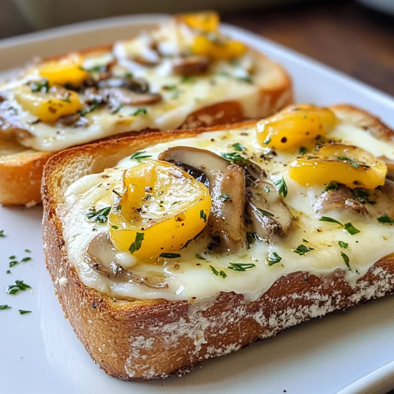 - 200g button mushrooms, thinly sliced - 2 tablespoons extra virgin olive oil - 3 cloves garlic, finely minced - Salt and freshly ground black pepper, to taste - 1 teaspoon dried thyme - 1 cup shredded mozzarella cheese - 1 cup cream cheese, softened to room temperature - 4 thick slices of crusty bread (like sourdough or French baguette) - 1 tablespoon fresh parsley, finely chopped - 1 tablespoon balsamic vinegar (for drizzling) To keep your mushrooms fresh, buy them whole and slice just before cooking. Store them in a paper bag in the fridge. Avoid plastic bags, as they trap moisture. Use fresh herbs like parsley for a burst of flavor. This adds a nice touch to your dish. If you want extra flavor, drizzle balsamic vinegar on top just before serving. This adds a sweet and tangy contrast that brightens the toast. {{ingredient_image_2}} First, gather all your ingredients. You need 200g of button mushrooms, 2 tablespoons of olive oil, and 3 cloves of garlic. Don’t forget salt, pepper, and thyme. Optionally, you can have parsley and balsamic vinegar. For the cheese, you'll need 1 cup of mozzarella and 1 cup of cream cheese. Lastly, get 4 thick slices of crusty bread. Next, preheat your oven to 200°C (400°F). This step makes sure your toast gets crispy and warm. While the oven heats up, slice your mushrooms thinly. You want them to cook evenly. Mince the garlic finely, too. This helps spread the flavor throughout the dish. In a large skillet, pour in the olive oil and heat it over medium heat. Once the oil is hot, add the minced garlic. Sauté it for about 30 seconds. You want it fragrant, not browned. Now, add the sliced mushrooms to the skillet. Sprinkle in the dried thyme, salt, and pepper. Cook this mixture for 5-7 minutes. Stir it every so often. The mushrooms should soften and turn a light golden color. Once cooked, take the skillet off the heat. If you’re using fresh parsley, stir it in now. This adds a nice fresh taste to the mix. In a separate bowl, mix the softened cream cheese until it’s smooth. Fold in half of the shredded mozzarella cheese. Make sure everything is blended well. Take your bread and place the slices on a baking sheet. Toast them in the oven for about 5 minutes. You want them lightly golden and slightly crispy on top. After toasting, remove the bread from the oven. Spread the cream cheese mixture evenly over each slice. Make sure to get it to the edges. Now, take the mushroom-garlic mixture and distribute it over the cream cheese layer. Top each slice with the remaining shredded mozzarella cheese. This ensures that every bite is cheesy and delicious. Put the toasts back in the oven and bake for an additional 8-10 minutes. Look for the cheese to bubble and turn golden brown. If you want, drizzle some balsamic vinegar on top before serving. This adds a tangy kick that enhances all the flavors. To get that perfect cheese melt, use fresh mozzarella. It melts smoother than pre-shredded cheese. Mix cream cheese with mozzarella for added creaminess. Spread it evenly on the toast for the best results. Bake until the cheese is bubbly and golden. Keep an eye on it, as the cheese can burn quickly. You can add more flavors to your cheesy mushroom garlic toast. Try using different mushrooms like shiitake or portobello for a richer taste. Fresh herbs like basil or oregano can also enhance the flavor. If you want a little kick, sprinkle red pepper flakes or add some sautéed onion. For a creamy twist, mix in a bit of goat cheese with the cream cheese. You can prepare the mushroom mixture and cheese spread ahead of time. Store them in the fridge for up to two days. Just assemble the toast and bake when you’re ready. If you have leftover toasts, reheat them in the oven. Place them on a baking sheet and bake at 180°C (350°F) for about 10 minutes. This keeps the toast crispy and the cheese melty. Pro Tips Use Fresh Ingredients: Fresh mushrooms and herbs will elevate the flavor of your toast, making it more aromatic and delicious. Don’t Overcrowd the Pan: When sautéing mushrooms, ensure they have enough space in the skillet to avoid steaming, which helps achieve that perfect golden color. Experiment with Cheeses: While mozzarella is great for melting, feel free to mix in other cheeses like parmesan or gouda for added depth of flavor. Serve Immediately: For the best texture and taste, serve the toasts right after baking while the cheese is still bubbly and gooey. {{image_4}} If you want to keep it vegetarian, you can add more veggies. Spinach, bell peppers, or zucchini work well. Sauté them with garlic and mushrooms for added flavor. You can also use different herbs, like basil or oregano, to give it a unique twist. For a heartier meal, try adding protein. Cooked chicken, bacon, or shrimp can be delicious on this toast. Simply chop them up and mix them with the mushroom-garlic blend. This makes your snack more filling and satisfying. Cheese is key to this recipe. While mozzarella is great, you can mix it up. Try cheddar for a sharper taste or gouda for a smoky flavor. Cream cheese can be swapped for ricotta if you want a lighter texture. Each cheese brings its own flair to the dish. To keep your cheesy mushroom garlic toast fresh, store it in an airtight container. Let the toast cool first, then layer it with parchment paper to avoid sticking. This method helps maintain the texture and taste. If you have leftovers, store them in the fridge for up to three days. When you’re ready to enjoy your toast again, preheat your oven to 180°C (350°F). Place the toasts on a baking sheet and cover them with foil. Heat for about 10 minutes to warm them through. Remove the foil for the last 2 minutes to crisp up the cheese and bread. If you want to freeze cheesy mushroom garlic toast, prepare the toasts but do not bake them. Instead, assemble them, then wrap each one tightly in plastic wrap. Place the wrapped toasts in a freezer-safe bag. They can freeze well for up to a month. When ready to eat, bake them from frozen, adding a few extra minutes to the cooking time. Yes, you can use many types of bread. Sourdough and French baguette work well. Other options include ciabatta, whole grain, or even gluten-free bread. Just pick a bread that can hold up to toppings. Thicker slices are best for toasting. To avoid soggy toast, pre-toast the bread first. Bake the slices for about five minutes at 200°C (400°F) until lightly golden. This step dries out the bread and gives it a nice crunch. Don't overload with toppings, too much moisture can make it soggy. Cheesy mushroom garlic toast pairs well with many dishes. You can serve it as a side with soups or salads. It also makes a great snack on its own. For a fun twist, add a small dish of balsamic vinegar for dipping. You now know how to make cheesy mushroom garlic toast. We covered the key ingredients, cooking steps, and helpful tips. Remember to experiment with flavors and ingredients to make it your own. Proper storage and reheating methods will keep it fresh. If you follow these steps, you’ll enjoy a tasty treat any time. Dive in, have fun, and share this delicious recipe with friends and family!