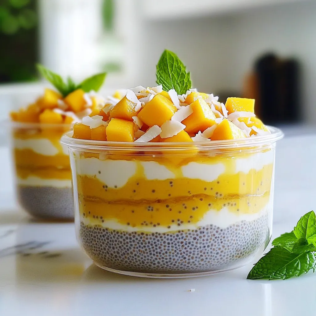 - 1 cup full-fat canned coconut milk - 1/4 cup chia seeds - 2 tablespoons honey or maple syrup - 1 ripe mango, peeled and diced - 1/2 teaspoon pure vanilla extract (optional) - A pinch of sea salt - Toasted coconut flakes for garnish For the coconut milk, you can choose full-fat for creaminess or light for a lower fat option. The honey or maple syrup lets you customize the sweetness. If you use honey, it adds a nice floral note. If you prefer vegan, stick with maple syrup. The vanilla extract is optional. It adds depth but is not essential. Chia seeds are tiny powerhouses. They are high in fiber, which helps digestion. They also provide omega-3 fatty acids, which are great for heart health. Coconut milk gives you healthy fats, which can keep you full longer. It also contains vitamins C, E, and B vitamins. The mango adds a burst of flavor and is rich in vitamins A and C. This pudding is not just tasty; it also supports a healthy diet. To start, grab a medium mixing bowl. Pour in 1 cup of full-fat canned coconut milk. This gives the pudding a rich, creamy texture. Next, add 1/4 cup of chia seeds. These tiny seeds will thicken the pudding. Then, add 2 tablespoons of honey or maple syrup to sweeten. Adjust this based on how sweet you like your pudding. If you want, add 1/2 teaspoon of pure vanilla extract for extra flavor. Finally, sprinkle in a pinch of sea salt. Use a whisk to mix everything well. Make sure the chia seeds spread out evenly. Now, let the mixture rest for about 5 minutes. This is a key step! It allows the chia seeds to absorb some coconut milk. After that, whisk again. This helps keep the chia seeds from clumping together. You want a smooth texture, so don't skip this part. The more you whisk, the better the pudding will turn out. Cover the bowl with plastic wrap or pour the mixture into a mason jar. Make sure it has a lid. Place it in the refrigerator for at least 4 hours. For best results, let it chill overnight. This time lets the chia seeds soak up the liquid. They will expand and create a thick pudding. When it's ready, give it a gentle stir. If it’s too thick, add a splash of coconut milk and mix. Now, it’s time to enjoy your creamy chia pudding! To avoid clumping in chia seeds, follow these steps. First, mix your coconut milk and chia seeds well. Use a whisk to blend them together. After mixing, let the mixture sit for about five minutes. This allows the chia seeds to absorb some liquid. Then, whisk it again. This second whisking helps break up any clumps. If you skip this, your pudding may not be smooth. You have fun options for serving mango coconut chia pudding. Try using clear glass cups for a beautiful display. Layer the pudding with diced mango for a colorful look. You can also serve it in mason jars for a cute picnic treat. Another idea is to serve it with a scoop of yogurt on top. This adds creaminess and a tangy flavor that pairs well. Garnishing adds flair and flavor to your pudding. Use fresh fruits like berries, kiwi, or even more mango on top. For crunch, sprinkle toasted coconut flakes over each serving. Nuts like almonds or cashews add a nice texture too. A few mint leaves give a pop of color and freshness. These simple additions make your dish look and taste amazing. {{image_4}} You can get creative with flavors in this pudding. Try adding cocoa powder for a rich chocolate taste. You can also mix in other fruits like strawberries or bananas. Each fruit gives a new twist to the pudding. You might even blend in some peanut butter for a nutty flavor. The options are endless! If you have dietary needs, there are easy swaps. Use agave syrup or stevia instead of honey or maple syrup for vegan options. For nut-free choices, just skip any nut toppings. This pudding is great for many diets, so you can enjoy it worry-free. Layering can make your pudding look fancy. Use clear cups to show off the pudding's color. Add yogurt or granola between layers for texture. Fresh fruit on top adds a pop of color and taste. This makes a delightful parfait that impresses guests or brightens your day! To store leftover mango coconut chia pudding, use an airtight container. Glass jars or plastic containers work well. Make sure the lid is secure to keep out air. This helps maintain the pudding's creamy texture and flavor. Always refrigerate your pudding right after serving. Mango coconut chia pudding lasts up to five days in the fridge. If you see any change in color or smell, it's best to toss it out. Always check for freshness before enjoying your leftovers. You can freeze mango coconut chia pudding for up to three months. Use freezer-safe containers and leave some space at the top for expansion. When you're ready to eat, thaw it overnight in the fridge. Stir well before serving to revive the texture. Yes, you can use other fruits! Berries, bananas, or peaches work well. They add different flavors and colors. Try mixing fruits for a fun twist. Just make sure they are ripe and sweet. The pudding should be thick and creamy. After refrigerating, check the texture. If it holds its shape when you scoop it, it is ready. If it seems too runny, let it chill longer. Yes, chia pudding is very healthy. Chia seeds provide fiber, protein, and healthy fats. Coconut milk adds creaminess and good nutrients. This dish is a great choice for breakfast or a snack. In this article, we explored how to make mango coconut chia pudding. We covered the key ingredients, preparation steps, and helpful tips for texture. You learned about fun serving ideas and flavor variations. Don't forget about proper storage to keep your pudding fresh! Try this recipe for a tasty, healthy treat. Enjoy experimenting with flavors and serving styles. Remember, making chia pudding is simple and fun. Happy cooking!