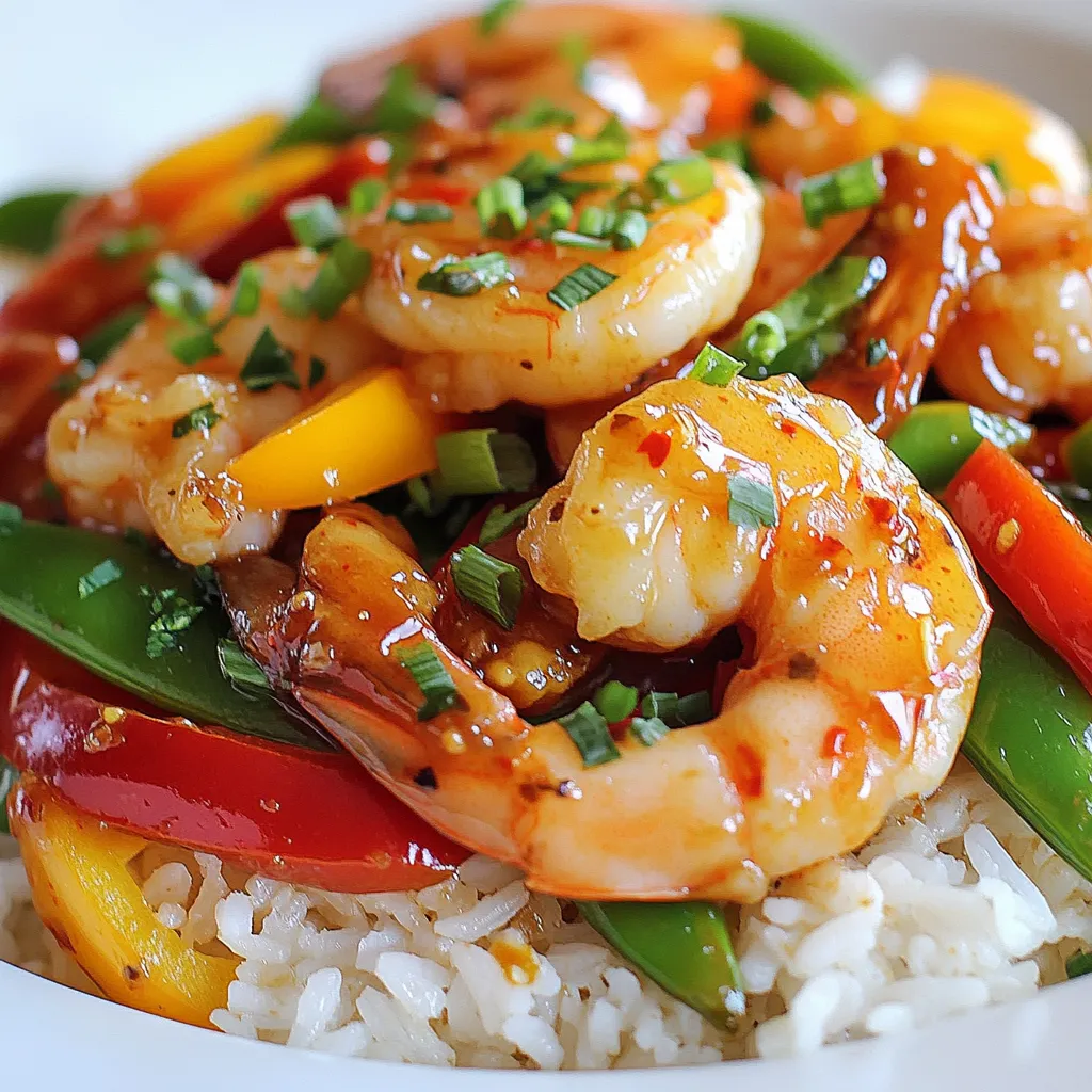 - 1 lb large shrimp, peeled and deveined - 2 tablespoons cornstarch - 2 tablespoons vegetable oil - 1 red bell pepper, sliced into strips - 1 yellow bell pepper, sliced into strips - 1 cup snap peas, trimmed - 3 green onions, chopped (separating the whites from the greens) - 2 cloves garlic, minced - 1 teaspoon fresh ginger, minced - 1/4 cup sweet chili sauce - 2 tablespoons soy sauce - 1 tablespoon rice vinegar - Salt and pepper to taste - Cooked jasmine rice or quinoa, for serving The key ingredients in this dish are the shrimp and vegetables. The shrimp gives a fresh taste. The cornstarch creates a nice crunch. I use colorful bell peppers and snap peas for great flavor and texture. Sweet chili sauce brings a delicious sweetness. Soy sauce and rice vinegar balance it all out. - Skillet or wok - Mixing bowl - Cooking utensils For cooking, I recommend using a large skillet or wok. These tools help cook the shrimp and veggies evenly. A mixing bowl is handy for coating the shrimp with cornstarch. Use basic cooking utensils for stirring and serving. With these tools, you will create a tasty meal in no time! {{ingredient_image_2}} To start, you need to coat the shrimp in cornstarch. This step is key for a nice, crispy texture. - Place 1 pound of large shrimp in a medium mixing bowl. - Sprinkle 2 tablespoons of cornstarch over the shrimp. - Toss gently until the shrimp are evenly coated. For crispiness, avoid overcrowding the pan when cooking the shrimp. Cook in batches if needed. This helps achieve that perfect crunch. Next, let's cook the shrimp. - Heat 1 tablespoon of vegetable oil in a large skillet over medium-high heat. - Once the oil shimmers, add the shrimp in a single layer. - Cook for 2-3 minutes on each side. Look for a pink color to know they are done. After cooking, remove the shrimp and set them aside on a plate. Now it's time to stir-fry the veggies. - Use sliced red and yellow bell peppers and snap peas for a great mix. - Add them to the same skillet with another tablespoon of vegetable oil. - Stir-fry for 3-4 minutes. Keep them tender-crisp for the best taste. You can also add a splash of color with green onions. Now we combine everything. - Return the shrimp to the skillet. - Pour in 1/4 cup of sweet chili sauce, 2 tablespoons of soy sauce, and 1 tablespoon of rice vinegar. - Gently stir to coat shrimp and veggies in sauce. Heat through for 1-2 minutes, ensuring everything is warm and mixed well. Taste your stir-fry now. - Add salt and pepper to taste. - Want some heat? Add sriracha or more sweet chili sauce for a kick. Serve the stir-fry warm over fluffy jasmine rice or quinoa. Garnish with chopped green onions for extra color and flavor. Enjoy your tasty Sweet Chili Shrimp Stir-Fry! - Importance of Cornstarch: Cornstarch helps the shrimp get crispy. When you coat shrimp in cornstarch, it creates a nice crust. This crust keeps the shrimp juicy inside. It also helps the sauce stick better. - Using High Heat: Cooking over high heat makes a big difference. It quickly sears the shrimp and veggies. This keeps them tender and full of flavor. If the heat is too low, they can steam instead of fry. - Additional Ingredients for Heat: If you love spice, add sliced jalapeños or crushed red pepper. This will kick the flavor up a notch. A splash of sriracha works well too. Just be careful; a little goes a long way. - Balancing Sweet and Savory: The sweet chili sauce is a star. But balance it with soy sauce and rice vinegar. This mix gives a nice contrast. Taste as you go to find your ideal balance. - Prepping Ingredients in Advance: Chop your veggies and shrimp ahead of time. Store them in the fridge. This makes cooking quick and easy on busy days. You can even coat the shrimp with cornstarch early. - Timing for Reheating: When reheating, use a pan for best results. Add a splash of water to keep it moist. Heat on medium until warm. This helps keep the dish tasty instead of dry. Pro Tips Coat Shrimp Evenly: Ensure the shrimp are coated evenly with cornstarch to achieve a consistent crispy texture when cooked. High Heat for Stir-Frying: Stir-frying requires high heat to cook the ingredients quickly, preserving their color and crunchiness. Customize Your Sauce: Feel free to adjust the ratios of sweet chili sauce and soy sauce to suit your taste preferences. Garnish for Freshness: Adding fresh herbs or lime wedges right before serving enhances flavor and presentation. {{image_4}} Alternative Proteins If you want to switch things up, try chicken or tofu. Chicken breast works well. Cut it into bite-sized pieces. Tofu is a great choice too. Use firm or extra-firm tofu. Just press it to remove excess water. Seasonal Vegetables Feel free to use what's fresh and in season. Broccoli, carrots, and zucchini can add color and taste. You can also use mushrooms for a savory twist. Just adjust the cooking time based on their texture. Gluten-Free Adjustments To make this dish gluten-free, replace soy sauce with tamari. Check the sweet chili sauce too. Many brands offer gluten-free options. This way, you can enjoy the same great flavor. Vegan Options For a vegan dish, swap out the shrimp for chickpeas. Chickpeas are a great protein source. Just make sure to cook them well with the spices. They will soak up all the flavors. Different Sauces to Use Spice up your stir-fry with different sauces. Teriyaki sauce adds a sweet and salty mix. Hoisin sauce offers a rich, bold flavor. You can even try a homemade sauce with peanut butter. Adding Nuts or Seeds For extra crunch, add nuts or seeds. Toasted cashews or sesame seeds work great. They add a lovely texture and flavor. Just sprinkle them on top before serving for a nice finish. - Airtight Container Use: Always store leftovers in an airtight container. This keeps the shrimp fresh and prevents odors from mixing in your fridge. - Refrigerator Guidelines: Place the container in the fridge right after serving. It can stay fresh for up to three days. - Proper Freezing Techniques: To freeze, let the stir-fry cool down first. Then, transfer it to a freezer-safe bag. Squeeze out all the air to prevent freezer burn. - Thawing and Reheating Tips: When ready to eat, thaw in the fridge overnight. Reheat in a pan over low heat. Stir occasionally until it heats through. - How Long It Lasts in the Fridge: In the fridge, this dish lasts about three days. Check for any signs of spoilage after this time. - Signs of Spoilage: Look for off smells, slimy texture, or discoloration. If you see any of these, it's best to throw it out. Yes, you can use frozen shrimp. Just make sure to thaw them first. The best way to thaw shrimp is to place them in the fridge overnight. If you are short on time, put the shrimp in a bowl of cold water for about 15-20 minutes. After thawing, pat them dry with paper towels. This helps them fry well without excess moisture. Avoid using warm water, as it can cook the shrimp and change the texture. You can serve this dish with cooked jasmine rice or quinoa. Both options soak up the sweet chili sauce nicely. You can also add a side of steamed broccoli or a fresh salad with a light dressing. These sides balance the meal and add more textures. If you want to keep it light, serve it over a bed of mixed greens. To add more heat, you can include sriracha sauce. A little goes a long way, so start with a teaspoon. You can also add red pepper flakes or fresh chopped chili peppers. For an extra kick, mix in some diced jalapeños with the garlic and ginger. Adjust to your taste, and remember to stir well to blend the heat evenly. Yes, this recipe can be low-carb depending on what you serve it with. If you choose to skip the rice or quinoa, you can enjoy the shrimp and veggies alone. The shrimp and vegetables provide lots of flavor and nutrients without many carbs. For an even lower-carb option, add more low-carb veggies like zucchini or cauliflower rice. This blog post has covered how to create a delicious Sweet Chili Shrimp Stir-Fry. We detailed the main ingredients, tools, and step-by-step instructions. You learned tips for perfecting texture and flavor, along with variations and storage tips. Cooking this dish lets you customize it to your taste while keeping it healthy. The information you gain empowers you to impress with your cooking. Now it’s your turn to try this easy and tasty recipe! Enjoy your stir-frying adventure, and keep experimenting with flavors!