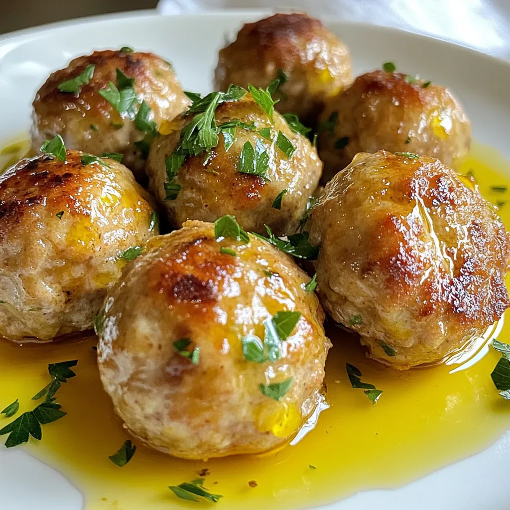 - 1 lb ground turkey - 1/2 cup whole wheat breadcrumbs - 1/4 cup finely grated Parmesan cheese - 2 cloves garlic, minced - 1/4 cup fresh parsley, finely chopped - 1 tablespoon fresh thyme, finely chopped - 1 teaspoon dried oregano - 1 large egg, beaten - Salt and pepper, to taste - 1/4 cup milk - Olive oil, for frying - Serve over pasta with marinara sauce - Enjoy as an appetizer with toothpicks - Garnish with fresh herbs for a pretty look When making these meatballs, I focus on fresh flavors. The ground turkey offers a lean base, while whole wheat breadcrumbs add texture. Parmesan cheese gives a nice salty kick. I love using garlic, parsley, thyme, and oregano to create a lovely herb blend. Each ingredient plays a key role in making this dish delicious. The egg helps bind the mixture, while milk keeps the meatballs moist. I always season with salt and pepper to enhance the taste. Olive oil is my go-to for frying; it adds a nice crispness. For serving, I suggest a few options. You can place the meatballs on a bed of pasta, drench them in marinara sauce, or serve them as bite-sized appetizers. Garnishing with fresh herbs makes any plate look fancy. {{ingredient_image_2}} First, gather all your ingredients. In a big bowl, add the ground turkey, whole wheat breadcrumbs, and grated Parmesan cheese. Next, toss in the minced garlic, chopped parsley, and thyme. Don't forget the dried oregano! Crack the large egg into the bowl and pour in the milk. Now, it's time to season. Add salt and pepper to taste. Use clean hands to mix everything gently. Be careful not to overmix. This keeps the meatballs soft and tender. To shape the meatballs, scoop out a portion of the mix. Aim for about 1.5 inches wide. Roll it between your hands to make a nice round shape. Place the meatballs on a baking tray lined with parchment paper. This helps them not stick. Now, let's cook these delicious meatballs! Heat some olive oil in a skillet over medium heat. Make sure the bottom has enough oil. Once the oil looks shiny, add the meatballs. Don't crowd the pan. Cook them in batches if you need to. Sear each meatball for about 6 to 7 minutes on one side. Then, turn them to cook the other side. You want them golden brown and cooked all the way through. When done, move them to a plate lined with paper towels. This soaks up any extra oil. Serve these warm, and enjoy! To make tender meatballs, do not overmix your ingredients. When you blend the ground turkey with the other items, use gentle hands. This helps keep the meatballs soft. A good cooking temperature is key too. Aim for medium heat when cooking. This ensures the meatballs cook evenly and stay juicy. For a nice, brown crust, pay attention to your oil temperature. Heat the olive oil until it shimmers before adding meatballs. This shows the oil is hot enough. Cook the meatballs for about 6-7 minutes on each side. Turn them gently to brown all sides without breaking them. Garnish your meatballs to make them look great. A sprinkle of fresh parsley adds color and taste. Pair them with pasta and marinara sauce for a classic dish. You can also serve them as an appetizer with toothpicks. This makes them fun for parties! Pro Tips Keep it Cool: Chill the meatball mixture for about 30 minutes before forming them. This helps the meatballs hold their shape while cooking. Don’t Overmix: Mix the meatball ingredients just until combined. Overmixing can lead to tough meatballs. Check for Doneness: Use a meat thermometer to ensure the internal temperature of the meatballs reaches 165°F (75°C) for safe consumption. Flavor Boost: For an extra flavor punch, consider adding some crushed red pepper flakes to the mixture for a hint of heat. {{image_4}} You can swap ground turkey for other meats. Here are some options: - Ground chicken: This works well and stays juicy. - Ground beef: Use lean beef for a rich taste. - Vegetarian option: Use lentils or black beans for a hearty meatless meal. Each swap gives a new flavor twist to your meatballs. Try them out! Using fresh herbs makes a big difference. They add bright flavors. However, dried herbs are also great when fresh ones aren't available. - Fresh herbs: Use them for a bold and vibrant taste. - Dried herbs: These are easy to keep on hand and still work well. Just use less. Mix and match herbs to find your favorite taste. You can make this dish even healthier with a few swaps: - Gluten-free: Replace whole wheat breadcrumbs with gluten-free options. - Lower-fat: Use low-fat cheese or skip it for fewer calories. These changes keep the meatballs tasty while fitting your diet needs. Enjoy experimenting! To keep your meatballs fresh, use airtight containers. Glass or plastic containers work best. Place a layer of parchment paper between layers of meatballs to avoid sticking. Store them in the fridge for up to three days. Make sure the meatballs cool down before sealing the containers. This helps prevent moisture buildup. When you want to enjoy your meatballs again, you have two great options: - Oven Method: Preheat your oven to 350°F. Place the meatballs on a baking sheet. Heat for about 15-20 minutes. This keeps them juicy and warm. - Stovetop Method: Pour a little olive oil in a skillet. Heat on medium. Add the meatballs and cover. Cook for about 5-7 minutes, turning them often. This method keeps them tender and tasty. Freezing meatballs is easy and great for meal prep. Here’s how to do it: 1. Freeze Individually: Place cooked meatballs on a baking sheet in a single layer. Freeze for an hour. This stops them from sticking together. 2. Store in Bags: Once frozen, transfer the meatballs to zip-top freezer bags. Squeeze out as much air as possible. Label the bags with the date. 3. Thawing: To thaw, place meatballs in the fridge overnight. You can also use the microwave if you’re in a hurry. Just heat them in short intervals, checking often. Enjoy your meatballs anytime! Yes, you can use chicken instead of turkey. Ground chicken works well in this recipe. The taste will be slightly different, but it will still be delicious. Just follow the same steps as for turkey. Chicken might cook a bit quicker, so keep an eye on its doneness. To check if meatballs are cooked through, use a meat thermometer. The center should reach 165°F. If you don’t have a thermometer, cut one meatball in half. It should be no longer pink inside, and the juices should run clear. Cooking time is usually around 12 to 14 minutes total. Some great sides to serve with Garlic Herb Turkey Meatballs include: - Spaghetti: Classic pasta with marinara sauce. - Zucchini Noodles: A healthy twist on pasta. - Roasted Vegetables: Carrots, broccoli, or bell peppers add color and nutrients. - Garlic Bread: Perfect for soaking up sauce. - Salad: A fresh side with greens, tomatoes, and a light vinaigrette. These sides enhance the meal and make it more filling. Enjoy mixing and matching! We explored how to make delicious garlic herb turkey meatballs using simple ingredients. Focus on mixing, shaping, and cooking for the best results. Remember to avoid overmixing; it keeps meatballs tender. Feel free to modify ingredients to suit your taste, and enjoy them with pasta or as appetizers. Store leftovers properly for future meals. These tips ensure tasty meatballs every time. Enjoy your cooking!