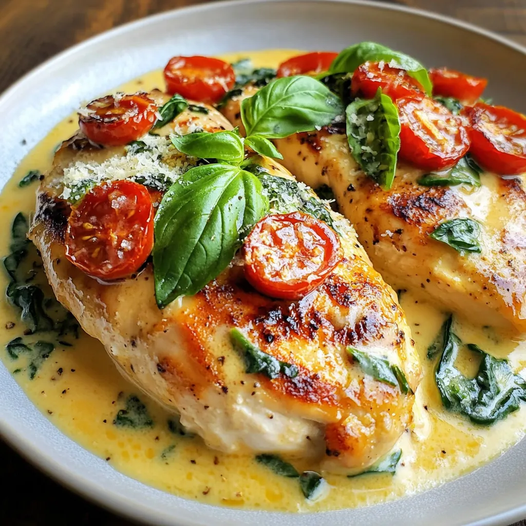 - 4 boneless, skinless chicken breasts - 2 tablespoons extra virgin olive oil - 4 cloves garlic, finely minced - 1 cup heavy cream - 1 cup cherry tomatoes, halved - 1 cup fresh spinach leaves - 1/2 cup freshly grated Parmesan cheese - Salt and freshly ground black pepper, to taste - 1 teaspoon dried Italian herbs (a mix of oregano, basil, thyme) - Fresh basil leaves for garnish Fresh ingredients make a big difference in flavor. They enhance the taste of your dish. Fresh garlic gives a strong aroma you cannot get from dried. Fresh spinach adds a vibrant color and crunch. Using ripe cherry tomatoes adds sweetness that makes the sauce pop. Always choose high-quality ingredients for the best results. For this dish, I love using dried Italian herbs. They bring warmth and depth to the sauce. You can also mix your own herbs. Try adding some oregano, basil, or thyme. If you want more heat, a pinch of red pepper flakes works great. Fresh basil leaves make a lovely garnish. They add a burst of flavor right before serving. {{ingredient_image_2}} Start by seasoning the chicken breasts. Use salt, black pepper, and dried Italian herbs. Sprinkle the seasonings on all sides. This adds taste as the chicken cooks. Heat olive oil in a large skillet. Set the heat to medium-high. Carefully place the seasoned chicken in the skillet. Cook each side for 6-7 minutes. Look for a golden-brown color. Use a meat thermometer for safety; the chicken should reach 165°F. Once done, take the chicken out and let it rest on a plate. In the same skillet, lower the heat to medium. Add minced garlic to the pan. Sauté for about 30 seconds. Stir it continuously to avoid burning. Next, pour in the heavy cream. Stir as it gently simmers. Gradually mix in the grated Parmesan cheese. Keep stirring until it melts and makes a creamy sauce. Add halved cherry tomatoes and fresh spinach to the skillet. Cook for another 3-4 minutes. Stir gently until the spinach wilts. The tomatoes will soften and release their juices into the sauce. This makes the sauce even richer. Return the cooked chicken breasts to the skillet. Spoon the creamy sauce over the chicken. Let it simmer for 2-3 minutes. This ensures the chicken heats through. Finally, garnish with fresh basil leaves. This adds color and flavor to your dish. To make the best creamy garlic Tuscan chicken, start with good chicken. Use fresh, boneless, skinless breasts. Season them well with salt, pepper, and Italian herbs. This adds flavor right away. Cook the chicken until it’s golden brown, about 6-7 minutes on each side. Use a meat thermometer to check if it’s done. The inside should be 165°F. One big mistake is overcooking the chicken. It can dry out quickly. Also, don’t rush the sauce. Let the garlic cook until it’s fragrant but not burnt. If you add the cream too fast, it won’t mix well. Stir slowly to blend the cream and cheese into a smooth sauce. Lastly, remember to add the spinach and tomatoes at the right time. You want them tender but not mushy. Herbs can make a huge difference. Fresh basil is a must for garnish. It adds a bright flavor. You can also try fresh thyme or parsley. For a deeper flavor, add a pinch of red pepper flakes for a bit of heat. This will elevate your dish and impress your guests. Pro Tips Properly Season Your Chicken: Make sure to season the chicken breasts thoroughly on both sides to enhance the flavor. This step is crucial for a deliciously seasoned dish. Don’t Rush the Sauce: Allow the garlic to sauté until fragrant, but be cautious not to burn it. A well-prepared sauce is the backbone of this dish. Use Fresh Ingredients: Fresh spinach and cherry tomatoes will give the dish a vibrant flavor and texture, elevating your creamy sauce to the next level. Garnish with Purpose: Adding fresh basil not only enhances the presentation but also adds a burst of freshness that complements the rich sauce beautifully. {{image_4}} If you want to switch the chicken, you have options. Try using turkey breasts. They cook similarly and taste great too. For a lighter choice, consider using fish, like salmon or tilapia. These cook quickly and soak up flavors well. You can also use tofu for a plant-based version. Just press it first to remove excess moisture. This will help it absorb the sauce. Adding more veggies can boost nutrition and flavor. Try bell peppers for a sweet crunch. Zucchini or yellow squash also works well; just slice them thin. You can add mushrooms for an earthy taste. For a pop of color, use carrots or snap peas. Almost any vegetable can fit in this dish. Just remember to cook them until tender. The sauce can change based on your taste. For a lighter option, use Greek yogurt instead of heavy cream. This gives a creamy texture without all the fat. You could also try a tomato-based sauce for a different flavor. A splash of white wine can add a nice depth. If you want spice, add a pinch of red pepper flakes. Experiment and find your perfect sauce! Store leftover creamy garlic Tuscan chicken in an airtight container. This keeps it fresh and tasty. Make sure the chicken is cool before sealing. It will last in the fridge for up to three days. Label the container with the date you made it. This helps you remember when to eat it. To reheat, place the chicken in a skillet over medium heat. Add a splash of cream or broth to keep it moist. Heat for about 5-7 minutes, stirring gently. You can also use the microwave. Place the chicken in a microwave-safe dish and cover it loosely. Heat for 2-3 minutes, checking halfway through. Make sure it is heated all the way through. You can freeze creamy garlic Tuscan chicken if you want to save it for later. Let it cool completely before freezing. Place the chicken in a freezer-safe bag or container. Try to remove as much air as possible. It will stay good for up to three months. When ready to eat, thaw it in the fridge overnight. Reheat it as mentioned above. You can tell if the chicken is done when it reaches 165°F. Use a meat thermometer to check. The chicken will be golden-brown on the outside and no longer pink inside. Cut into the thickest part to see if it’s fully cooked. If the juices run clear, it’s ready to serve. Yes, you can make this recipe dairy-free. Replace heavy cream with coconut cream or a dairy-free cream alternative. For cheese, use a dairy-free Parmesan or nutritional yeast. This will change the flavor slightly but still keep it creamy. This dish pairs well with many sides. Here are some ideas: - Mashed potatoes - Roasted vegetables - Rice or quinoa - Pasta tossed in olive oil - A fresh green salad These sides add variety and balance to your meal. To store leftovers, place them in an airtight container. Keep them in the fridge for up to 3 days. For reheating, warm in a skillet over low heat. You can also use the microwave but stir often to keep the sauce creamy. Add a bit of water or broth if it looks too thick. Absolutely! You can use fresh herbs like parsley, rosemary, or thyme. Each herb will add its own unique taste. Try mixing different herbs for a fun twist. Just remember to adjust the amount so that it doesn’t overpower the dish. This blog post covered the key steps for making a tasty Creamy Garlic Tuscan Chicken. We discussed the importance of fresh ingredients, spices, and how to prepare and cook chicken. You learned tips to enhance flavor and avoid common mistakes. We also explored variations, storage tips, and answered common questions. In conclusion, with practice, you will make this dish perfectly every time. Enjoy the process and have fun cooking!