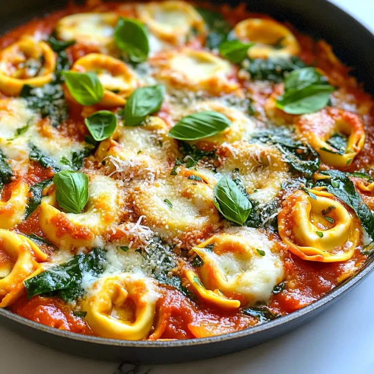 - 12 oz cheese-filled tortellini (fresh or frozen) - 2 cups fresh spinach, chopped - 1 cup ricotta cheese - 1 cup shredded mozzarella cheese - 1/2 cup grated Parmesan cheese - 2 cloves garlic, minced - 1/2 teaspoon red pepper flakes (optional) - 2 tablespoons olive oil - 1/2 teaspoon salt - 1/2 teaspoon black pepper - 1/4 cup fresh basil, chopped (for garnish) - 1 cup marinara sauce (store-bought or homemade) The key to making the Cheesy Spinach Stuffed Tortellini Skillet is the right mix of ingredients. You want rich flavors and a nice texture. Start with cheese-filled tortellini. Fresh or frozen both work great. Next, you'll need fresh spinach. It adds a bright flavor and a pop of color. The cheeses are crucial: ricotta makes it creamy, mozzarella adds stretch, and Parmesan gives it a sharp kick. Don’t forget the aromatics! Minced garlic gives a warm, inviting taste. Red pepper flakes can add a little heat, but it's optional. Seasonings like salt and black pepper tie everything together. For the sauce, marinara is a must. It coats the tortellini and adds moisture. Finally, fresh basil is perfect for garnishing. It gives a fresh finish and a lovely scent. With these ingredients, you're ready to cook a delicious dish! {{ingredient_image_2}} Start by heating 2 tablespoons of olive oil in a large skillet over medium heat. Once the oil is hot, add 2 cloves of minced garlic. Sauté the garlic for about 1 minute until it smells great but does not burn. Now, add 2 cups of chopped fresh spinach to the skillet. Cook the spinach for 2 to 3 minutes. Stir it occasionally until it wilts and turns bright green. In a mixing bowl, combine 1 cup of ricotta cheese, 1 cup of shredded mozzarella cheese, and 1/2 cup of grated Parmesan cheese. Add 1/2 teaspoon of salt, 1/2 teaspoon of black pepper, and 1/2 teaspoon of red pepper flakes if you like some heat. Mix everything until it becomes a smooth cheese blend. Next, gently fold the wilted spinach and garlic mixture into your cheese blend. This ensures that every bite is packed with flavor. In a large pot, bring salted water to a boil. Add 12 ounces of cheese-filled tortellini and cook according to the package instructions, usually 3 to 5 minutes for fresh tortellini. Once cooked, drain the tortellini and set it aside for later. Return to your skillet with the spinach and cheese mixture. Add the drained tortellini and 1 cup of marinara sauce. Gently stir everything together, making sure each tortellini is well-coated with the sauce and cheese. Top the dish with the remaining mozzarella cheese. Cover the skillet and let it cook over low heat for 2 to 3 minutes, until the cheese melts and bubbles. Enjoy the delicious, cheesy goodness! To avoid soggy tortellini, follow these steps: - Cook tortellini until just al dente. This keeps them firm. - Drain them well and don’t let them sit in water. - Add them to the skillet quickly after draining. For enhancing flavor with herbs and spices: - Fresh basil adds a bright taste. - Use red pepper flakes for a hint of heat. - Experiment with oregano or thyme for depth. Best practices for sautéing vegetables: - Use medium heat to prevent burning. - Stir garlic often to release its aroma. - Add spinach once garlic turns fragrant. This keeps it fresh. Achieving the perfect cheesy melt: - Cover the skillet to trap heat. - Use low heat to melt cheese evenly. - Watch closely to avoid overcooking, which can toughen cheese. Pro Tips Choose the Right Tortellini: Fresh tortellini will yield the best texture and flavor, but if you opt for frozen, ensure to cook them just until tender for the perfect bite. Customize Your Greens: Feel free to mix in other leafy greens like kale or Swiss chard for added nutrients and a touch of variety in flavor. Perfectly Melted Cheese: Covering the skillet while the cheese melts creates steam, helping it to melt evenly and become perfectly gooey. Marinara Sauce Options: For a richer flavor, consider making your own marinara sauce using fresh tomatoes, herbs, and garlic, or enhance store-bought sauce with sautéed onions and herbs. {{image_4}} You can switch up the proteins in this dish. If you prefer chicken, shrimp, or tofu, they all work well. Just cook them before adding to the skillet. Each choice brings its unique flavor. Cheese is another fun area to play with. Try using gouda, feta, or even cheddar. Each cheese adds its own twist to the dish. You can mix and match to find your favorite combo. If you need a gluten-free option, use gluten-free tortellini. Many brands offer tasty alternatives made from rice or chickpeas. This way, you can still enjoy the creamy goodness without gluten. For a vegan version, swap out the cheeses for plant-based kinds. Look for cashew or almond-based cheeses. You can also use tofu in place of ricotta. This keeps the flavor and texture while being plant-friendly. To keep your cheesy spinach stuffed tortellini fresh, place it in an airtight container. Let it cool to room temperature before sealing. Store it in the fridge for up to three days. After that, it may lose its creamy texture. For best results, try to eat it within this time frame. When you are ready to enjoy leftovers, use gentle heat. The best way is to warm it in a skillet over low heat. Stir it often to prevent sticking. You can also add a splash of water or extra marinara sauce for moisture. If you want to save leftovers for longer, freezing is a great option. Portion your tortellini into freezer-safe bags or containers. It can last up to three months in the freezer. To reheat frozen tortellini, let it thaw in the fridge overnight. Then, reheat it in a skillet or microwave. This way, it stays tasty and creamy. To make homemade marinara sauce, start with simple ingredients. You need: - 2 tablespoons olive oil - 1 small onion, chopped - 2 cloves garlic, minced - 1 can (28 oz) crushed tomatoes - 1 teaspoon sugar - 1 teaspoon dried basil - Salt and pepper to taste 1. Heat olive oil in a pot over medium heat. 2. Add chopped onion and cook until soft. 3. Stir in minced garlic and cook until fragrant. 4. Add crushed tomatoes, sugar, and basil. 5. Simmer for 20-30 minutes. 6. Add salt and pepper to taste. This sauce is fresh, simple, and perfect for your tortellini dish. Yes, you can use frozen spinach! It saves time and is easy to find. Just remember to thaw it first. Squeeze out excess water to avoid a watery dish. Then, mix it in just like you would fresh spinach. This keeps your cheesy spinach stuffed tortellini skillet tasty and creamy. The best way to serve this dish is right from the skillet. It looks inviting and rustic. You can also scoop portions onto plates. Drizzle with extra olive oil and sprinkle fresh basil on top for a beautiful touch. This adds color and extra flavor to your meal. To make it spicier, add red pepper flakes. Start with a 1/2 teaspoon and adjust to your taste. You can also add diced jalapeños or hot sauce. These will give your cheesy spinach stuffed tortellini skillet an extra kick! Yes, this recipe is already vegetarian! It features cheese and spinach, which are great plant-based choices. If you want to make it vegan, swap the cheeses for plant-based options. Use cashew cheese or tofu for a creamy texture. Enjoy this dish while keeping it meat-free! In this blog post, we explored a delicious skillet dish featuring cheese-filled tortellini, fresh spinach, and rich marinara sauce. I shared step-by-step instructions for creating a tasty meal and offered useful tips to perfect your cooking. Whether you're swapping in different proteins or adjusting for dietary needs, this recipe is flexible. Remember to store leftovers properly and reheat them carefully. Enjoy making this dish your own, and savor every cheesy bite. Cooking should be fun and rewarding!