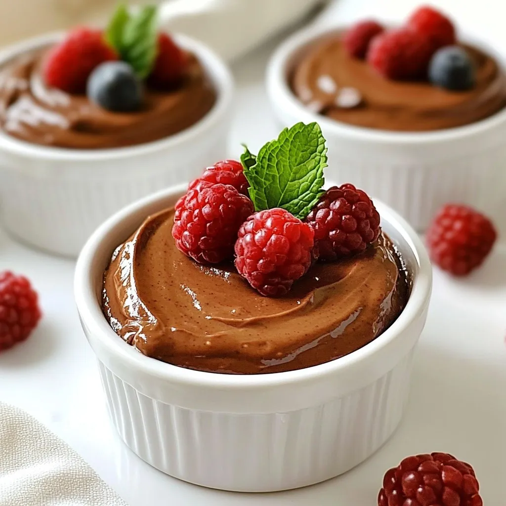 To make Vegan Chocolate Avocado Mousse, you will need a few simple, fresh ingredients. Each one adds to the rich and creamy texture of the mousse. Here’s what you should gather: - Ripe avocados - Unsweetened cocoa powder - Maple syrup - Almond milk (or other plant-based milk) - Pure vanilla extract - Sea salt - Garnishes (fresh berries, mint leaves) Ripe avocados are key to a smooth mousse. They provide healthy fats and creaminess. Use ripe ones for the best taste. Unsweetened cocoa powder gives the mousse its rich chocolate flavor. Maple syrup acts as a natural sweetener. You can adjust the amount based on your taste. Almond milk or any plant-based milk keeps the mousse creamy without dairy. Pure vanilla extract adds a warm, sweet note. A pinch of sea salt enhances all the flavors. Finally, fresh berries and mint leaves make lovely garnishes. They add color and freshness to the dish. Gather these ingredients, and you’re ready to create a luscious vegan dessert! {{ingredient_image_2}} First, pick two ripe avocados. They should feel soft but not mushy. Cut them in half and remove the pit. Use a spoon to scoop out the green flesh. Place the avocado chunks in your high-speed blender or food processor. Blend them until they become smooth and creamy. You want to avoid any lumps. This step is key for a rich texture. Now, it’s time to add the rest of the ingredients. Pour in 1/2 cup of unsweetened cocoa powder. Then, add 1/4 cup of maple syrup. You can adjust this amount based on your taste. Next, pour in 1/4 cup of almond milk. If you prefer, use any plant-based milk you like. Add 1 teaspoon of pure vanilla extract and a pinch of sea salt for balance. Blend everything again until smooth. Taste it! If you want it sweeter, slowly add more maple syrup. Once the mousse is perfectly blended, it’s time to serve. Spoon the mousse into small dishes or ramekins. Cover them and place them in the fridge. Chill the mousse for at least 30 minutes. This step helps the flavors deepen and the texture set. When you’re ready to serve, add fresh berries and mint leaves on top. This adds color and flavor to your dessert. Enjoy your creamy treat! To get the best texture, use ripe avocados. They should feel soft when you press them gently. When blending, you want a smooth and creamy mix. If it seems too thick, add a bit more almond milk. Blend until there are no lumps left. This step is key for that rich, velvety feel. Remember, the mousse will thicken a bit after chilling, so don’t worry if it seems runny at first. You can boost the flavor in many ways. Try adding a little cinnamon or a dash of espresso powder. Both add depth without changing the mousse too much. If you love a hint of citrus, a bit of orange zest can brighten the taste. Don’t forget to adjust the maple syrup based on how sweet you like it. Taste as you go to find your perfect balance. Presentation is important. Use small cups or elegant ramekins for serving. This makes each portion feel special. Top the mousse with fresh berries like raspberries or strawberries. They add color and a tart taste that complements the chocolate. A sprig of mint on top gives a fresh aroma. You can also drizzle a bit of extra maple syrup for added sweetness. This dish looks as good as it tastes! Pro Tips Choosing Ripe Avocados: Ensure your avocados are perfectly ripe for the creamiest texture. They should yield slightly to gentle pressure when squeezed. Adjusting Sweetness: Taste the mousse after blending and adjust the maple syrup according to your preference. Start with less and add more for a personalized sweetness. Chilling for Flavor: Let the mousse chill for at least 30 minutes before serving. This resting time allows the flavors to deepen and the texture to set perfectly. Garnish for Presentation: Fresh berries and mint not only add a pop of color but also enhance the flavor. Choose seasonal fruits for the best taste and visual appeal. {{image_4}} You can swap maple syrup for other sweeteners. Try agave nectar or coconut sugar. Both add a unique taste. If you want a lower-calorie option, use stevia or monk fruit. Just remember to adjust the amount, as they can be sweeter than maple syrup. Each sweetener brings its own flair! Almond milk is great, but you can use other plant-based milks too. Coconut milk will add a rich, creamy texture. Cashew milk is a nice choice for a mild flavor. If you prefer soy milk, it works well and adds protein. Each milk choice will change the mousse's taste and texture slightly. Adding spices or extracts can make this mousse even better. Try a pinch of cinnamon for warmth or a dash of chili powder for a kick. You can also mix in almond or hazelnut extract for a nutty twist. For a refreshing touch, add a squeeze of orange juice or zest. These little adjustments can take your mousse to the next level! To keep your Vegan Chocolate Avocado Mousse fresh, use airtight containers. Make sure to seal them tightly. This will prevent any air from getting in and keep the mousse creamy. Refrigerate it right after you make it. If you want to keep it for later, chilling is key. Avoid leaving it out at room temperature for too long. In the fridge, your mousse will stay good for about three days. After that, it may lose its smooth texture. If you see any discoloration, it’s best to toss it out. Always check for freshness before you dig in. You can freeze the mousse if you want to keep it longer. Portion it out into smaller containers. This way, you can thaw only what you need. When ready to eat, take it out and let it sit in the fridge overnight. It will take time to thaw, but this method helps keep the taste intact. Just remember, freezing may change the texture a bit, so enjoy it fresh if you can! Yes, you can use other fruits. Bananas or silken tofu work well. Each fruit gives a different taste. Bananas add creaminess and a slight sweetness. Silken tofu keeps it smooth and rich. Just make sure the fruit is ripe for the best flavor. Blend it fully with the avocados for a nice mix. Absolutely! This mousse is great for kids. It has a rich chocolate flavor that they love. Plus, it hides healthy avocados in a tasty treat. The mousse is dairy-free and has no eggs. Kids can enjoy it without worries. You can also let them help in the kitchen. They'll love blending and tasting their own dessert. To make this mousse sugar-free, you can swap maple syrup. Use ripe bananas instead. They add natural sweetness without added sugar. You can also use sugar-free sweeteners like stevia or erythritol. Just add a bit at a time and taste. Adjust until it is sweet enough for your liking. This keeps the mousse tasty and healthy. This blog post covered how to make a tasty avocado chocolate mousse. We explored the must-have ingredients like ripe avocados and cocoa powder. I provided step-by-step instructions to prepare, blend, and chill the mousse. We discussed tips for the best texture and flavor boosts. You learned about variations and storage methods. To sum up, this recipe is simple and fun. You can make it your own with easy swaps. Enjoy your delicious, creamy dessert that’s good for you!