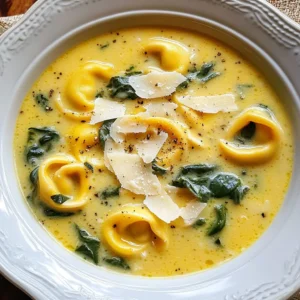 To make this creamy tortellini spinach soup, you will need the following ingredients: - 2 cups vegetable broth - 1 cup heavy cream - 1 package (9 oz) cheese tortellini - 3 cups fresh spinach, roughly chopped - 1 medium onion, diced - 3 cloves garlic, minced - 2 tablespoons olive oil - 1 teaspoon Italian seasoning - Salt and freshly ground black pepper to taste - Grated Parmesan cheese for garnish To elevate your soup, consider these garnishes and sides: - Crusty bread for dipping - Fresh parsley or basil for a pop of color - Extra grated Parmesan on top for more flavor Each serving of this creamy tortellini spinach soup offers a satisfying balance of nutrients. Here&rsquo;s a quick breakdown: - Calories: 350 - Protein: 12g - Carbohydrates: 35g - Fat: 20g - Fiber: 2g This meal is not just tasty; it also provides a good mix of flavors and nutrients. {{ingredient_image_2}} Start by heating olive oil in a large pot over medium heat. You want it to shimmer but not smoke. Add the diced onion and cook for about 5 minutes. Stir it often until the onion is soft and clear. This step adds a great base flavor. Next, add the minced garlic. Cook it for 1 minute, stirring frequently. You want to smell the garlic, but don&rsquo;t let it burn. Once the onions and garlic are ready, pour in the vegetable broth. Raise the heat and bring it to a gentle boil. This should only take a few minutes. When it&rsquo;s boiling, add the cheese tortellini. Cook according to the package instructions, usually around 3 to 5 minutes. Keep an eye on it. You want that tortellini soft but not mushy. After your tortellini is cooked, lower the heat to a simmer. Now, stir in the heavy cream and Italian seasoning. Mix everything well until it&rsquo;s all combined. Next, add the chopped spinach. Stir gently until it wilts, which will take about 2 minutes. Finally, taste the soup and season it with salt and black pepper as needed. This is where you can adjust the flavors to your liking. Serve it hot, and don&rsquo;t forget the grated Parmesan on top for that extra flavor! Start with the right amount of salt. Taste the soup as you cook. Add salt little by little. Pepper adds warmth, so use it to your liking. Italian seasoning blends herbs well. If you want more flavor, try adding fresh herbs like basil or parsley. A splash of lemon juice brightens the taste. Curdling happens when cream heats too fast. Always add cream at a low heat. Stir it in gently, letting it warm. If you worry, temper the cream. Take a little hot soup and mix it with cream before adding it back. This helps keep the cream smooth. When you heat leftover soup, use low heat. Stir often to avoid burning. Add a splash of broth or cream to thin it out if needed. Serve the soup hot with grated Parmesan on top. It pairs well with crusty bread for dipping. Enjoy each warm bowl! Pro Tips Use Fresh Spinach: Fresh spinach adds a vibrant flavor and color to the soup. If using frozen spinach, make sure to thaw and drain it well to avoid excess water in the soup. Enhance the Broth: For a richer flavor, consider using homemade vegetable broth or adding a splash of white wine to the broth before boiling. Customize Your Tortellini: Feel free to experiment with different types of tortellini, such as spinach or mushroom-filled, to add unique flavors to your soup. Add Extra Vegetables: Incorporate additional vegetables like carrots, bell peppers, or zucchini for extra nutrition and texture in your soup. {{image_4}} You can easily change this soup to fit your diet. If you want a gluten-free version, use gluten-free tortellini. Many stores offer this option. For a vegetarian soup, just stick with vegetable broth. You can also use plant-based cream to keep it creamy without dairy. Want to make this soup heartier? Add some protein. Cooked chicken or turkey works great. You can also try beans or lentils for a meat-free option. For more veggies, think about adding carrots, zucchini, or bell peppers. Just chop them small and add them when you cook the onions. You can change the flavor by adding spices. Try a pinch of red pepper flakes for heat. For an Italian twist, add more Italian seasoning or fresh herbs like basil or thyme. A squeeze of lemon juice can brighten the soup too. Experiment and find what you love! To store leftover Creamy Tortellini Spinach Soup, let it cool to room temperature first. Then, pour it into an airtight container. Make sure the lid is sealed tight to keep it fresh. Store the soup in the fridge for up to three days. If you want to keep it longer, freezing is a great option. When freezing the soup, use freezer-safe containers. Leave some space at the top of the container. This allows the soup to expand as it freezes. You can also use freezer bags. Be sure to remove as much air as possible before sealing. This helps prevent freezer burn. The soup can last up to three months in the freezer. To reheat the soup, take it out of the fridge or freezer. If frozen, let it thaw overnight in the fridge. Pour the soup into a pot and heat it on low. Stir it often to keep it smooth. If the soup seems too thick, add a splash of broth or cream to thin it out. Once it&rsquo;s hot, serve it with fresh Parmesan cheese on top for the best taste. Yes, you can use frozen tortellini! Frozen tortellini cooks well in this soup. Just add it to the pot straight from the freezer. You may need to increase the cooking time by a couple of minutes. Check the package for exact times. The soup&rsquo;s flavor stays great, and the texture remains nice. Absolutely! To make this soup vegan, you can swap a few ingredients. Use vegan tortellini made from plant-based ingredients. Replace the heavy cream with coconut milk or cashew cream for a rich texture. Lastly, use vegetable broth and skip any cheese for the garnish. This way, you can enjoy the same creamy goodness without dairy. If you need a substitute for heavy cream, use half-and-half or whole milk for a lighter option. For a dairy-free choice, coconut milk or almond milk works well. These alternatives may alter the taste slightly but can still create a creamy base. Adjust the seasonings to balance flavors, and enjoy your soup! In this blog post, we explored a delicious creamy tortellini spinach soup. We discussed its ingredients, preparation steps, and helpful tips to make it perfect. You learned how to customize the soup for different diets and flavor preferences. Remember to store leftovers properly to keep them fresh. With these tools, you can create a comforting dish that everyone will love. Enjoy trying different variations and flavors to make it your own! Explore all the possibilities and make mealtime special.