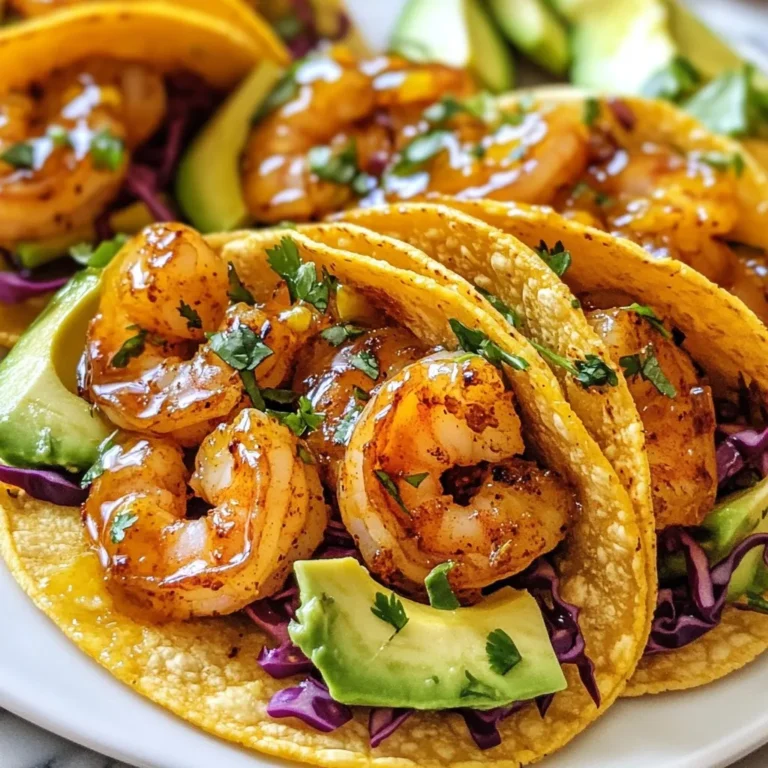 To make tasty Honey Lime Shrimp Tacos, you need these key items: - 1 lb medium shrimp, peeled and deveined - 2 tablespoons honey - 2 tablespoons fresh lime juice (about 1 lime) - 2 teaspoons chili powder - 1 teaspoon garlic powder - 1 teaspoon ground cumin - Salt and freshly ground black pepper, to taste - 8 small corn tortillas These ingredients create a sweet and tangy flavor that perfectly complements the shrimp. To enhance your tacos, consider adding these garnishes: - 1 cup red cabbage, finely shredded - 1 ripe avocado, thinly sliced - Fresh cilantro leaves, for garnish - Lime wedges, for serving These toppings provide crunch, creaminess, and freshness, making your tacos even better. If you need to swap ingredients, here are some ideas: - Use agave nectar instead of honey for a vegan option. - Swap lime juice for lemon juice if limes are not available. - Try shrimp alternatives like chicken or tofu for different flavors. These substitutions can help you make the dish fit your needs while keeping it delicious. {{ingredient_image_2}} To start, find a medium bowl. Add 2 tablespoons of honey and 2 tablespoons of fresh lime juice. This juice comes from about one lime. Next, sprinkle in 2 teaspoons of chili powder, 1 teaspoon of garlic powder, and 1 teaspoon of ground cumin. Season it with a pinch of salt and some black pepper. Now, whisk the mixture until it’s smooth. This marinade gives the shrimp a sweet and tangy flavor. Once your marinade is ready, add 1 pound of peeled and deveined shrimp to the bowl. Gently toss the shrimp to coat them with the marinade. Let the shrimp sit for about 15 minutes. This time allows the flavors to soak into the shrimp. You’ll smell the honey and lime as they blend. While the shrimp marinates, heat a large skillet over medium-high heat. Once it’s hot, add the shrimp in a single layer. Cook each shrimp for 2 to 3 minutes on each side. They will turn pink and curl slightly. Remove the shrimp from the heat when they are fully cooked. This step is quick but very important to keep the shrimp tender. Now, it’s time to warm the corn tortillas. You can do this in a separate pan or in the microwave. Heat them until they are soft and flexible. Be careful not to overheat them, as they can become tough. Warm tortillas help hold all the tasty fillings. For each taco, place a generous spoonful of cooked shrimp on a warm tortilla. Then, add a handful of shredded red cabbage for crunch. Next, layer a few slices of ripe avocado on top. Finish with a sprinkle of fresh cilantro. This combination creates a colorful and tasty taco. If you want an extra zing, drizzle more lime juice over the tacos. Serve them right away with lime wedges on the side. This adds brightness and freshness to each bite. Arrange the tacos on a colorful plate or a rustic wooden platter for a beautiful presentation. Enjoy your meal with friends or family! Cooking shrimp is quick and easy. Here are some tips: - Use fresh shrimp for the best flavor. - Make sure shrimp are peeled and deveined. - Don't overcrowd the pan when cooking. This helps shrimp cook evenly. - Cook shrimp until they are pink and opaque, about 2-3 minutes per side. - Keep an eye on them. Overcooked shrimp become rubbery. You can make your tacos even tastier. Here are some ideas: - Add fresh garlic to the marinade for a bolder taste. - Try using lime zest for more citrus flavor. - If you like heat, add a pinch of cayenne pepper. - Swap honey for agave syrup for a different sweetness. - Experiment with different spices like smoked paprika or oregano. Make your tacos look as good as they taste. Here’s how: - Use a colorful plate to showcase your tacos. - Arrange the tacos neatly in a row for a clean look. - Garnish with lime wedges and fresh cilantro for color. - Serve with a side of extra lime juice for easy drizzling. - Consider a rustic wooden board for a fun, casual vibe. Pro Tips Fresh Ingredients: Always use fresh shrimp for the best flavor and texture. Frozen shrimp can work, but make sure to thaw them properly before marinating. Customize Your Spice: Adjust the amount of chili powder to control the heat level. You can also add diced jalapeños for an extra kick! Perfectly Warmed Tortillas: To keep your tortillas warm and pliable, wrap them in a clean kitchen towel after warming them in the pan or microwave. Garnish Wisely: A squeeze of lime over the assembled tacos adds brightness and enhances the flavors. Don’t skip this step! {{image_4}} You can easily swap shrimp for other proteins. Try chicken, fish, or tofu. Each option brings its own taste. Chicken works well with the honey lime mix. Use firm fish like mahi-mahi for a tasty twist. Tofu is great for a plant-based meal. Just make sure to press it first to remove extra moisture. You can mix up the flavor in many ways. Add different spices to the marinade, like smoked paprika or cayenne. Each spice will change the taste. For a tropical vibe, use coconut milk in the marinade. If you want a kick, add jalapeños or hot sauce. You can also try using orange juice instead of lime juice for a sweeter taste. To make these tacos vegetarian, use hearty veggies like bell peppers or mushrooms. Sauté them in the same spices for a flavorful dish. For a vegan option, use chickpeas or lentils. They absorb flavors well and are protein-rich. Just follow the same marinating steps for great taste. Enjoy your meal no matter your choice! To keep your leftover tacos fresh, store them in an airtight container. Place the shrimp, cabbage, and avocado in separate containers. This keeps the tortillas from getting soggy. You can store them in the fridge for up to two days. When ready to eat, simply reheat the shrimp and warm the tortillas again. You can freeze the shrimp if you have extra. Place the cooked shrimp in a freezer bag. Squeeze out all the air and seal it tightly. They will last up to three months in the freezer. When you want to use them, thaw the shrimp overnight in the fridge. Reheat them in a skillet on medium heat until hot. Warm the tortillas in a microwave or skillet. To keep your ingredients fresh, store the red cabbage in a sealed bag in the fridge. It stays crisp that way. For the avocado, cut only what you need. Keep the rest in its skin. You can also sprinkle it with lime juice to prevent browning. The honey and spices should stay in a cool, dry place. This helps them last longer. Yes, you can use frozen shrimp. Just thaw them first. Place the shrimp in cold water for about 15 minutes. Drain and pat them dry before marinating. This keeps the shrimp fresh and tasty. These tacos are mild to medium in spice. The chili powder adds flavor without too much heat. If you want it spicier, add some cayenne pepper. You can also serve hot sauce on the side for more kick. Some tasty sides include: - Mexican rice - Black beans - Corn salad - Grilled vegetables These pair well and complement the flavors of the tacos. To make these tacos gluten-free, use corn tortillas. Always check the label to avoid gluten. All other ingredients are naturally gluten-free. This way, you can enjoy the meal without worry. Yes, you can prepare the shrimp and marinade ahead of time. Marinate the shrimp for up to 2 hours in the fridge. This allows the flavors to deepen. Just cook them when you're ready to serve. Honey lime shrimp tacos are a tasty dish you can easily make. We covered the main ingredients, how to marinate and cook shrimp, and the best ways to serve. You learned tips for cooking shrimp and how to store leftovers. Exploring variations ensures everyone can enjoy this meal. These tacos are versatile and fun. Feel free to try new flavors and ingredients. With practice, you’ll become a pro at making them. Enjoy your next taco night!