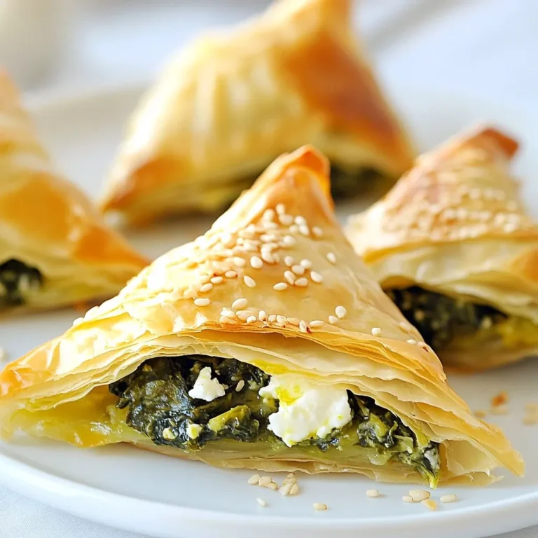 - 1 pound fresh spinach, thoroughly washed and chopped - 1 cup crumbled feta cheese - 1/2 cup creamy ricotta cheese - 1/4 cup freshly grated Parmesan cheese - 1 small onion, finely minced - 2 cloves garlic, minced - 2 tablespoons high-quality olive oil - 1/2 teaspoon freshly grated nutmeg - Sea salt and freshly ground black pepper to taste - 1 package of phyllo dough (approximately 20 sheets) - 1/2 cup melted butter, for brushing - Sesame seeds for garnish (optional) The ingredients for Greek Spanakopita triangles are fresh and simple. First, you need spinach. Fresh spinach is key for a bright flavor. Next, three types of cheese enhance the filling: feta, ricotta, and Parmesan. Feta gives a tangy taste, while ricotta adds creaminess. Parmesan gives a nice depth of flavor. Onion and garlic add great aroma. Use a small onion, finely minced, and two cloves of garlic. Olive oil is essential for sautéing these aromatics. Seasonings, like nutmeg, salt, and pepper, bring all the flavors together. You will also need phyllo dough. Phyllo is thin and flaky, making the triangles crispy. Butter is vital for brushing the dough. It helps create that golden crust. Lastly, sesame seeds are optional but add a nice crunch and flavor. Gather these ingredients, and you are ready to create a delicious snack! {{ingredient_image_2}} Start by heating olive oil in a large skillet over medium heat. Add the finely minced onion and cook it until it turns soft and fragrant, about 5 minutes. Next, toss in minced garlic and chopped spinach. Stir this mix often until the spinach wilts and the moisture cooks off, which takes about 3 to 4 minutes. Once done, take the skillet off the heat and let the mixture cool for a few minutes. In a big mixing bowl, combine the sautéed spinach mix with crumbled feta, creamy ricotta, and grated Parmesan cheese. Add freshly grated nutmeg, sea salt, and black pepper to taste. Stir everything together until it forms a well-mixed filling. This step ensures a rich, flavorful blend that brings the dish to life. On a clean surface, lay down one sheet of phyllo dough. Brush it lightly with melted butter. Then, place another sheet on top and coat it with butter too. This layering helps create a flaky texture. Repeat this process until you have about five sheets stacked together, all brushed with butter. Using a sharp knife, cut the stacked phyllo sheets into long strips, about 3 inches wide. At one end of each strip, place about one tablespoon of the spinach filling. Fold the side over the filling to create a triangle. Keep folding down the strip in a triangular shape, like folding a flag, until you reach the end. Ensure the filling is tightly encased so it doesn’t leak during baking. Repeat this until you use all the filling. Arrange the formed triangles on a baking sheet lined with parchment paper, leaving some space between them. Brush the tops with more melted butter and sprinkle sesame seeds if you want an extra crunch. Preheat your oven to 375°F (190°C) and bake the triangles for 25 to 30 minutes. They should turn golden brown and crispy. Let them cool slightly before serving for the best flavor and texture. Enjoy these savory bites warm! To keep phyllo dough fresh, cover it with a damp cloth. This method stops it from drying out while you work. Use a clean, slightly wet kitchen towel. It’s a simple step that makes a big difference. When applying butter, use a pastry brush. Brush a thin layer of melted butter on each sheet. This method helps the layers stick together and adds flavor. Avoid using too much butter, as it can make the dough greasy. Bake your spanakopita at 375°F (190°C) for a perfect crunch. A hotter oven can burn the phyllo, while a cooler one may leave it soggy. Keep an eye on them as they bake. After baking, let the triangles cool on a wire rack. This step prevents steam from making them soft. Cooling will keep them crispy and delicious. For a beautiful presentation, arrange the triangles on a colorful platter. Add fresh herbs like parsley or dill for a pop of green. This touch makes your dish more appealing. Pair spanakopita with a fresh salad or yogurt dip. A simple cucumber yogurt sauce complements the flavors well. These options create a balanced meal that everyone will enjoy. Pro Tips Use Fresh Spinach: For the best flavor and texture, always opt for fresh spinach rather than frozen. It will ensure a vibrant filling. Layering Phyllo: When working with phyllo dough, keep the unused sheets covered with a damp cloth to prevent them from drying out while you work. Customize Your Cheese: Feel free to mix different types of cheese into the filling, such as adding a bit of goat cheese for an extra tangy flavor. Perfect Golden Brown: To achieve a beautifully golden color, brush the tops of the triangles with melted butter just before baking. {{image_4}} You can get creative with spanakopita fillings. Adding different vegetables boosts flavor and nutrition. Consider mixing in chopped mushrooms, artichokes, or even sun-dried tomatoes. Fresh herbs like dill or parsley elevate the taste, too. You can also switch up the cheese. While feta is traditional, try using goat cheese for a tangy twist. A mix of cheeses can add depth. For example, ricotta and mozzarella create a creamy filling that melts beautifully. For those needing gluten-free options, look for gluten-free phyllo dough. Many brands offer this, making it easy to enjoy spanakopita without worry. Just make sure to check the package for instructions, as gluten-free dough can behave differently. If you're vegan, you can still enjoy these tasty triangles. Replace dairy with plant-based alternatives. Use tofu or cashew cheese in place of feta and ricotta. Adding nutritional yeast can provide a cheesy flavor too. If you plan a gathering, you can scale this recipe easily. Just double or triple the ingredients to make more triangles. They are perfect finger foods for parties. You can also create mini versions for appetizers. Cut the phyllo sheets into smaller strips. Fill them with some spinach mixture, and fold as usual. These bite-sized treats are fun and easy to serve. After enjoying your spanakopita triangles, store any leftovers in the fridge. Place them in an airtight container. This keeps them fresh and helps prevent drying. You can also cover them with plastic wrap. They will stay good for about 3 to 4 days. To enjoy your spanakopita again, preheat your oven to 350°F (175°C). Place the triangles on a baking sheet. Heat them for about 10 to 15 minutes. This method keeps them crispy. You can also use a toaster oven for small batches. Avoid using the microwave, as it can make the phyllo soggy. You can freeze spanakopita before or after cooking. For uncooked triangles, freeze them on a baking sheet first. Once they are firm, transfer them to a freezer bag. This way, they won’t stick together. They can stay in the freezer for up to 2 months. If you want to freeze cooked triangles, let them cool completely first. Then, store them in an airtight container. They can last in the freezer for about 1 month. When ready to eat, reheat them in the oven. Spanakopita is a Greek dish made of phyllo dough filled with spinach and cheese. It has roots in Greece and is loved for its crispy texture and savory flavor. The dish often includes herbs like dill and parsley, adding to its unique taste. You can find spanakopita served at many Greek festivals and family gatherings. Yes, you can use frozen spinach in spanakopita. However, fresh spinach gives a better texture and flavor. If you use frozen spinach, make sure to thaw it and squeeze out the water. This helps keep your filling from becoming too wet. Both options work, but fresh often tastes best. To keep your phyllo dough crispy, follow these tips: - Use melted butter between layers. - Work quickly to avoid drying out the dough. - Bake at a high temperature until golden brown. - Let the baked triangles cool slightly on a rack, not on a plate. This helps air circulate. You can store spanakopita in the fridge for up to three days. Keep it in an airtight container to maintain freshness. If you want to enjoy it later, you can also freeze it for up to two months. Just remember to reheat it in the oven to get that crispiness back. Making spanakopita brings rich flavors and textures to your table. We covered key ingredients like spinach, various cheeses, and phyllo dough. I shared steps to sauté aromatics and prepare the filling, then guide you in forming triangles and baking them just right. With tips to keep your phyllo crispy and ideas for serving, you can customize variations to fit any diet or gathering. Whether reheating leftovers or freezing batches, these tips ensure this dish shines every time. Dive in and enjoy this delightful Greek classic!