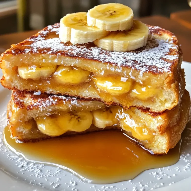 - 4 slices of thick-cut bread (brioche or challah recommended) - 2 ripe bananas, sliced into thin rounds - 1/2 cup Nutella, softened for easy spreading - 2 large eggs - 1/2 cup milk (whole or your choice) - 1 teaspoon vanilla extract - 1 teaspoon ground cinnamon - 1 tablespoon butter (for cooking) - Powdered sugar (for dusting) - Maple syrup (for serving) First, I always start with fresh, ripe bananas. Bananas add great sweetness and texture. The Nutella spreads easily, giving that rich chocolate flavor. Thick-cut bread, like brioche or challah, holds the filling well. Eggs and milk create a creamy coating. Vanilla extract and cinnamon add warmth to the dish. I prefer using brioche or challah for this dish. These breads are soft and fluffy. They soak up the egg mixture nicely. You can also try sourdough or even whole wheat for a twist. Just remember, thick slices work best for stuffing. You can make this dish even better with toppings. Dust the French toast with powdered sugar for a sweet touch. A drizzle of warm maple syrup adds extra flavor. You can also add fresh banana slices or chopped nuts on top. These small details make the dish pop! {{ingredient_image_2}} First, grab two slices of thick-cut bread. Spread a good amount of Nutella on one side of each slice. Make sure to cover the bread well. Next, take the ripe bananas and slice them thinly. Place the banana rounds on top of the Nutella. This gives a sweet surprise inside. Now, take the other two slices of bread and place them on top, Nutella side down. You should have two stuffed sandwiches now. In a medium bowl, crack two large eggs. Add in half a cup of milk. You can use whole milk or any kind you like. Then, pour in one teaspoon of vanilla extract. This adds a nice flavor. Next, sprinkle in one teaspoon of ground cinnamon. Whisk everything together until it looks smooth. Make sure the cinnamon mixes in well. Heat a skillet over medium heat. Add one tablespoon of butter to the pan. Let it melt and coat the bottom. Once the butter is hot and bubbling, it's time to cook. Take each stuffed sandwich and dip it in the egg mixture. Make sure to coat both sides well. Let any extra egg drip off. Carefully place the sandwiches in the hot skillet. Cook for about three to four minutes on each side. You want them golden brown and crispy. When done, take them out and put them on a plate. Dust with powdered sugar and serve with warm maple syrup on the side. Enjoy your tasty creation! To get crispy French toast, use thick bread. Brioche or challah works best. Heat your skillet to medium before adding butter. This way, your toast cooks evenly. Let the butter melt and bubble before adding your sandwiches. Cook each side for about 3-4 minutes. Look for a golden brown color. This means your toast is ready! For a great stuffed texture, spread Nutella thickly on the bread. Layer the banana slices evenly on top. Use two slices of bread for each sandwich. Dip the sandwiches in the egg mixture carefully. Make sure both sides are coated well. Let excess egg drip off before cooking. This step prevents sogginess and ensures your French toast stays crispy. You can try different spreads if you want to mix it up. Peanut butter or almond butter is a great choice. Add other fruits like strawberries or blueberries for a fresh twist. You can also sprinkle some nuts inside for crunch. For a vegan option, replace the eggs with a flaxseed mixture. Enjoy experimenting with flavors! Pro Tips Use Day-Old Bread: Slightly stale bread absorbs the egg mixture better, resulting in a richer and more custardy French toast. Experiment with Flavors: Add a pinch of nutmeg or swap vanilla extract with almond extract for a unique twist on the classic flavor. Keep It Warm: If making multiple servings, keep the cooked French toast warm in a low oven (around 200°F) until ready to serve. Garnish Creatively: Enhance the presentation with fresh berries, whipped cream, or chopped nuts for added texture and flavor. {{image_4}} You can swap Nutella with peanut butter for a tasty twist. Spread peanut butter on the bread just like you do with Nutella. Layer the banana slices on top. This mix gives a creamy, nutty flavor. It works well for those who love peanut butter. You can change the fruit to fit your taste. Try strawberries or blueberries instead of bananas. Just slice them thinly and layer them on the Nutella. You can also add nuts like walnuts or pecans. They add a nice crunch and flavor. To make a vegan version, use plant-based milk and eggs. A mix of flaxseed and water can replace eggs. For gluten-free, pick gluten-free bread. Both options keep the taste delicious and satisfying. Enjoy the same sweet treat without the extra ingredients. To store leftover banana Nutella stuffed French toast, let it cool first. Place it in an airtight container. Keep it in the fridge for up to three days. Make sure to separate layers with parchment paper to avoid sticking. When you are ready to eat, reheat in a skillet for crispy edges. Heat on medium for about 2-3 minutes on each side. You can also use a toaster oven for a quick reheat. If you prefer, microwave it for 30-45 seconds, but it may lose some crispiness. To freeze, wrap each stuffed French toast tightly in plastic wrap. Place the wrapped pieces in a freezer-safe bag or container. They can last for up to three months. When you want to enjoy them, thaw overnight in the fridge before reheating. Yes, you can use other spreads. Some good options include almond butter, peanut butter, or any brand of chocolate spread. Each spread adds its own taste. Try different flavors to find your favorite. That way, you can make this dish your own. If you do not like bananas, try using strawberries, blueberries, or apples. You can slice strawberries or apples thinly. The fruits will still give a sweet taste. You can also mix fruits for a fun twist. Each fruit adds a fresh flavor to the toast. Look for a golden brown color on both sides. The edges should be crispy, and the center should feel firm. You can also poke it gently with a fork. If it springs back, it’s ready! Cooking time is about 3 to 4 minutes per side. This article covered all you need for delicious Banana Nutella Stuffed French Toast. We explored key ingredients, bread choices, and tasty toppings. I walked you through easy steps for perfect cooking and shared tips for a crispy texture. We also discussed fun variations and storage options to enjoy later. In short, this dish is versatile and simple. Try different spreads or fruits to keep it fresh. Enjoy your cooking and create memorable meals with ease!