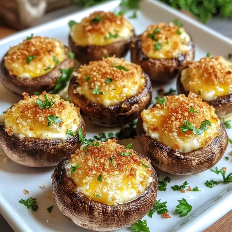 - 12 large cremini or button mushrooms, cleaned and stems removed - 1 cup cream cheese, softened - 1/2 cup freshly grated Parmesan cheese - 1/4 cup panko breadcrumbs - 1/4 cup fresh parsley, finely chopped - 2 cloves garlic, minced - 1 teaspoon dried oregano - Salt and black pepper to taste - 1 tablespoon olive oil These ingredients create a rich and creamy filling. The cream cheese pairs well with the Parmesan, giving a nice flavor. The panko breadcrumbs add crunch, while parsley and garlic enhance freshness. - Crumbled bacon for a savory touch - Chopped sun-dried tomatoes for a tangy flavor - Spinach for added nutrients - Different cheese like feta or mozzarella for variety Feel free to mix and match these ingredients. They help you make the dish your own. You can easily adapt the flavors to suit your taste. - Air fryer for quick cooking - Mixing bowl for combining ingredients - Spoon or piping bag for filling mushrooms - Small brush for drizzling oil These tools make the process easy. The air fryer cooks the mushrooms evenly, while the mixing bowl helps you blend the filling well. A spoon or piping bag lets you fill each cap neatly. {{ingredient_image_2}} 1. Preheat your air fryer to 350°F (175°C) for about 5 minutes. This helps cook the mushrooms evenly. 2. Prepare the filling by mixing the softened cream cheese, grated Parmesan, panko breadcrumbs, chopped parsley, minced garlic, dried oregano, and some salt and pepper in a bowl. Stir well. 3. Clean the mushrooms by wiping them with a damp cloth. Remove the stems gently to create space for the filling. 1. Fill each mushroom cap with the cream cheese mixture. Use a small spoon for precision. Make sure to fill them well without overflowing. 2. Drizzle olive oil over the tops of the stuffed mushrooms. This adds flavor and helps them brown nicely. 3. Place the stuffed mushrooms in a single layer in the air fryer basket. Avoid overcrowding to ensure they cook evenly. 4. Air fry the mushrooms for 10 to 12 minutes. Watch them closely. They should be golden brown and tender when done. 1. Remove the mushrooms from the air fryer and let them cool for a few minutes. This helps set the filling. 2. Serve your mushrooms on a pretty platter. For a pop of color, garnish with fresh parsley or a sprinkle of paprika. Enjoy the delicious flavors! To get the best stuffed mushrooms, start with fresh mushrooms. Look for large cremini or button mushrooms. Clean them gently to keep them intact. Use a mix of cream cheese and Parmesan for a rich filling. Panko breadcrumbs add crunch. Fill each mushroom cap generously, but don’t overfill. Drizzle olive oil for extra flavor. Air fry at 350°F for about 10 to 12 minutes. Check for a golden brown top. The mushrooms should be tender and bursting with flavor. One common mistake is overcrowding the air fryer. This can lead to uneven cooking. Always leave space between the mushrooms for air to circulate. Another mistake is using cold cream cheese. Make sure it’s softened for easy mixing. Also, avoid skipping the olive oil drizzle. It helps with browning and flavor. Lastly, don’t forget to season well with salt and pepper. It makes a big difference in taste. Preheat your air fryer before cooking. This ensures even cooking from the start. Place the mushrooms in a single layer in the basket. This helps them cook properly. Shake the basket halfway through cooking for even browning. Always monitor the cooking time. Air fryers can cook faster than expected. Lastly, let the mushrooms cool for a few minutes after cooking. This helps the flavors settle and makes them easier to eat. Pro Tips Use Fresh Ingredients: Always choose the freshest mushrooms and herbs to enhance the overall flavor of your stuffed mushrooms. Experiment with Fillings: Feel free to add ingredients like crumbled sausage, spinach, or sun-dried tomatoes to the filling for a unique twist. Don’t Overcrowd the Air Fryer: Arrange the stuffed mushrooms in a single layer for even cooking and optimal crispiness. Adjust Cooking Time: Depending on the size of your mushrooms, you may need to adjust the cooking time slightly for perfect results. {{image_4}} You can change the stuffing for more fun. Try adding cooked sausage or bacon for a meaty touch. You can also use spinach or artichokes for a more veggie vibe. Mixing in different cheeses, like feta or mozzarella, adds a great twist. If you love heat, add some diced jalapeños or red pepper flakes for spice. For a vegetarian option, replace cream cheese with a vegan cream cheese. You can also use cashew cheese or ricotta for a creamy feel. To make it vegan, swap the Parmesan with nutritional yeast. This gives a cheesy flavor without dairy. You can even add nuts like walnuts or almonds for added crunch and taste. To boost the flavor, think about adding fresh herbs. Basil, thyme, or chives can make a big difference. You can also mix in some lemon zest for brightness. A splash of balsamic vinegar or soy sauce can add depth to the filling. Don't forget a sprinkle of smoked paprika for a unique twist. These little changes can take your stuffed mushrooms to a whole new level! To store your leftover stuffed mushrooms, let them cool first. Place them in an airtight container. Store them in the fridge for up to three days. If you want to keep them longer, freezing is a great option. When you’re ready to enjoy your leftovers, preheat your air fryer to 350°F (175°C). Place the mushrooms in the basket. Heat for about 5 to 7 minutes. This will make them warm and crispy again. Check them often to avoid overcooking. To freeze stuffed mushrooms, wrap them tightly in plastic wrap. Place them in a freezer-safe bag or container. They can last for up to three months in the freezer. To thaw, move them to the fridge for a few hours or overnight. Reheat them in the air fryer as described above for best results. Yes, you can use various mushrooms. Cremini and button mushrooms work best. Other types like portobello or shiitake add unique flavors. Just ensure they are big enough to hold the filling. Each type brings its own taste and texture, so feel free to experiment. Cook the stuffed mushrooms for about 10 to 12 minutes at 350°F. Check for a golden brown top and tender mushrooms. Cooking time may vary slightly based on your air fryer model. Always keep an eye on them for the best results. Pair these stuffed mushrooms with a light salad or garlic bread. They also go well with dips like marinara or aioli. You can serve them as an appetizer or a side dish. Their rich flavors complement many main courses. Absolutely! You can prepare the filling and stuff the mushrooms in advance. Just store them in the fridge until you’re ready. When you’re ready to cook, air fry them straight from the fridge. This saves time and keeps your meal stress-free. This blog post covered all you need for stuffed mushrooms. We explored main and optional ingredients, tools, and step-by-step cooking guides. I shared tips for perfect results and variations for your taste. Plus, I reviewed how to store and reheat leftovers. With these insights, you'll create delicious stuffed mushrooms. Enjoy experimenting with flavors and sharing them with loved ones. Happy cooking!