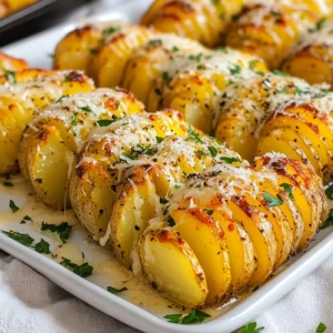 - 4 medium-sized russet potatoes - 4 tablespoons unsalted butter, melted - 4 cloves garlic, finely minced - 1/2 cup freshly grated Parmesan cheese - 2 tablespoons fresh parsley, finely chopped - 1 teaspoon smoked paprika - Salt and freshly ground black pepper, to taste I choose russet potatoes for their starchy texture. They get fluffy inside while crisping up outside. Unsalted butter adds rich flavor without too much salt. Fresh garlic gives a strong taste that mixes well with the cheese. Grated Parmesan melts nicely and adds a salty, nutty note. I like smoked paprika for a hint of warmth, but regular paprika works too. Fresh parsley brightens the dish and adds color. Look for potatoes that are firm and smooth. Avoid any with dark spots or wrinkles. Medium-sized russet potatoes work best. They are easy to slice and cook evenly. Check for weight; heavier potatoes are often fresher. If you can, buy organic potatoes. This ensures they are free from harmful chemicals. {{ingredient_image_2}} First, wash the potatoes well to remove dirt. Dry them completely with a towel. This step is key for crispy skin. Next, place each potato between two chopsticks or wooden spoons. This method helps keep your cuts shallow. Carefully slice the potatoes about 1/8 inch apart. Make sure you don't cut all the way through. Aim for cutting about 3/4 down. This will keep the potato intact while adding texture. In a small bowl, combine the melted butter and minced garlic. Whisk these together until they mix well. Add smoked paprika, salt, and black pepper to the bowl. These spices add a nice depth of flavor. Use a pastry brush or spoon to apply the garlic butter mixture. Make sure to coat both the skin and inside the cuts. The more butter, the better the taste! Preheat your oven to 425°F (220°C). Once your potatoes are ready, place them on a baking sheet lined with parchment paper. Sprinkle the grated Parmesan on top and let some fall into the cuts. This will enhance the flavor as they bake. Bake the potatoes for 45 to 50 minutes. They should be tender and crispy on the edges. After baking, sprinkle finely chopped parsley on top. Allow them to cool for a few minutes before serving. To get that perfect crisp on your Garlic Parmesan Hasselback Potatoes, follow these steps: - Make even cuts. Aim for 1/8 inch apart. This helps heat reach every part. - Use a baking sheet with sides. It catches any butter that drips. - Bake at 425°F (220°C). This high heat helps create a crispy outside. You can boost the flavor of your potatoes easily. Here are some ideas: - Add smoked paprika for a smoky kick. - Try some chili powder for heat. - Mix in dried herbs like thyme or rosemary for depth. - A squeeze of lemon can add brightness to the dish. Slicing your potatoes can be tricky. Here are some tools to help: - Wooden chopsticks or spoons stop you from cutting too deep. - A sharp knife makes clean cuts. Take your time for even slices. - A mandoline slicer can work well if you have one. Just be careful! These tools help ensure each potato cooks evenly and tastes great. Pro Tips Use Evenly Sized Potatoes: Select potatoes that are similar in size for even cooking. This ensures that all potatoes bake at the same rate, resulting in a uniform texture. Experiment with Toppings: Feel free to get creative with toppings! Try adding crispy bacon bits, different types of cheese, or even a drizzle of balsamic reduction for a gourmet twist. Let the Butter Cool Slightly: Allow the melted butter and garlic mixture to cool for a few minutes before applying. This helps prevent the cheese from melting too quickly, ensuring it stays beautifully crispy. Check for Doneness: To check if the potatoes are done, insert a fork into the thickest part. If it slides in easily, they are ready. If not, continue baking for a few more minutes. {{image_4}} You can swap Parmesan for other cheeses. Try cheddar for a rich, sharp flavor. Feta adds a nice tang. Gouda gives a smoky twist. Mix cheeses for a fun blend. These changes keep the dish exciting. Herbs and spices can change the whole taste. Add rosemary for an earthy flavor. Thyme pairs well with garlic too. For a kick, sprinkle red pepper flakes. You can also try a dash of Italian seasoning. These options boost the aroma and taste. Make these potatoes vegetarian by using plant-based butter. For vegan options, replace Parmesan with nutritional yeast or vegan cheese. This keeps the cheesy taste without dairy. You can also serve them with a vegan sour cream dip. These swaps make the dish friendly for all diets. To store leftover Hasselback potatoes, first let them cool down. Place them in an airtight container. Make sure to cover the container tightly. Keep them in the fridge for up to three days. This way, they stay fresh and tasty. When you are ready to eat the leftovers, preheat your oven to 350°F (175°C). Place the potatoes on a baking sheet. Cover them loosely with foil to keep them moist. Heat for about 15-20 minutes, or until warm. This helps keep the crispy edges. You can also microwave them for about 1-2 minutes, but they won't be as crispy. You can freeze leftover Hasselback potatoes, but they may lose some texture. First, let them cool completely. Wrap each potato in plastic wrap, then place them in a freezer-safe bag. They can last for up to a month. When ready to use, thaw them in the fridge overnight. Reheat in the oven as mentioned before for the best taste. You know Hasselback potatoes are done when they are golden brown and crispy. The edges should look crunchy, and the insides must be soft. You can check by poking them with a fork. If it slides in easily, they are ready. Yes, you can prepare Hasselback potatoes in advance. You can slice and season them a few hours before baking. Just keep them in the fridge. When you are ready, bake them as directed. This saves time and makes meal prep easier. Garlic Parmesan Hasselback Potatoes pair well with many dishes. Here are some great options: - Grilled chicken or steak - A fresh green salad - Roasted vegetables - A rich sour cream dip These options enhance the meal and add variety. Enjoy experimenting with different sides! You learned about the key ingredients for Hasselback potatoes, from selecting the best potatoes to enhancing flavors with spices. I shared step-by-step instructions to make these tasty potatoes, along with tips for perfect results. You can also try variations like different cheeses and vegetarian options. Remember to store leftovers properly for the best taste later on. With these insights, you can confidently make and enjoy Hasselback potatoes anytime. Embrace your kitchen skills and get cooking!