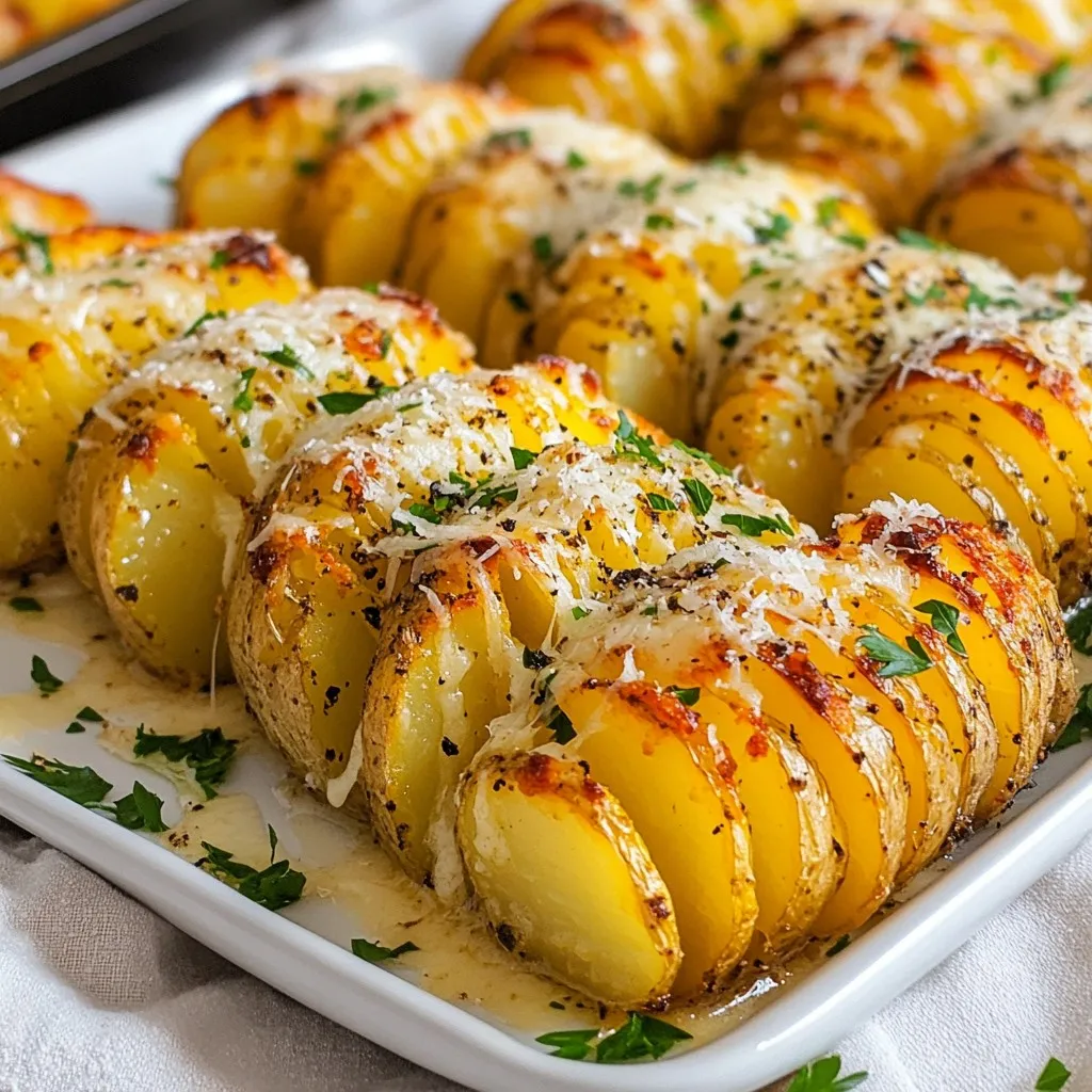 - 4 medium-sized russet potatoes - 4 tablespoons unsalted butter, melted - 4 cloves garlic, finely minced - 1/2 cup freshly grated Parmesan cheese - 2 tablespoons fresh parsley, finely chopped - 1 teaspoon smoked paprika - Salt and freshly ground black pepper, to taste I choose russet potatoes for their starchy texture. They get fluffy inside while crisping up outside. Unsalted butter adds rich flavor without too much salt. Fresh garlic gives a strong taste that mixes well with the cheese. Grated Parmesan melts nicely and adds a salty, nutty note. I like smoked paprika for a hint of warmth, but regular paprika works too. Fresh parsley brightens the dish and adds color. Look for potatoes that are firm and smooth. Avoid any with dark spots or wrinkles. Medium-sized russet potatoes work best. They are easy to slice and cook evenly. Check for weight; heavier potatoes are often fresher. If you can, buy organic potatoes. This ensures they are free from harmful chemicals. {{ingredient_image_2}} First, wash the potatoes well to remove dirt. Dry them completely with a towel. This step is key for crispy skin. Next, place each potato between two chopsticks or wooden spoons. This method helps keep your cuts shallow. Carefully slice the potatoes about 1/8 inch apart. Make sure you don't cut all the way through. Aim for cutting about 3/4 down. This will keep the potato intact while adding texture. In a small bowl, combine the melted butter and minced garlic. Whisk these together until they mix well. Add smoked paprika, salt, and black pepper to the bowl. These spices add a nice depth of flavor. Use a pastry brush or spoon to apply the garlic butter mixture. Make sure to coat both the skin and inside the cuts. The more butter, the better the taste! Preheat your oven to 425°F (220°C). Once your potatoes are ready, place them on a baking sheet lined with parchment paper. Sprinkle the grated Parmesan on top and let some fall into the cuts. This will enhance the flavor as they bake. Bake the potatoes for 45 to 50 minutes. They should be tender and crispy on the edges. After baking, sprinkle finely chopped parsley on top. Allow them to cool for a few minutes before serving. To get that perfect crisp on your Garlic Parmesan Hasselback Potatoes, follow these steps: - Make even cuts. Aim for 1/8 inch apart. This helps heat reach every part. - Use a baking sheet with sides. It catches any butter that drips. - Bake at 425°F (220°C). This high heat helps create a crispy outside. You can boost the flavor of your potatoes easily. Here are some ideas: - Add smoked paprika for a smoky kick. - Try some chili powder for heat. - Mix in dried herbs like thyme or rosemary for depth. - A squeeze of lemon can add brightness to the dish. Slicing your potatoes can be tricky. Here are some tools to help: - Wooden chopsticks or spoons stop you from cutting too deep. - A sharp knife makes clean cuts. Take your time for even slices. - A mandoline slicer can work well if you have one. Just be careful! These tools help ensure each potato cooks evenly and tastes great. Pro Tips Use Evenly Sized Potatoes: Select potatoes that are similar in size for even cooking. This ensures that all potatoes bake at the same rate, resulting in a uniform texture. Experiment with Toppings: Feel free to get creative with toppings! Try adding crispy bacon bits, different types of cheese, or even a drizzle of balsamic reduction for a gourmet twist. Let the Butter Cool Slightly: Allow the melted butter and garlic mixture to cool for a few minutes before applying. This helps prevent the cheese from melting too quickly, ensuring it stays beautifully crispy. Check for Doneness: To check if the potatoes are done, insert a fork into the thickest part. If it slides in easily, they are ready. If not, continue baking for a few more minutes. {{image_4}} You can swap Parmesan for other cheeses. Try cheddar for a rich, sharp flavor. Feta adds a nice tang. Gouda gives a smoky twist. Mix cheeses for a fun blend. These changes keep the dish exciting. Herbs and spices can change the whole taste. Add rosemary for an earthy flavor. Thyme pairs well with garlic too. For a kick, sprinkle red pepper flakes. You can also try a dash of Italian seasoning. These options boost the aroma and taste. Make these potatoes vegetarian by using plant-based butter. For vegan options, replace Parmesan with nutritional yeast or vegan cheese. This keeps the cheesy taste without dairy. You can also serve them with a vegan sour cream dip. These swaps make the dish friendly for all diets. To store leftover Hasselback potatoes, first let them cool down. Place them in an airtight container. Make sure to cover the container tightly. Keep them in the fridge for up to three days. This way, they stay fresh and tasty. When you are ready to eat the leftovers, preheat your oven to 350°F (175°C). Place the potatoes on a baking sheet. Cover them loosely with foil to keep them moist. Heat for about 15-20 minutes, or until warm. This helps keep the crispy edges. You can also microwave them for about 1-2 minutes, but they won't be as crispy. You can freeze leftover Hasselback potatoes, but they may lose some texture. First, let them cool completely. Wrap each potato in plastic wrap, then place them in a freezer-safe bag. They can last for up to a month. When ready to use, thaw them in the fridge overnight. Reheat in the oven as mentioned before for the best taste. You know Hasselback potatoes are done when they are golden brown and crispy. The edges should look crunchy, and the insides must be soft. You can check by poking them with a fork. If it slides in easily, they are ready. Yes, you can prepare Hasselback potatoes in advance. You can slice and season them a few hours before baking. Just keep them in the fridge. When you are ready, bake them as directed. This saves time and makes meal prep easier. Garlic Parmesan Hasselback Potatoes pair well with many dishes. Here are some great options: - Grilled chicken or steak - A fresh green salad - Roasted vegetables - A rich sour cream dip These options enhance the meal and add variety. Enjoy experimenting with different sides! You learned about the key ingredients for Hasselback potatoes, from selecting the best potatoes to enhancing flavors with spices. I shared step-by-step instructions to make these tasty potatoes, along with tips for perfect results. You can also try variations like different cheeses and vegetarian options. Remember to store leftovers properly for the best taste later on. With these insights, you can confidently make and enjoy Hasselback potatoes anytime. Embrace your kitchen skills and get cooking!
