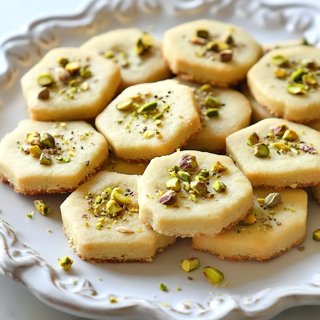 - 1 cup unsalted butter, softened to room temperature - ¾ cup powdered sugar - 2 cups all-purpose flour - ½ cup pistachios, finely chopped (plus extra for garnish) - ½ teaspoon ground cardamom - ¼ teaspoon salt - 1 teaspoon pure vanilla extract To make the best Pistachio Cardamom Shortbread, you need quality ingredients. Start with unsalted butter that is soft. This helps in creaming well with sugar. Use powdered sugar for a smooth texture. All-purpose flour gives the right body to the cookies. Finely chopped pistachios add crunch and flavor. Ground cardamom brings a warm spice that blends well. A pinch of salt enhances all the flavors. Finally, pure vanilla extract adds a sweet aroma. - Butter Alternatives: You can use coconut oil for a dairy-free option. Ghee can also work well for added richness. - Sugar Alternatives: Consider using coconut sugar if you want a less processed choice. Maple sugar can also add a unique taste. - Gluten-Free Options: Use a gluten-free flour blend to replace all-purpose flour. Ensure it has xanthan gum for better texture. Feel free to mix and match these substitutions based on your preferences. Each change can bring out different flavors in your shortbread! {{ingredient_image_2}} - Preheat the Oven and Prepare Baking Sheet Start by preheating your oven to 350°F (175°C). While it warms, line a baking sheet with parchment paper. This helps the cookies come off easily after baking. - Creaming the Butter and Sugar In a large bowl, mix softened unsalted butter and powdered sugar together. Use an electric mixer on medium speed. Beat until it looks light and fluffy, about 3-4 minutes. This step adds air, making your cookies tender. - Incorporating Dry Ingredients In another bowl, whisk together the all-purpose flour, finely chopped pistachios, ground cardamom, and salt. This mix adds flavor and texture. Slowly add this dry mix to the creamed butter. Mix on low speed just until combined. Be careful not to overmix; this keeps your shortbread light. - Forming the Log Lightly flour your work surface. Turn the dough out onto it and shape it into a log, about 2 inches in diameter. Wrap the log tightly in plastic wrap. This helps it hold its shape while chilling. - Chilling Time Explained Place the log in the refrigerator for at least 30 minutes. Chilling firms up the dough, making it easier to slice later. Don’t skip this step; it’s key for perfect cookies. - Slicing the Dough After chilling, take the log out of the fridge. Slice it into rounds about ¼-inch thick. Lay the slices on your prepared baking sheet, leaving about 1 inch of space between each cookie. This space helps them bake evenly. - Baking Instructions and Timing For a fun touch, sprinkle extra chopped pistachios on top of each cookie. Then, place the baking sheet in your preheated oven. Bake for 12-15 minutes. Watch them closely and take them out when the edges are lightly golden. Let them cool on the baking sheet for a few minutes before moving them to a wire rack. Enjoy your delicious Pistachio Cardamom Shortbread! - Avoiding Overmixing Overmixing can ruin the light and crumbly texture of shortbread. Mix until just combined. This keeps your cookies tender and melts in your mouth. - Importance of Chilling Chilling the dough is key. It firms the dough, making it easier to slice. Plus, it helps the cookies hold their shape while baking. Aim for at least 30 minutes in the fridge. - Additional Spices to Consider While cardamom shines here, don't hesitate to add other spices. Cinnamon or nutmeg can bring warmth to your cookies. Experiment to find what you love best. - Adjusting Sweetness If you prefer less sweetness, you can reduce the powdered sugar. Start with half a cup and taste the dough. Remember that the final sweetness will balance with the flavors of pistachios and cardamom. - Garnishing Ideas Add a sprinkle of finely chopped pistachios on top before baking. This adds color and a lovely crunch. You can also drizzle melted chocolate over the cooled cookies for a rich touch. - Unique Serving Suggestions These cookies pair perfectly with tea or coffee. For a special treat, serve them with a side of whipped cream or a scoop of vanilla ice cream. They make a beautiful addition to any dessert platter. Pro Tips Chill the Dough: Chilling the dough is crucial as it helps the cookies maintain their shape and texture during baking. Don’t skip this step! Fresh Ingredients: For the best flavor, use fresh cardamom and high-quality pistachios. This will enhance the overall taste of your shortbread. Don't Overmix: When combining the wet and dry ingredients, mix just until combined. Overmixing can lead to tough cookies. Watch the Baking Time: Every oven is different, so keep an eye on your cookies. They are done when the edges are lightly golden, ensuring a perfect texture. {{image_4}} You can easily change the taste of Pistachio Cardamom Shortbread. Here are two fun ways to add flair: - Adding Citrus Zest: Try adding lemon or orange zest to the dough. This will give your shortbread a bright flavor. Start with one teaspoon of zest and mix it in with the dry ingredients. You will love the fresh twist! - Incorporating Chocolate: If you crave chocolate, add some cocoa powder. Replace two tablespoons of flour with cocoa. You can also fold in chocolate chips for a richer treat. Dark chocolate pairs well with the pistachios and cardamom. You can enjoy these cookies even with dietary needs. Consider these options: - Vegan Option: Replace the butter with coconut oil or vegan butter. Use powdered sugar that is vegan-friendly. This way, you keep the same great taste without animal products. - Nut-Free Version: If you need a nut-free cookie, swap pistachios for sunflower seeds or pumpkin seeds. They will still add crunch and flavor without the nuts. Shortbread is popular all over the world, and you can explore other flavors: - Exploring Other Spiced Shortbreads: In India, you might find shortbread made with spices like cinnamon or ginger. These spices can give a warm, cozy feel. You could also try adding chai spices for a unique twist. Each region has its own take on this classic treat! - Room Temperature Storage: Store your Pistachio Cardamom Shortbread in an airtight container. They stay fresh at room temp for up to one week. Keep them away from direct sunlight and heat. - Refrigeration Guidelines: If you want them to last longer, refrigerate the cookies. They can stay fresh for about two weeks. Just make sure to use a tightly sealed container. - How to Freeze Baked Cookies: To freeze your cookies, wait until they cool completely. Layer them between parchment paper in an airtight container. They can last for up to three months in the freezer. - Thawing Instructions: When you are ready to eat them, take the cookies out of the freezer. Leave them at room temperature for about 30 minutes. This will help them regain their texture. - How Long They Last: These cookies can last about one week at room temperature, two weeks in the fridge, and three months in the freezer. - Signs of Spoilage: Look for changes in color or texture. If they smell off or taste stale, it’s best to toss them. Always trust your senses! Can I make this recipe gluten-free? Yes, you can make this recipe gluten-free. Use a gluten-free flour blend instead of all-purpose flour. Look for blends that work well for baking. How can I enhance the flavor of the cookies? You can add more spices like cinnamon or nutmeg. A touch of orange zest also brightens the flavor. What should I serve with Pistachio Cardamom Shortbread? These cookies pair well with tea or coffee. They also make a great snack for gatherings. What to do if the dough is too sticky? If the dough is sticky, add a little more flour. Sprinkle flour on your hands and work surface too. This helps with shaping. How do I know when cookies are done baking? Cookies are done when the edges turn lightly golden. The centers may look a bit soft but will firm up as they cool. Can I substitute another nut for pistachios? Yes, you can use almonds or walnuts. Just chop them finely to match the texture of pistachios. What is the purpose of cardamom in this recipe? Cardamom adds a warm, spicy flavor. It gives the cookies a unique taste and aroma that enhances the overall experience. This article explored how to make Pistachio Cardamom Shortbread. We covered each ingredient and provided tasty substitutions. You learned step-by-step instructions for preparing the dough and baking the cookies. The tips on texture, flavor, and presentation were key for great results. Don't forget the variations to try new flavors. Lastly, I shared storage tips to keep your cookies fresh. Enjoy baking and sharing these delightful treats with others!
