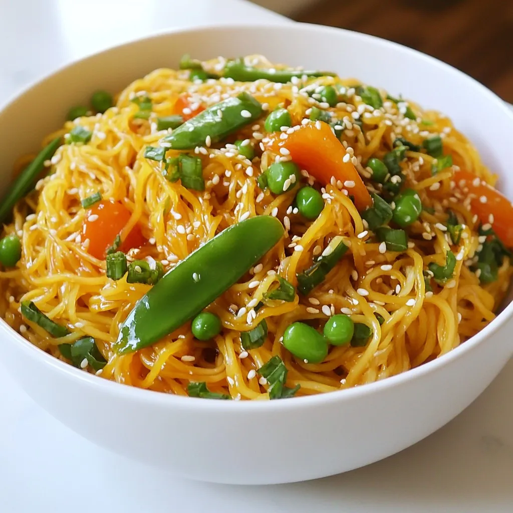 - 8 oz rice noodles - 3 tablespoons sweet chili sauce - 2 tablespoons soy sauce - 1 tablespoon sesame oil - 4 cloves garlic, minced - 1 tablespoon fresh ginger, minced - 1 bell pepper, julienned (your choice of color) - 1 cup snap peas, trimmed - 2 green onions, finely chopped - Fresh cilantro leaves (optional) - 1 tablespoon sesame seeds (for garnish) - Additional herbs and spices Sweet chili garlic noodles are both fun and easy to make. You can create this dish in just 20 minutes! The main ingredients set the stage for flavor. Rice noodles serve as the base. Sweet chili sauce adds a delightful sweetness. Soy sauce gives a savory kick, while sesame oil brings depth. For fresh ingredients, garlic and ginger add aromatic notes that make your kitchen smell amazing. Bell pepper adds color and crunch. Snap peas bring a fresh snap, and green onions finish the dish with a mild onion flavor. You can also add fresh cilantro if you like. Garnishing ingredients, like sesame seeds, add a nice touch. You can also sprinkle on other herbs or spices to elevate the dish. This combination makes sweet chili garlic noodles a must-try for any home cook! {{ingredient_image_2}} To start, I bring a pot of water to a boil. The water should be rolling and hot. Once it boils, I add in 8 ounces of rice noodles. I cook them based on the package instructions. This usually takes around 4 to 6 minutes. When they are tender, I drain them in a colander. I then rinse the noodles under cold water. This stops the cooking and keeps them from getting sticky. Next, I prepare the sauce. In a small bowl, I mix together 3 tablespoons of sweet chili sauce, 2 tablespoons of soy sauce, and 1 tablespoon of sesame oil. I stir this well to blend the flavors. This sauce is key to making the dish tasty. Now, I heat a tablespoon of oil in a large skillet or wok over medium heat. Once the oil is hot, I add 4 minced garlic cloves and 1 tablespoon of minced fresh ginger. I sauté these for about 30 seconds. I want them fragrant but not burned. Then, I toss in 1 julienned bell pepper and 1 cup of trimmed snap peas. I stir-fry these for 2 to 3 minutes, keeping the colors bright and the veggies crisp. After the vegetables are ready, I pour the prepared sauce over them. I stir well to coat the veggies in the sauce. Next, I gently add in the drained rice noodles. I toss everything together, making sure the noodles are heated and well-coated. This usually takes about 2 to 3 minutes. Finally, I remove the pan from heat and add half of the chopped green onions. This gives a fresh taste. I then plate the sweet chili garlic noodles while they are hot. I garnish with the remaining green onions, a sprinkle of sesame seeds, and fresh cilantro leaves if I like. This makes the dish look vibrant and inviting. - Avoiding overcooking: Keep an eye on the rice noodles as they cook. Follow the package instructions. They usually take about 4-6 minutes. Taste one noodle to check if it is done. You want them tender but not mushy. - Tips for rinsing and cooling: After cooking, drain the noodles in a colander. Rinse them under cold water quickly. This stops the cooking and keeps them from sticking together. - Additional spices to consider: Want to add a kick? Try adding a pinch of red pepper flakes or a splash of hot sauce. You can also add a bit of lime juice for tanginess. - Adjusting sweetness or saltiness: If you like it sweeter, add more sweet chili sauce. For more saltiness, add a touch more soy sauce. Taste as you go to find the perfect balance. - How to garnish beautifully: Use the remaining chopped green onions and sprinkle them on top. Add sesame seeds for a nice crunch. Fresh cilantro adds a pop of color and flavor. - Serving suggestions for an attractive plate: Serve the noodles in a shallow bowl. Arrange the vegetables on top for a colorful look. A lime wedge on the side adds a nice touch. Pro Tips Use Rice Noodles: For the best texture, opt for fresh rice noodles if available, as they provide a chewier consistency compared to dried noodles. Customize Your Vegetables: Feel free to swap in your favorite vegetables such as carrots, broccoli, or zucchini for a unique twist on this dish. Adjust the Spice Level: If you prefer a spicier kick, add a dash of chili flakes or sriracha to the sauce mixture. Garnish for Flavor: Don't skip the garnish! Fresh cilantro and sesame seeds add not only flavor but also an appealing visual element to your dish. {{image_4}} You can add protein to sweet chili garlic noodles for extra flavor. Chicken, shrimp, or tofu work well. - Chicken: Cut into small pieces. Cook for 5-7 minutes until golden. - Shrimp: Add raw shrimp. Cook for 3-4 minutes until they turn pink. - Tofu: Use firm tofu. Cook for 5 minutes until it’s crispy. These proteins mix nicely with the sauce. They add texture and taste. This dish is easy to make vegetarian or vegan. You can swap out veggies to keep it flavorful. - Vegetables: Try carrots, broccoli, or mushrooms. They add crunch and taste. - Sauces: Use coconut aminos in place of soy sauce for a vegan version. These swaps keep your meal tasty without using animal products. If you need gluten-free options, there are great choices for noodles and sauces. - Noodles: Use rice noodles or gluten-free pasta. Both cook well and taste great. - Sauces: Check labels on sauces. Choose gluten-free sweet chili sauce and soy sauce. These options ensure everyone can enjoy sweet chili garlic noodles without worry. To reheat sweet chili garlic noodles, use the stovetop. Heat a skillet over medium heat. Add a splash of water or oil to help steam the noodles. Stir the noodles often until warm. This keeps them soft. Avoid the microwave if you can. It can make the noodles soggy. For short-term storage, keep the noodles in an airtight container. They last in the fridge for up to three days. For long-term storage, you can freeze the noodles. Place them in a freezer bag, squeezing out as much air as possible. For garnishes like green onions and cilantro, store them separately. Wrap them in a damp paper towel and place them in a bag. This keeps them fresh longer. Yes, you can freeze sweet chili garlic noodles. Spread them out on a baking sheet to freeze them individually first. Once frozen, transfer them to a freezer bag. When you want to eat them, thaw in the fridge overnight. Reheat on the stovetop, adding a little water or oil for moisture. This way, your noodles stay tasty and not mushy. Sweet chili garlic noodles are a tasty dish with a perfect mix of flavors. The rice noodles soak up a sweet and slightly spicy sauce. Each bite has a hint of garlic and fresh veggies. The dish is colorful and bright, making it a feast for the eyes too. You can make sweet chili garlic noodles in about 20 minutes. You’ll spend around 10 minutes preparing the ingredients. Cooking the noodles and veggies takes another 10 minutes. This dish is quick and easy, perfect for busy nights. Yes, you can use other noodles. You can try egg noodles or whole wheat noodles. Each type has a different cooking time. For egg noodles, cook for about 5 minutes. Whole wheat noodles take about 8 to 10 minutes. Just check the package for exact times. The recipe has a mild spice level. Sweet chili sauce gives it a gentle heat. If you want it spicier, add some crushed red pepper or chili flakes. You can adjust the spice to fit your taste. These noodles pair well with many sides. Try serving them with spring rolls or a fresh salad. You can also enjoy them with grilled chicken or shrimp for added protein. The mix of flavors will make your meal even better. In this blog post, we explored the delightful sweet chili garlic noodles. You learned about the key ingredients, how to prepare and combine them, and tips for successful cooking. I shared variations for proteins, vegetarian options, and gluten-free choices too. Remember to pay attention to your cooking times and storage methods to keep your noodles fresh and tasty. With a bit of practice, you can create a dish that impresses every time. Enjoy your cooking adventure and savor every bite!