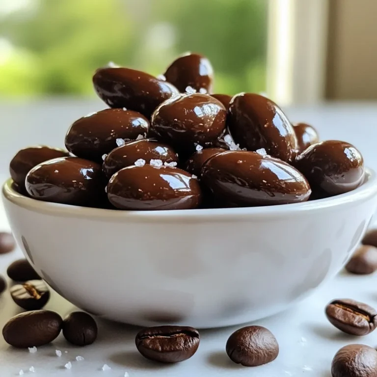 - 1 cup roasted espresso beans - 8 oz dark chocolate (70% cocoa or higher) - 1 tablespoon coconut oil (optional) - Sea salt for sprinkling - Optional: 1 teaspoon vanilla extract To make chocolate-covered espresso beans, you need just a few simple items. First, gather one cup of roasted espresso beans. These beans provide a strong, rich flavor. Next, get 8 ounces of dark chocolate. Aim for chocolate with at least 70% cocoa for a deep taste. You may also want one tablespoon of coconut oil. This oil makes the chocolate smoother and shinier, but it's not a must-have. Don’t forget sea salt! A sprinkle adds a nice contrast to the sweet chocolate. If you want to amp up the flavor, consider adding a teaspoon of vanilla extract. This ingredient is optional but gives a lovely aroma and taste. With these ingredients, you’re ready to create a tasty snack that combines the boldness of coffee with the sweetness of chocolate. {{ingredient_image_2}} To start, you need to melt the chocolate. I like to use a microwave for this. Place the dark chocolate in a microwave-safe bowl. If you want a smooth finish, add coconut oil. Heat the bowl in the microwave in 30-second intervals. Stir well after each interval. Keep heating until the chocolate melts and is creamy. If you want, add vanilla extract now for extra flavor. Mix it in well. Now, it’s time to coat the espresso beans. Take your melted chocolate and add the roasted espresso beans to the bowl. Use a spatula to gently fold the beans into the chocolate. Make sure each bean gets a nice coat of chocolate. This step is key to enjoying the full flavor. Before you coat the beans, you need to prepare your space. Line a baking sheet with parchment paper. This keeps the beans from sticking. Using a fork or slotted spoon, lift the chocolate-covered beans from the bowl. Place them on the baking sheet in a single layer. Keep some space between the beans. This will help avoid clumps. While the chocolate is still warm, sprinkle a little sea salt on top of the beans. This adds a great pop of flavor. It balances the sweet chocolate nicely. Let the chocolate-covered beans sit at room temperature until they harden. This can take about 15 to 30 minutes. For a quicker option, place the baking sheet in the fridge for about 20 minutes. Once set, check for clusters and break them apart. You’re all set to enjoy your tasty treat! To boost the chocolate flavor, consider adding a bit of vanilla extract. This adds depth and warmth to your snack. You can also try a sprinkle of cinnamon or a dash of chili powder for a unique twist. Both spices complement the rich cocoa taste and add an exciting kick. For a stunning presentation, serve your chocolate-covered espresso beans in a decorative bowl. You can also fill small mason jars for gifts. Add a ribbon for a personal touch. To make them pop, top the beans with a few whole coffee beans. This makes for a beautiful and thematic display that catches the eye. One common mistake is not melting the chocolate properly. Heat it slowly in the microwave. Stir every 30 seconds to keep it smooth. If the chocolate gets too hot, it can clump. Also, make sure to space the beans on the baking sheet. If they touch, they will stick together and create clumps. Proper spacing ensures a perfect coating. Pro Tips Choose Quality Chocolate: Use high-quality dark chocolate with at least 70% cocoa for a richer flavor and a smooth texture. Experiment with Flavors: Try adding different extracts like almond or orange to the chocolate for a unique twist on the classic recipe. Storage Tips: Keep your chocolate-covered espresso beans in an airtight container at room temperature to maintain their crunchiness. Perfect for Gifting: Package the beans in decorative bags or jars and add a personalized label for a thoughtful homemade gift. {{image_4}} You can try different chocolates. Milk chocolate is sweet and creamy. White chocolate adds a nice touch too. Each choice brings a new taste. Adding spices can also change the flavor. A pinch of cinnamon gives warmth. Chili powder adds a kick. These spices can make your snacks more exciting. For a healthier treat, use sugar-free chocolate. It cuts calories but keeps the taste. You can also add superfoods like chia seeds. They boost nutrition without changing the flavor. These small seeds can add crunch and fiber. This way, you enjoy a snack that is both tasty and good for you. You don’t have to stick to espresso beans. Try almonds, peanuts, or cashews instead. Each nut brings its own flavor and texture. Almonds are crunchy and nutty. Peanuts offer a classic taste. Cashews are creamy and smooth. But keep in mind, the base nut can change the snack's health benefits. Choose what you like best. To keep your chocolate covered espresso beans fresh, follow these simple tips: - Cool, Dry Place: Store them in a cool, dry spot. Avoid sunlight and heat. - Airtight Container: Use an airtight container to keep them fresh. This prevents moisture from entering. - Avoid Fridge: Do not refrigerate them, as this can cause condensation. It may ruin the chocolate. For best results, I recommend glass jars with tight lids. They look nice and keep air out. Chocolate covered espresso beans can last for about two weeks if stored correctly. However, they may stay good for up to a month if sealed well. Watch for these signs that they have gone stale: - White Film: A white film on the chocolate means it has started to bloom. This happens from temperature changes. - Soft Texture: If they feel soft or sticky, they may be past their prime. - Loss of Flavor: If they taste bland, it’s time to toss them. Storing them right helps you enjoy every crunchy, chocolatey bite! Yes, you can use different types of beans. While espresso beans are the best choice for this treat, you can experiment. Try using dark-roast coffee beans for a bold flavor. Light-roast beans offer a milder taste. Each type adds a unique twist to the sweet chocolate. Just ensure the beans are roasted for the best crunch. Chocolate-covered espresso beans provide several health benefits. They pack a punch of caffeine, giving you an energy boost. Each bean contains antioxidants, which are good for your body. Dark chocolate, with 70% cocoa or higher, is rich in flavonoids. These compounds help protect your heart and improve blood flow. So, enjoy these snacks guilt-free! Want crunchier beans? Here are some tips. First, make sure to use freshly roasted espresso beans. The fresher they are, the better the crunch. Second, coat them evenly in melted chocolate. This ensures every bite is crunchy and chocolatey. Lastly, allow them to cool completely before eating. A longer cooling time helps them set up nicely. You can find quality espresso beans at many places. Local coffee shops often sell freshly roasted beans. Look for specialty stores that focus on coffee. Online retailers like Amazon or dedicated coffee sites offer great options too. Always check for the roast date to ensure freshness. Quality beans make all the difference in your tasty snack! You learned how to make delicious chocolate-covered espresso beans step by step. We covered the key ingredients, melting techniques, and how to coat the beans evenly. You also explored tips for flavor, presentation, and storage options. These treats are not only tasty but also fun to make and share. Experiment with different flavors and nuts to suit your taste. Enjoy your chocolate-covered espresso beans fresh, and feel proud of your creation!